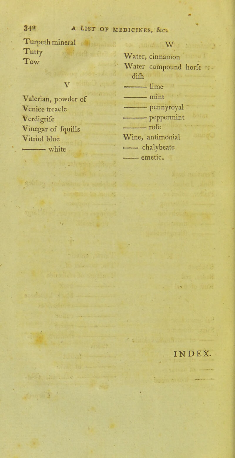 Turpeth mineral Tutty Tow- Valerian, powder of Venice treacle Verdigrife Vinegar of fquills Vitriol blue ■ white W Water, cinnamon Water compound horfe dim lime mint pennyroyal . peppermint rofe Wine, antimonial chalybeate emetic. INDEX.