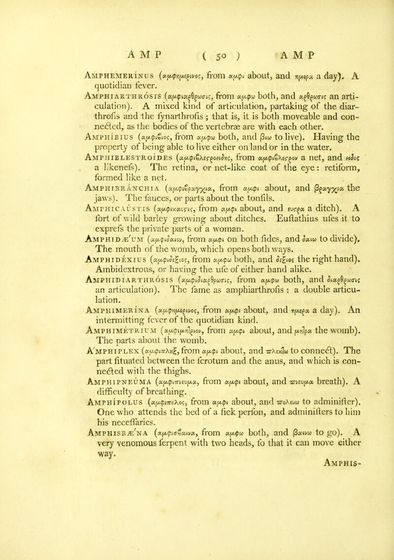 Amphemerinus (nppiiA%m?f from uytpt about, and n^tpx a day), A quotidian fever. Amphiarthrosis (uy.<pix$(>w<M, from xytpu both, and x^ua-n an arti- culation). A mixed kind of articulation, partaking of the diar- throfis and the fynarthrofis ; that is, it is both moveable and con- nected, as the bodies of the vertebrae are with each other. Amphibius (uy-tpiGw, from xytpu both, and (3iw to live). Having the property of being able to live either on land or in the water. Amphiblestroides («/Aip»6A£r§o«<foj, from xy.tp^\ir^ov a net, and «(Jcc a Dkenefs). The retina, or net-like coat of the eye: retiform, formed like a net. Amphieranchia (xixf&pxyxix, from x^tpi about, and ^xy^ix the jaws). The fauces, or parts about the tonfils. Amphicaustis (xy.tpiy.onrn, from xptpi about, and nrgx a ditch). A fort of wild barley growing about ditches. Euftathius ufes it to exprefs the private parts of a woman. Amphid^e'um (aptpiSxtov, from xptpi on both fides, and Sxiu to divide). The mouth of the womb, which opens both ways. Amphidexius (xptpiSiZios, from xptpw both, and <Jt£io? the right hand). Ambidextrous, or having the ufe of either hand alike. Amphidiarthrosis (xytpiSixfywcw;, from xytpu both, and Jia^Qgwin; an articulation). The fame as amphiarthroiis : a double articu- lation. Amphimerina (xptpyipt^vos, from xytpi about, and nyt^x a day). An intermitting fever of the quotidian kind. Amphimetrium (xptpipfyiov, from xy.<pi about, and pjlpa the womb). The parts about the womb. A'mphiplex (xy.tpnr\vi%, from xytpi about, and wAekIw to connect). The part fituatcd between the fcrotum and the anus, and which is con- nected with the thighs. Amphipneuma (xytptTTHvyx, from xytpi about, and -anuyx breath). A difficulty of breathing. Amphipolus (xytpnroho<;, from xytpi about, and woAsuu to adminifter). One who attends the bed of a tick perfon, and adminiilers to him his neceflaries. Amphisb^e'na (xytpicZxivx, from xy<pu both, and fixivu to go). A very venomous ferpent with two heads, fo that it can move either way. Amphis-