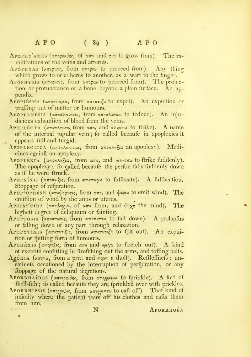 ApOphy'ades (xiropvafas, of xtto and tpvu to grow from). The ra- mifications of the veins and arteries. Apophyas (a,Tro<pvoc<;, from xttoqvu to proceed from). Any thing which grows to or adheres to another, as a wart to the finger. Apophysis (x-rrotpwn;, from uttqqvw to proceed from). The projec- tion or protuberance of a bone beyond a plain furface. An ap- pendix. Apopiesma (ty.TT07riBcry.Xi from xttotth^w to expel). An expulfion or prefhng out of matter or humours. Apoplanesis (a.7T0TrXxr/i<Ti<;, from xttottXxvxu to fcduce). An inju- dicious exhauftion of blood from the veins. Apoplecta («7ro7rAn)CTn, from xtto, and ttm<to-u to ftrike). A name of the internal jugular vein ; fo called becaufe in apoplexies it appears full and turgid. Apoplectica (xTTOTrXmnxx, from xttottX-^x an apoplexy). Medi- cines againft an apoplexy. Apoplexia ^xttottX^x, from xtto, and irXwa-u to ftrike fuddenly). The apoplexy ; fo called becaufe the perfon falls fuddenly down as if he were {truck. Apopxixis (onro-rrvfyi;, from ctTToimyu to fuffbcate). A fufFocation. Stoppage of refpiration. Apopsophesis (a7rovJ/oipwi?, from xtto, and $o<ptu to emit wind). The emiffion of wind by the anus or uterus. Afopsy'chia (xtto^v^x, of xtto from, and 4^*1 the mind). The higher! degree of deliquium or fainting. Apoptosis («7ro7TT£ocr;?, from xTT0TTi7rru to fall down). A prolapfus or falling down of any part through relaxation. Apopytixis («7ro7ruT^K, from xttott-jti^oj to fpit out). An expui- tion or fpitting forth of humours. Aporexis (a7i-cpn£i?, from xtto and optyu to frretch out). A kind of exercife confifting in ftrefbhing out the arms, and tolling balls. A^oria (xTTopix, from x priv. and -rropog a duel). Reftleffnefs ; un- ealinefs occalioned by the interruption of perforation, or any ftoppage of the natural feqretions. Aporrhaides (onrotfotiSns, from xTroppxivu to fprinkle). A fort of fhell-fifh ; fo called becaufe they are fprinkled over with prickles. Aporrhipsis (xTTo^i^g, from xtto^itttu to caft off). That kind of infinity where the patient tears off his clothes and cafls them from him. N Aporrhoea