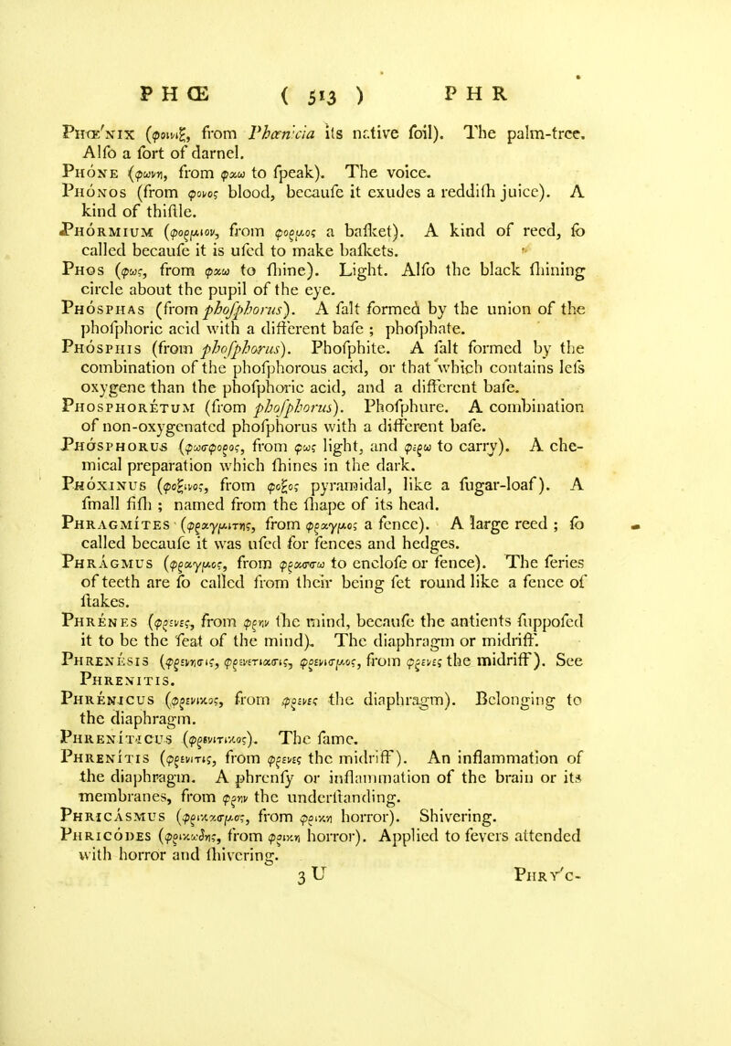 Phck'nix (p«w£, from Phoenicia its native foil). The palm-tree. Alfo a fort of darnel. Phone (<pww, from q>xu to fpeak). The voice. Phonos (from pvog blood, becaufe it exudes a reddifh juice). A kind of thifile. Phormium ((pogpiov, from ipo^ao; a bafket). A kind of reed, fo called becaufe it is ufed to make bafkets. Phos (pa?, from <pxu to fhine). Light. Alfo the black (Inning circle about the pupil of the eye. Phosphas (from phofphorus). A fait formed by the union of the phofphoric acid with a different bafe ; phofphate. Phosphis (from phofphorus). Phofphite. A fait formed by the combination of the phofphorous acid, or that which contains lefs oxygene than the phofphoric acid, and a different bafe. Phosphoretum (from phofphorus). Phofphure. A combination of non-oxygenated phofphorus with a different bafe. Phosphorus ($w<rfog8?, from pw? light, and pegu to carry). A che- mical preparation which fhines in the dark. Phoxinus (<po%i\/o;, from tpo£o; pyramidal, like a fugar-loaf). A fmall fifh ; named from the lb ape of its head. Phragmites (^aypTn?, from Qexypo; a fence). A large reed ; Co called becaufe it was ufed for fences and hedges. Phragmus (<p^«yjiAor, from fpousvu to enclofe or fence). The feries of teeth are fo called from their being fet round like a fence of Hakes. Phrenes {(p^tviif from tp^nv tlie mind, becaufe the antients fuppofed it to be the feat of the mind). The diaphragm or midriff. Phrenesis (fgEwiinc, <p^swT»«(n?, (pfl£n<rjt*of, from (p^ivtq the midriff). See Phrenitis. Phrenicus (,0j£i/iJC3?, from <p£&es the diaphragm). Belonging to the diaphragm. Phreniticus .(pgivmao?). The fame. Phrenitis (^sutc, from (p^m? the midriff). An inflammation of the diaphragm. A phrenfy or inflammation of the brain or it* membranes, from q>gm the undcrftanding. Phricasmus (^ixxa-^ff?, from <p^ka horror). Shivering. Phricodes (for/.u-Sn;, from tpoiy.n horror). Applied to fevers attended with horror and fhivcring. 3 U Phrt'c