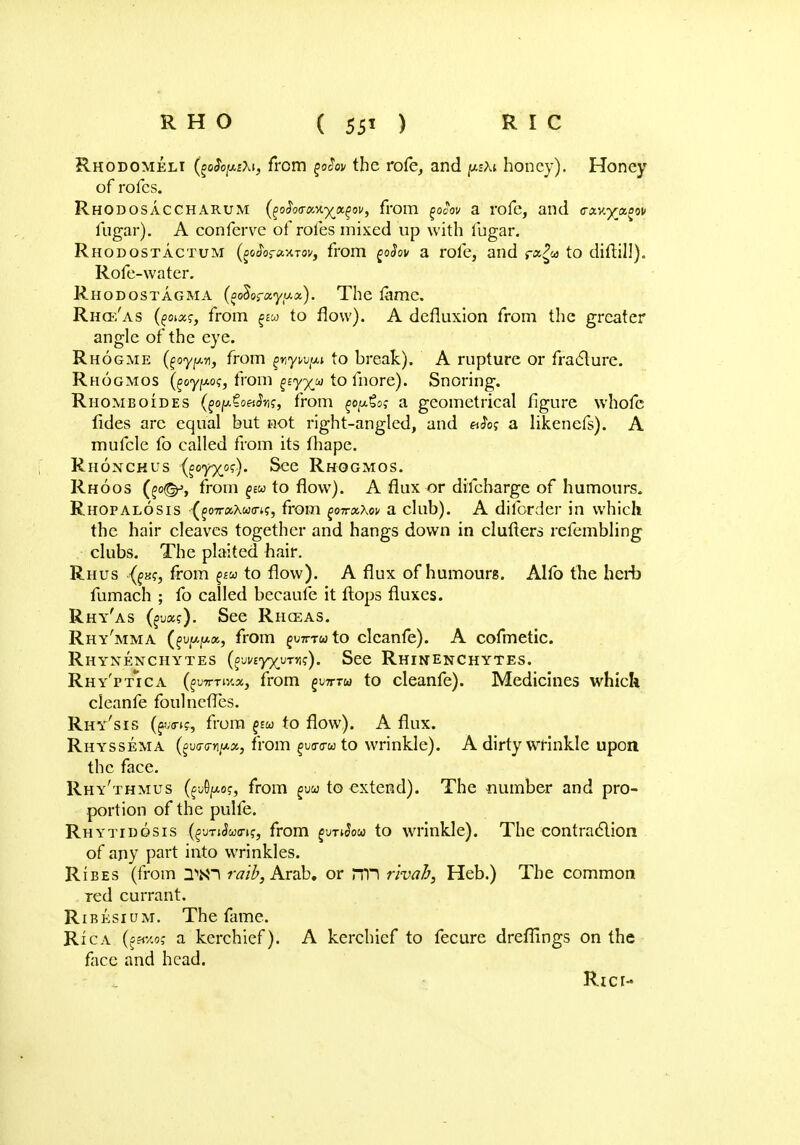 Rhodomeli QofopEXi, from $o2ov the rofe, and honey). Honey of rofes. Rhodosaccharum (^o$oGxy.yx£ov, from ^ocov a rofe, and o-xv.yxoou fugar). A conferve of rofes mixed up with lugar. Rhodostactum (jo^oraxTov, from goSov a rofe, and ra£&> to diftill). Rofe-water. Rhodostagma (^oSofxyax). The lame. Rhq/as (foiar, from §£« to flow). A defiuxion from the greater angle of the eye. Rhogme {%oypy\, from gnyvjiM to break). A rupture or fraclurc. Rhogmos (^oy^.o?, from ^yx^ to fnore). Snoring. Rhomboides (^op-CoaJvi?, from fepgo? a geometrical figure vvhofc fides arc equal but not right-angled, and eJo? a likenefs). A mufcle fo called from its fhape. Riionchus (foyx^)* See Rhogmos. Rhoos Qo(^y from to flow). A flux or difcharge of humours. Rhopalosis (^o7r«Awo-tf, from ^oirxXov a club). A diforder in which the hair cleaves together and hangs down in cluners rcfembling clubs. The plaited hair. Rhus (gxs, from %w to flow). A flux of humours. Alfo the herb fumach ; fo called becaufe it flops fluxes. Rhy'as Qvxs). See Rhceas. Rhy'mma (^um-jw.«, from gvmuto cleanfe). A cofmetic. RhYXEXCHYTES (o-jviyyyrvii;). See RHINENCHYTES. Rhy'ttica (gvn-Tw.x, from (>v7rTu to cleanfe). Medicines which cleanfe foulneffes. Rhy'sis (gw<r»f, from giu to flow). A flux. Rhyssema {%\j(t<jY[u.%, from gu<ra-wto wrinkle). A dirty wrinkle upon the face. Rhy'thmus (§sfy*o?, from guu to extend). The number and pro- portion of the pulfe. Rhytidosis (gvTiSutn?, from ^vrtSou to wrinkle). The contraction of any part into wrinkles. Ribes (from zwn raib3 Arab, or nn rhah, Heb.) The common red currant. Ribesium. The fame. Rica Qscaos a kerchief). A kerchief to fecure dreffings on the face and head. Ricr-