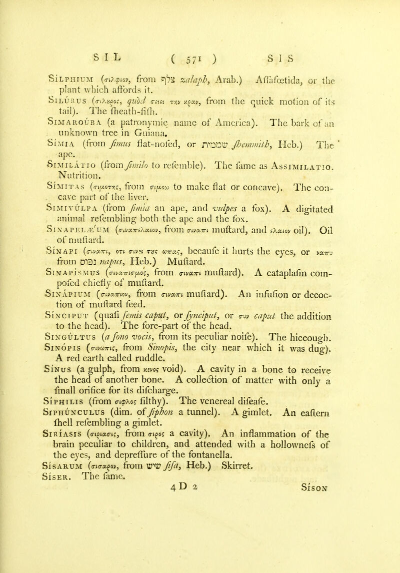 Silphium (witptov, from vpx zalaph, Arab.) Afiafcetida, or the plant which affords it. Silurus (<riA8§o?, quod irxsi tw zexv, from the quick motion of its tail). The fheath-fifh. Sim aroubA (a patronymic name of America). The bark of an unknown tree in Guiana. SLmia (from ftmus flat-nofed, or nDntt? Jhemmith, Heb.) The  ape. SiMiLATio (from ftmilo to refcmble). The fame as Assimilatio. Nutrition. Spmitas ((tiimtk, from a-^ou to make flat or concave). The con- cave part of the liver. Simivulpa (from ftmia an ape, and wipes a fox). A digitated animal refernbling both the ape and the fox. S.inapelje'um (sr.wrtihmov, from <nva7n muftard, and s\uiov oil). Oil of muflard. Sinapi (cru/aTTi, on mm tjj? uttk?, becaufe it hurts the eyes, or vavj from D13] Tiapus, Heb.) Muftard. Sinapismus (<rtva,7no-y.o't;, from o-ivonn muftard). A cataplafm com- pofed chiefly of muflard. Sinapium (o-ti/aTTioi/, from mam muftard). An infufion or decoc- tion of muflard feed. Sinciput (quafi fenm caput, or fyncipnt, or a-w caput the addition to the head). The fore-part of the head. Singultus (a fono vocis, from its peculiar noife). The hiccough. Sinopis (<ni/w7n?, from S'mopis, the city near which it was dug). A red earth called ruddle. Sinus (a gulph, from was void). A cavity in a bone to receive the head of another bone. A collection of matter with only a fmall orifice for its difcharge. Siphilis (from <n<pAo? filthy). The venereal difeafe. Siphunculus (dim. of fipbon a tunnel). A gimlet. An eaftern fhell refernbling a gimlet. Siriasis (<n§»«<nf, from <rigo$ a cavity). An inflammation of the brain peculiar to children, and attended with a hollownefs of the eyes, and deprefTure of the fontanella. Sis arum (<ri<r»£ov, from BW Jtfa, Heb.) Skirret. Siser. The fame, 4D a Sison