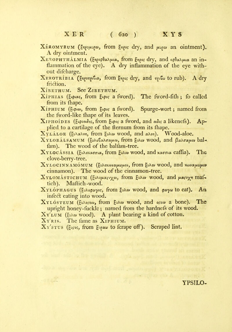 Xeromyrum (gugojiAUjsov, from dry, and pgoo an ointment). A dry ointment. Xerophthalmia {^o^xx^x, from gugoc dry, and o^xx^x an in- flammation of the eye). A dry inflammation of the eye with- out difcharge. Xerotribia (£?igoTgi€kx, from £^aj dry, and TjoiSw to rub). A dry friction. XlBETHUM. See ZlBETHUM. Xiphias (faiots, from g«foff a fword). The fword-fith ; fo called from its fhape. Xiphium (fypw, from £i<po? a fword). Spurge-wort; named from the fword-like fhape of its leaves. Xiphoides (%«poetfas, from £«po? a fword, and etSoq a likenefs). Ap- plied to a cartilage of the fternum from its fhape. Xylaloe (£v\x\ov, from %vXov wood, and xXon). Wood-aloe. Xylobalsamum (£vXo£xX<ra,y.ov, from fyxov wood, and fixXvxpov bal* fam). The wood of the balfam-tree. Xylocassia (fcvXoKxco-ict, from fyxov wood, andxx<r<na caffia). The clove-berry-tree. Xylocinnamomum from faxov wood, and y.mxpupov cinnamon). The wood of the cinnamon-tree. Xylomastichum (fcuXopxriyov, from fyxov wood, and pxrix* maf» ticfa). Maftich-wood. Xylophagus (fyxotpxyoc, from fyxov wood, and <pxyu to eat). An infecl eating into wood. Xylosteum (fyxoriov, from faxov wood, and o&ov a bone). The upright honey-fuckle; named from the hardnefs of its wood. Xy'lum (£uAoi/ wood). A plant bearing a kind of cotton. Xy'ris. The fame as Xiphium. Xy'stus (fyro;, from %fpm to fcrape off). Scraped lint. YPSILO-