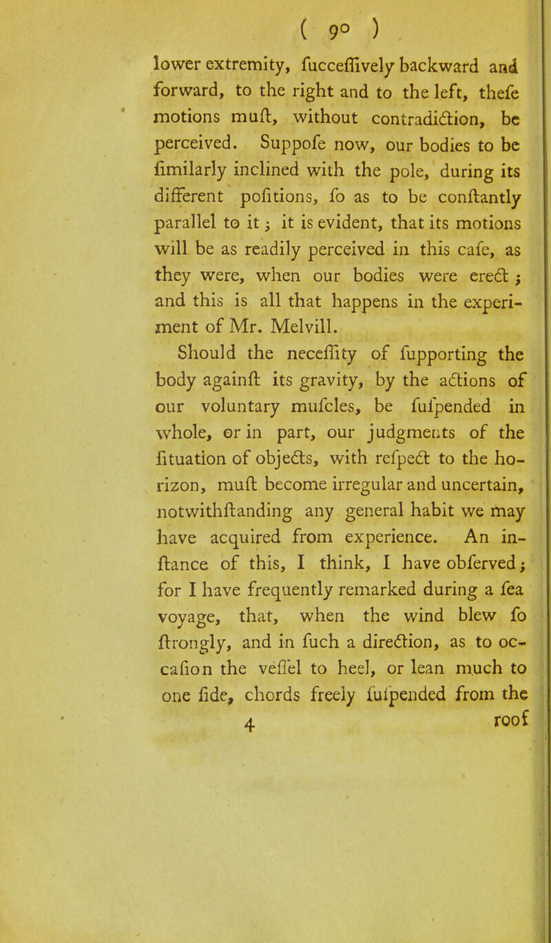 lower extremity, fuccefllvely backward and forward, to the right and to the left, thefe motions mud, without contradiction, be perceived. Suppofe now, our bodies to be fimilarly inclined with the pole, during its different pofitions, fo as to be conftantly parallel to it; it is evident, that its motions will be as readily perceived in this cafe, as they were, when our bodies were erect j and this is all that happens in the experi- ment of Mr. Melvill. Should the neceffity of fupporting the body againft its gravity, by the actions of our voluntary mufcles, be fulpended in whole, or in part, our judgments of the fituation of objects, with refpect to the ho- rizon, muit become irregular and uncertain, notwithftanding any general habit we may have acquired from experience. An in- ftance of this, I think, I have obferved; for I have frequently remarked during a fea voyage, that, when the wind blew fo ■ftrongly, and in fuch a direction, as to oc- cafion the veflel to heel, or lean much to one fide, chords freely fulpended from the 4 roof