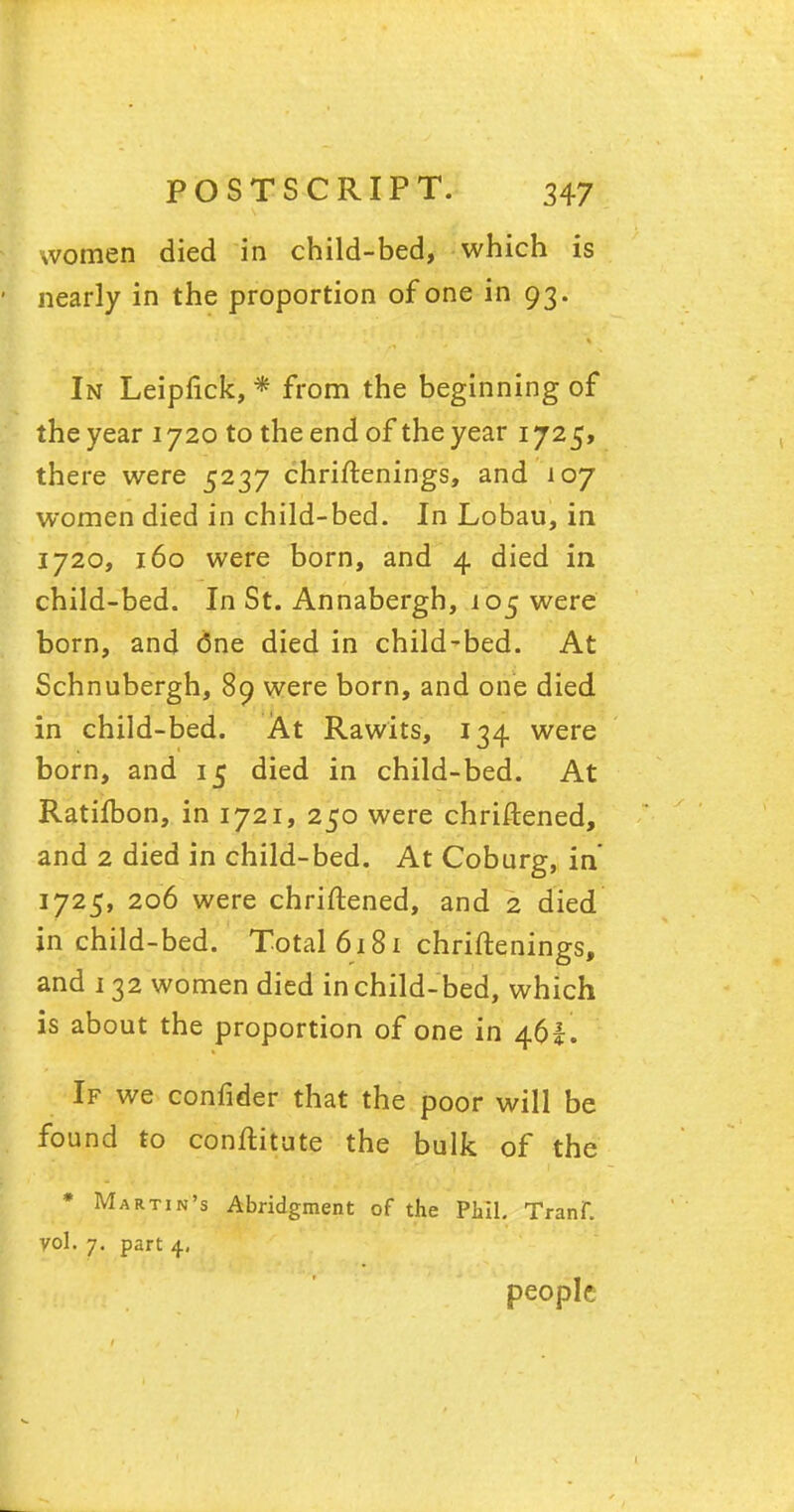 women died in child-bed, which is * nearly in the proportion of one in 93. In Leipfick, * from the beginning of the year 1720 to the end of the year 1725, there were 5237 chriftenings, and 107 women died in child-bed. In Lobau, in 1720, 160 were born, and 4 died in child-bed. In St. Annabergh, 105 were born, and <3ne died in child-bed. At Schnubergh, 89 were born, and one died in child-bed. At Rawits, 134 were born, and 15 died in child-bed. At Ratilbon, in 1721, 250 were chriftened, and 2 died in child-bed. At Coburg, in 1725, 206 were chriftened, and 2 died in child-bed. Total 6181 chriftenings, and 132 women died in child-bed, which is about the proportion of one in 46*. If we confider that the poor will be found to conftitute the bulk of the * Martin's Abridgment of the Phil. TraniT. vol. 7. part 4, people