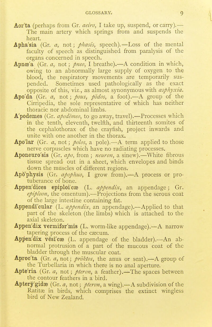 Aor'ta (perhaps from Gr. aeiiv, I take up, suspend, or carry).— The main artery which springs from and suspends the heart. Apha'sia (Gr. not j phash, speech).—Loss of the mental faculty of speech as distinguished from paralysis of the organs concerned in speech. Apnce'a (Gr. a, not; pneo, I breathe).—A condition in which, owing to an abnormally large supply of oxygen to the blood, the respiratory movements are temporarily sus- pended. Sometimes used j)athologically as the exact opposite of this, viz., as almost synonymous with asphyxia. Apo'da (Gr. a, -not; potis, podos, a foot).—A group of the Cirripedia, the sole representative of which has neither thoracic nor abdominal limbs. A'podemes (Gr. apodemeo, to go away, travel).—Processes which in the tenth, eleventh, twelfth, and thirteenth somites of the cephalothorax of the crayfish, project inwards and unite with one another in the thorax. Apo'lar (Gr. a, not; polos, a pole).—A term applied to those nerve corpuscles which have no radiating processes. Aponeiiro'sis (Gr. apo, from; 7ieuro7i, a sinew).—White fibrous tissue spread out in a sheet, which envelopes and binds down the muscles of different regions. Apo'physis (Gr. apopJmo, I grow from).—A process or pro- tuberance of bone. Appen'dices epiploi'cse (L. appendix, an appendage; Gr. epiploon, the omentum).—Projections from the serous coat of the large intestine containing fat. Appendi'cular (L. appendix, an appendage).—Applied to that part of the skeleton (the limbs) which is attached to the axial skeleton. Appen'dix vermifor'mis (L. worm-like appendage).—A narrow tapering process of the caecum. Appen'dix vesfcae (L. appendage of the bladder).—An ab- normal protrusion of a part of the mucous coat of the bladder through the muscular coat. Aproc'ta (Gr. a, not] proktos, the anus or seat).—A group of the Turbellaria in which there is no anal aperture. Apte'ria (Gr. a, not; pteron, a feather).—The spaces between the contour feathers in a bird. Aptery'gidsB (Gr. a, not ; pteron, a wing).—A subdivision of the Ratitse in birds, which comprises the extinct wingless bird of New Zealand.