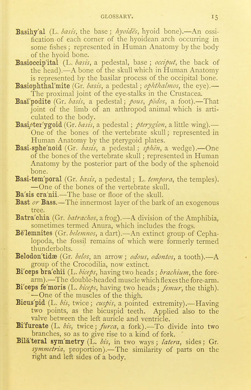 Basihy'al (L. basis, the base; hyaides, hyoid bone).—An ossi- fication of each corner of the hyoidean arch occurring in some fishes; represented in Human Anatomy by the body of the hyoid bone. Basioccip'ital (L. basis, a pedestal, base ; occiput, the back of the head).—A bone of the skull which in Human Anatomy is represented by the basilar process of the occipital bone. Basiophtharmite (Gr. basis, a pedestal; ophthalmos, the eye).— The proximal joint of the eye-stalks in the Crustacea. Basi'podite (Gr. basis, a pedestal; pons, podos, a foot).—That joint of the limb of an arthropod animal which is arti- culated to the body. Basi/ter'ygoid (Gr. basis, a pedestal; pterygion, a little wing).— One of the bones of the vertebrate skull; represented in Human Anatomy by the pterygoid plates. Basi-sphe'noid (Gr. basis, a pedestal; sphen, a wedge).—One of the bones of the vertebrate skull; represented in Human Anatomy by the posterior part of the body of the sphenoid bone. Basi-tem'poral (Gr. basis, a pedestal; L. tefupora, the temples). —One of the bones of the vertebrate skull. Ba'sis cra'nii.—The base or floor of the skull. Bast or Bass.—The innermost layer of the bark of an exogenous tree. Batra'cMa (Gr. batrachos, ^.ixog).—A division of the Amphibia, sometimes termed Anura, which includes the frogs. Be'lemnites (Gx.belemnos, a dart).—An extinct group of Cepha- lopoda, the fossil remains of which were formerly termed thunderbolts. Belodon'tidae (Gr. belos, an arrow; odoti-s, odontos, a tooth).—A group of the Crocodilia, now extinct. Bi'ceps bra'chii (L. biceps, having two heads; brachium, the fore- arm).—The double-headed muscle which flexes the fore-arm. Bi'ceps fe'moris (L. biceps, having two heads; feijiuj-, the thigh). —One of the muscles of the thigh. Bicus'pid (L. bis, twice; cuspis, a pointed extremity).—Having two points, as the bicuspid teeth. Applied also to the valve between the left auricle and ventricle. Bi'furcate (L. bis, twice; furca, a fork).—To divide into two branches, so as to give rise to a kind of fork. Bila'teral sym'metry (L. bis, in two ways; latera, sides; Gr. symmetria, proportion).—The similarity of parts on the right and left sides of a body.