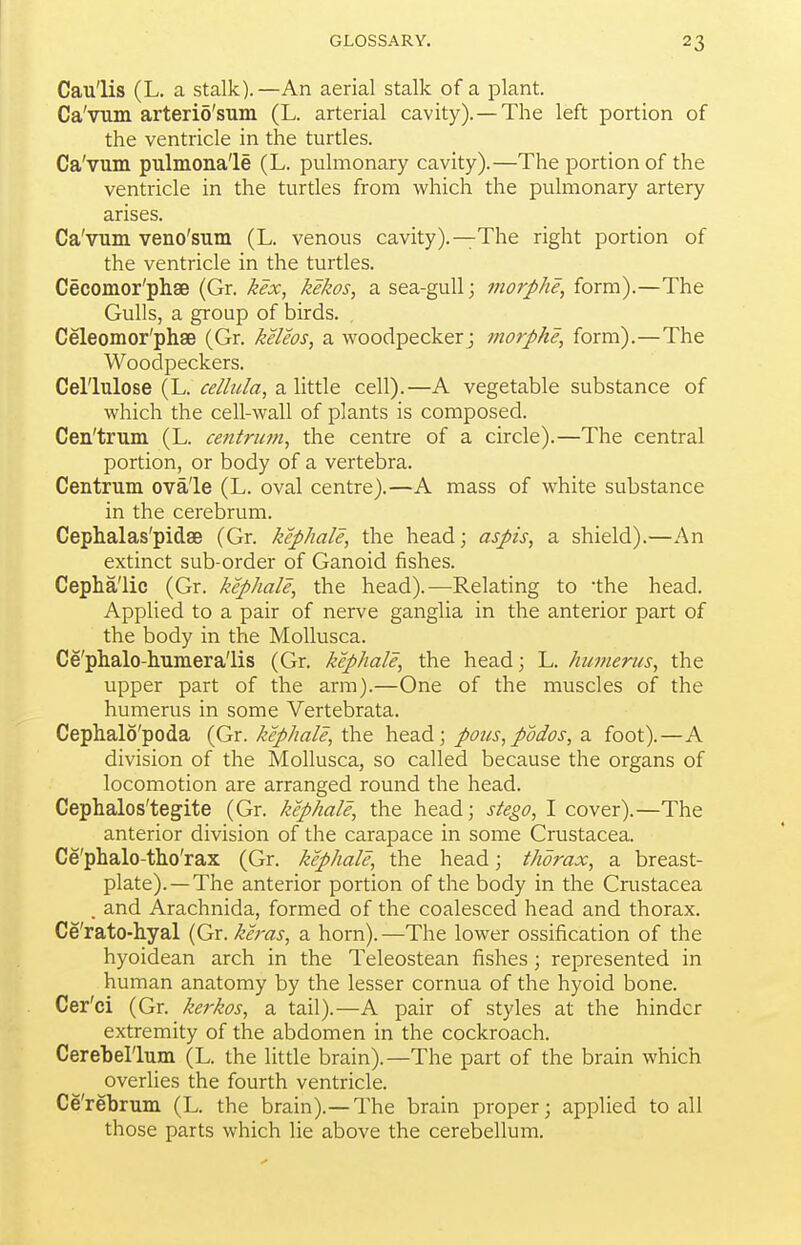 Cau'lis (L. a stalk).—An aerial stalk of a plant. Ca'vum arterio'sum (L. arterial cavity).—The left portion of the ventricle in the turtles. Ca'vum pulmonale (L. pulmonary cavity).—The portion of the ventricle in the turtles from which the pulmonary artery arises. Ca'vum veno'sum (L. venous cavity).—The right portion of the ventricle in the turtles. Cecomor'phae (Gr. kex, kekos, a sea-gull; morphe, form).—The Gulls, a group of birds. Celeomor'phae (Gr. keleos, a woodpecker; morphe, form).—The Woodpeckers. Cellulose (L. cellula, a little cell).—A vegetable substance of which the cell-wall of plants is composed. Cen'trum (L. centriwi, the centre of a circle).—The central portion, or body of a vertebra. Centrum ovale (L. oval centre).—A mass of white substance in the cerebrum. Cephalas'pidse (Gr. kephale, the head; aspis, a shield).—An extinct sub-order of Ganoid fishes. Cephalic (Gr. kephale, the head).—Relating to the head. Applied to a pair of nerve ganglia in the anterior part of the body in the MoUusca. Ce'phalo-humeralis (Gr. kephale, the head; L. humerus, the upper part of the arm).—One of the muscles of the humerus in some Vertebrata. Cephalo'poda (Gr. kephale, the. head; pous,podos, a. foot).—A division of the MoUusca, so called because the organs of locomotion are arranged round the head. Cephalos'tegite (Gr. kephale, the head; stego, I cover).—The anterior division of the carapace in some Crustacea. Ce'phalo-thio'rax (Gr. kephale, the head; thorax, a breast- plate).—The anterior portion of the body in the Crustacea . and Arachnida, formed of the coalesced head and thorax. Ce'rato-hyal (Gr. keras, a horn). —The lower ossification of the hyoidean arch in the Teleostean fishes; represented in human anatomy by the lesser cornua of the hyoid bone. Cer'ci (Gr. kerkos, a tail).—A pair of styles at the hinder extremity of the abdomen in the cockroach. Cerebellum (L. the litde brain).—The part of the brain which overlies the fourth ventricle. Ce'rebrum (L. the brain).—The brain proper; applied to all those parts which lie above the cerebellum.