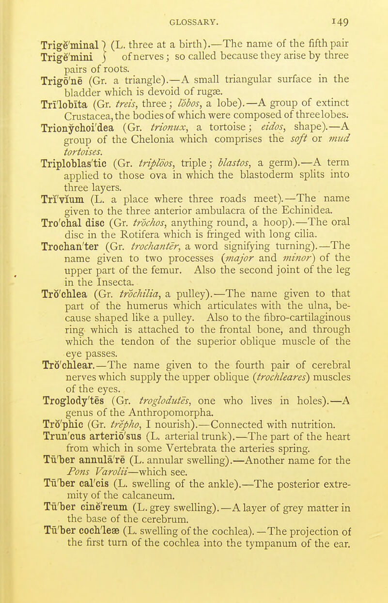 Trige'minal 7 (L. three at a birth).—The name of the fifth pair Trige'mini j of nerves; so called because they arise by three pairs of roots. Trig5'ne (Gr. a triangle).—A small triangular surface in the bladder which is devoid of rugae. Tri'lobita (Gr. treis, three j Idbos, a lobe).—A group of extinct Crustacea, the bodies of which were composed of three lobes. Trionychoi'dea (Gr. trionux, a tortoise; eidos, shape).—A group of the Chelonia which comprises the soft or ?nud tortoises. Triploblas'tic (Gr. triploos, triple; blastos, a germ).—A term applied to those ova in which the blastoderm sphts into three layers. Tri'vium (L. a place where three roads meet).—The name given to the three anterior ambulacra of the Echinidea. Tro'chal disc (Gr. trochos, anything round, a hoop).—The oral disc in the Rotifera which is fringed with long cilia. Trochan'ter (Gr. trocha?iter, a word signifying turning).—The name given to two processes (fnajor and minor) of the upper part of the femur. Also the second joint of the leg in the Insecta. Tro'chlea (Gr. trochilia, a pulley).—The name given to that part of the humerus which articulates with the ulna, be- cause shaped like a pulley. Also to the fibro-cartilaginous ring which is attached to the frontal bone, and through which the tendon of the superior oblique muscle of the eye passes. Tro'cMear.—The name given to the fourth pair of cerebral nerves which supply the upper oblique {trochleares) muscles of the eyes. Troglody'tes (Gr. troglodntes, one who lives in holes).—A genus of the Anthropomorpha. Tro'phie (Gr. trepho, I nourish).—Connected with nutrition, Trun'cus arterio'sus (L. arterial trunk).—The part of the heart from which in some Vertebrata the arteries spring. Tu'ber annula're (L. annular swelling).—Another name for the Pons Varolii—which see. Tu'ber cal'cis (L. swelling of the ankle).—The posterior extre- mity of the calcaneum. Tu'ber cine'reum (L.grey swelling).—A layer of grey matter in the base of the cerebrum. Tu'ber coch'leaB (L. swelling of the cochlea).—The projection of the first turn of the cochlea into the tympanum of the ear.