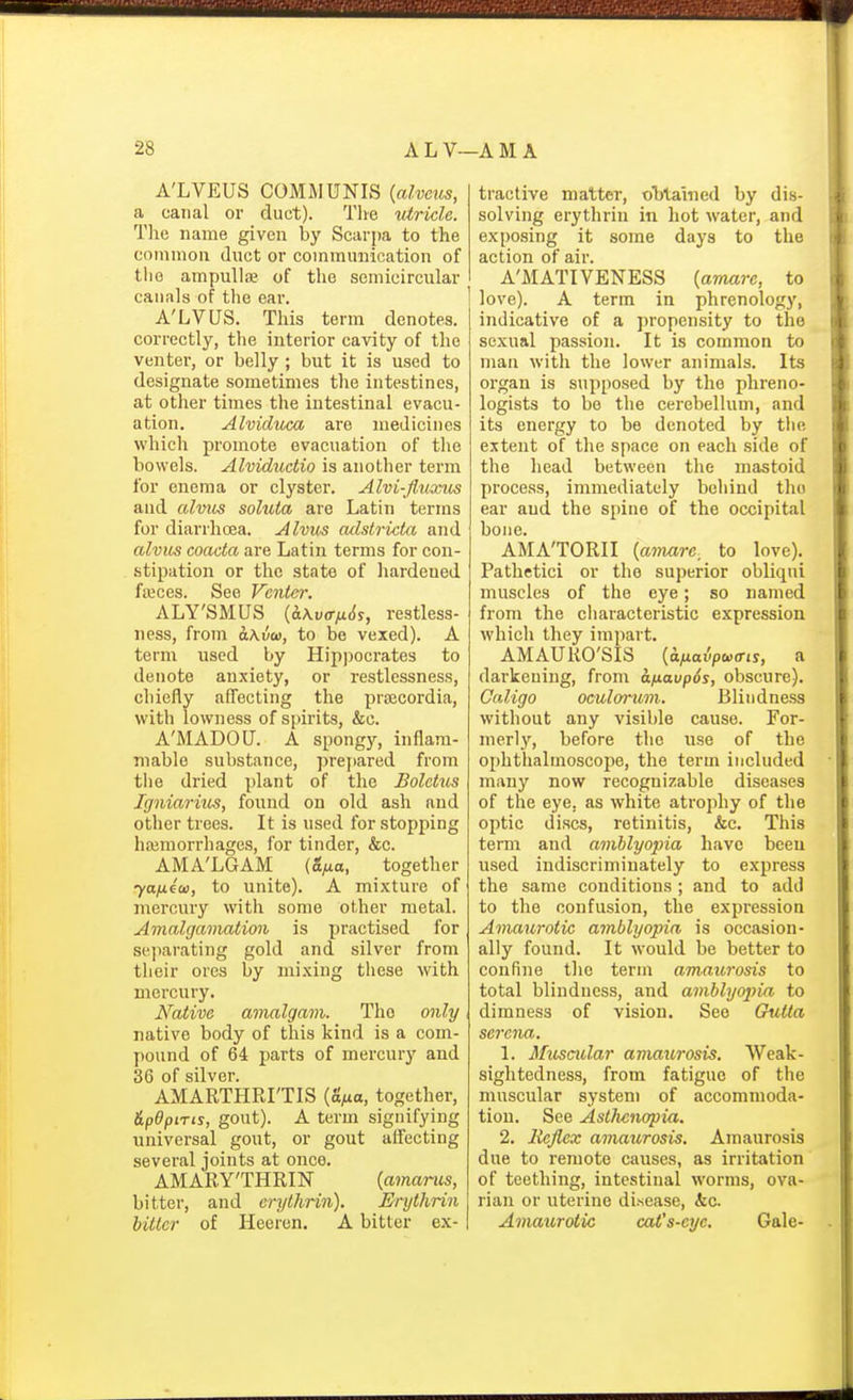 A'LVEUS COMMUNIS {alveus, a canal or duct). Tlie idricle. Tlie name given by Scarpa to the common duct or communication of the ampullae of the semicircular canals of the ear. A'LVUS. This term denotes, correctly, the interior cavity of the venter, or belly ; but it is used to designate sometimes the intestines, at other times the intestinal evacu- ation. Alvichica are medicines which promote evacuation of tlie bowels. Alvidudio is another term for enema or clyster. Alvi-fluxtis and alvios soluta are Latin terms for diarrhoea. Alvus culstricta and alvus coacta are Latin terms for con- stipation or the state of hardened faices. See Venter. ALY'SMUS {ii\v(rix6s, restless- ness, from aXvw, to be vexed). A term used by Hipi)ocrates to denote anxiety, or restlessness, chiefly affecting the prajcordia, with lowness of spirits, &o. A'MADOU. A spongy, inflam- mable substance, prejiared from the dried plant of the Boletus Igiiiarnus, found on old ash and other trees. It is used for stopping haimorrhages, for tinder, &c. AMA'LGAM (o/ia, together ya/xew, to unite). A mixture of mercury with some other metal. Amalgamation is practised for separating gold and silver from their ores by mixing these with mercury. Native amalgam. The only native body of this kind is a com- pound of 64 parts of mercury and 36 of silver. AMARTHRI'TIS (S^ua, together, &pdptTts, gout). A term signifying universal gout, or gout affecting several joints at once. AMARY'THRIN {amarus, bitter, and crythrin). Erythrin hitter of Heeren. A bitter ex- tractive matter, ©blahied by dis- solving erythrin in hot water, and exposing it some days to the action of air. A'MATIVENESS {amarc, to love). A term in phrenology, indicative of a propensity to the sexual passion. It is common to man with the lower animals. Its organ is supposed by the phreno- logists to be the cerebellum, and its energy to be denoted by the extent of the space on each side of the head between the mastoid process, immediately behind the ear and the spine of the occipital bone. AMA'TORII {amurc, to love). Pathetici or the superior obliqui muscles of the eye; so named from the characteristic expression which they impart. AMAURO'SIS {anaipuffis, a darkening, from afxavpos, obscure). Caligo oculorum. Blindness without any visible cause. For- merly, before the use of the ophthalmoscope, the term included many now recognizable diseases of the eye. as white atrophy of the optic discs, retinitis, &c. This temr and amblyopia have been used indiscriminately to express the same conditions; and to add to the confusion, the expression Amaurotic amblyopia is occasion- ally found. It would be better to confine the term amaurosis to total blindness, and amblyopia to dimness of vision. See Gv,tta Serena. 1. Musmlar amaurosis. Weak- sightedness, from fatigue of the muscular system of accommodsi- tion. See Asllicnopia. 2. Reflex amaurosis. Amaurosis due to remote causes, as irritation of teething, intestinal worms, ova- rian or uterine disease, &c. Amaurotic cat's-eye. Gale-