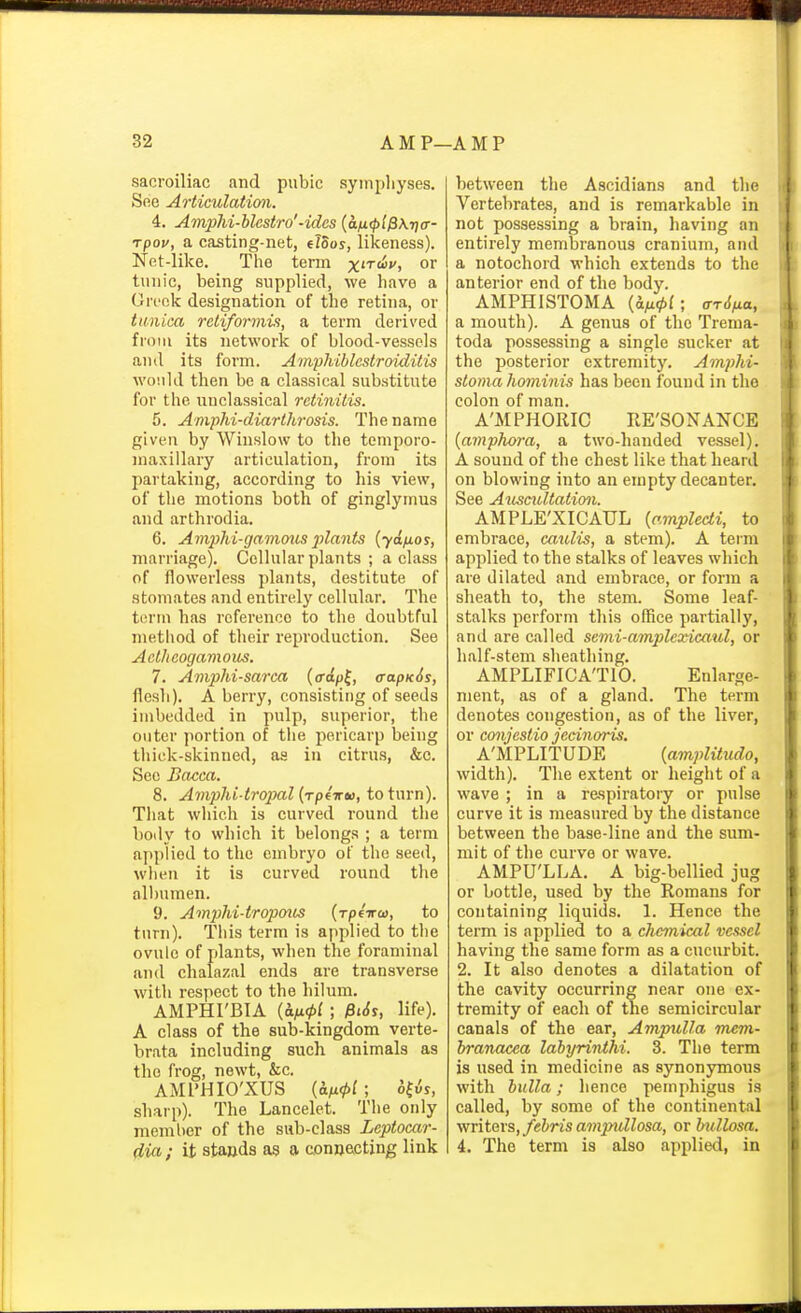 sacroiliac and pubic syinpliyses. See Articulatimi. 4. Ainphi-blestro'-ides {an<l>l$Ki]a- Tpou, a casting-net, eloos, likeness). Net-like. The term x'^cuv, or tunic, being supplied, we have a Grt'ok designation of the retina, or tunica retiformis, a term derived from its network of blood-vessels and its form. Amphiblcstrmditis woiild then be a classical substitute for the unclassieal retinitis. 5. Amphi-diarthrosis. The name given by Winslow to tlie teniporo- maxillary articulation, from its partaking, according to his view, of the motions both of ginglymus and arthrodia. 6. AmpJd-gamoits 2^lcmts {ydfios, marriage). Cellular plants ; a class of flowerless plants, destitute of stomates and entirely cellular. The term has reference to the doubtful metliod of their reproduction. See Aet/ieogamous. 7. Amphi-sarca {ffdp^, a-apK6s, flesh). A berry, consisting of seeds imbedded in pulp, superior, the outer portion of the pericarp being thick-skinned, aa in citrus, &c. See Bacca. 8. Amphi-tropal {rpfiru, to turn). Tliat which is curved round the boily to which it belongs ; a term applied to the embryo of the seed, when it is curved round the oll)umen. 9. Amphi-tropous {Tpeirca, to turn). This term is applied to the ovule of plants, when the foraminal and chalazal ends are transverse with respect to the hilum. AMPHI'BIA {&.iJi<pl ; Pi6s, life). A class of the sub-kingdom verte- brata including such animals as the frog, newt, &c. AMl'HIO'XUS {iti<pl ; sharp). The Lancelet. The only member of the sub-class Leptocar- (iia; it stands 03 a conaecting link between the Ascidians and the Vertebrates, and is remarkable in not possessing a brain, having an entirely membranous cranium, and a notochord which extends to the anterior end of the body. AMPHISTOMA (a^u^f; (rrS,ia, a mouth). A genus of the Trema- toda possessing a single sucker at the posterior extremity. Amphi- stoma hominis has been found in the colon of man. A'MPHORIC RE'SONANCE {amphora, a two-handed vessel). A sound of the chest like that heard on blowing into an empty decanter. See Atismltation. AMPLE'XICAUL {ampledi, to embrace, caulis, a stem). A term applied to the stalks of leaves which are dilated and embrace, or form a sheath to, the stem. Some leaf- stalks perform this office partially, and are called senii-amplexicaul, or half-stem sheathing. AMPLIFICA'TIO. Enlarge- ment, as of a gland. The term denotes congestion, as of the liver, or conjestio jecinoi^. A'MPLITUDE {amplitudo, width). The extent or height of a wave ; in a respiratory or pulse curve it is measured by the distance between the base-line and the sum- mit of the curve or wave. AMPU'LLA. A big-bellied jug or bottle, used by the Romans for containing liquids. 1. Hence the term is applied to a cliemical vessel having the same form as a cucurbit. 2. It also denotes a dilatation of the cavity occurring near one ex- tremity of each of the semicircular canals of the ear. Ampulla mem- branacea lahyrinthi. 3. The term is used in medicine as synonymous with bulla; hence pemphigus is called, by some of the continental viritars,febrisampidlosa, or bullosa. 4. The term is also applied, in