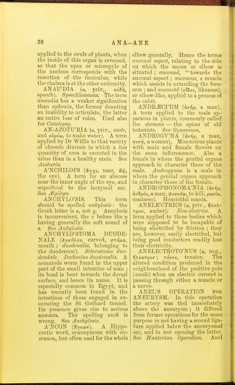 applied to tho ovule of plants, when the inside of this organ is reversed, so that the apex or micropyle of the nucleus corresponds with the insertion of the funiculus, while the chalaza is at the other extremity. ANAU'DIA (a, priv,, avS-f,, speech). Speechlessuess. The terra anaudia has a weaker signification than aphonia, the former denoting an inability to articulate, the latter an entire loss of voice. Used also for Catalepsy. AN-AZOTU'RIA [a, priv., azote, and oi/pfoi, to make water). A term applied by Dr Willis to that variety of chronic diuresis in which a less quantity of urea is excreted in the urine than in a healthy state. See Azotiiria. A'NCHII,OPS i&yxi, near, tho eye). A term for an abscess near the inner angle of the eye, and superficial to the lacrymal sac. See jEgilops. ANCHYLO'SIS. This term should be spelled anlcylosis: the Greek letter is k, not x- Ancylosis is inconvenient, the c before the y having generally the soft sound of s. See Ankylosis. ANCHYLO'STOMA DUODE- NALE (iyKuKos, curved, a-rS/Ma, mouth ; duodenalis, belonging to the duodenum). Sderostoma dtio- dendale. Dochmius duodenalis. A nematode worm found in the upper part of the small intestine of man ; its head is bent towards the dorsal surface, and hence its name. It is especially common in Egyyit, and has recently been found in the intestines of those engaged in ex- cavating the St Gothard tunnel. Its presence gives rise to serious auEEmia. The spelling ancA is wrong. See Anchylosis. A'NCON {&yKo>v). A Hippo- cratic word, synonymous with ole- cranon, but often used for the whole elbow generally. Hence the terms anconal aspect, relating to the side on which the ancon or elbow is situated; anconad, towards the anconal aspect; anconexis, a muscle which assists in extending the fore- arm ; and anconoui (elSoy, likeness), or elbow-like, applied to a process of the cubit. ANDR^CrUM {au^p, a man). A term applied to the male ap- paratus in plants, commonly called the stamens — the apices of old botanists. See Gynmceum. ANDROGY'NA (av^p, a man, yvvT), a woman). Monoecious plants with male and female flowers on the same inflorescence. Also a female in whom the genital organs approach in character those of the male. Androgynm is a male in whom the genital organs approach in character those of the female. ANDROPHONOMA'NIA {iviip, avSpos, a man, (poveiw, to kill, fxaAa, madness). Homicidal mania. ANELE'CTRICS (a, priv., rpov, amber). Non-electrics. A term applied to those bodies which were supposed to be incapable of being electrified by friction ; they are, however, easily electrified, but being good conductors readily lose tlieir electricity. ANELECTROTO'NUS (a, neg., ^XtKrpov; rovos, tension. The altered condition produced in the neighbourhood of the positive pole {anode) when an electric current is passing through either a muscle or a nerve. AN EL'S OPERATION for ANEURYSM. In this operation the artery was tied immediately above the aneurysm ; it differed from former operations for the same purpose in not having a second liga- ture apjilied below the aneurysmal sac, and in not opening the latter. See Uuntcrian Operation. Ancl