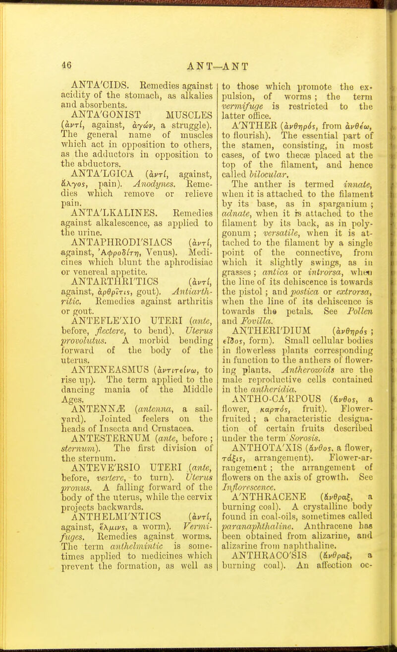 ANTA'CIDS. Remedies against acidity of the stomacli, as alkalies and absorbents. ^ ANTA'GONIST MUSCLES {avrl, against, ayd>v, a struggle). The general name of muscles which act in opposition to others, as the adductois in opposition to the abductors. ANTA'LGICA {i.uTl, against, &\yos, pain). Anodynes. Reme- dies which remove or relieve pain. ANTA'LKALINES. Remedies against alkalescence, as applied to the urine. ANTAPHRODI'SIACS {&.vtI, against, '\<ppodlrT], Venus). Medi- cines which blunt the aphrodisiac or venereal appetite. ANTARTllRI'TICS {h.vTi, against, apOptrts, gout). Antiarth- ritic. Remedies against arthritis or gout. ANTEFLE'XIO UTERI {ante, before, fiectcre, to bend). Uterus l)rovolutiis. A morbid bending forward of the body of the uterus. ANTENEASMUS {kvTn^lvui, to rise lip). The term applied to the dancing mania of the Middle Ages. ANTENNAE [antenna, a sail- yard). Jointed feelers on the heads of Insecta and Crustacea. ANTESTERNUM {ante, before ; stermom). The first division of the sternum. ANTEVE'RSIO UTERI .{ante, before, vericre, to turn). Uterus promts. A falling forward of the body of the uteras, while the cervix projects backwards. ANTHELMrNTICS {kvrl, against, eXfiivs, a worm). Vermi- fuges. Remedies against worn)s. The term anthelmintic is some- times applied to medicines which prevent the formation, as well as to those which promote the ex- pulsion, of worms ; tlie term vermifuge is restricted to the latter office. A'NTHER {SivOvpSs, from ivB^cc, to flourish). The essential part of the stamen, consisting, in most cases, of two thecse placed at the - top of the filament, and hence called biloeular. The anther is termed innate, when it is attached to the filament by its base, as in sparganium ; adnate, when it is attached to the filament by its back, as in poly- gonum ; versatile, when it is at- tached to the filament by a single point of the connective, from which it slightly swings, as in grasses ; antiea or introrsa, wh«i the line of its dehiscence is towards the i)istol; and posiica or extrorsa, when the line of its dehiscence is towards tlie petals. See Pollen and Fovilla. ANTHERI'DIUM (AvflTjpJj ; elJoy, form). Small cellular bodies in llowerless plants corresponding in function to the anthers of flower- ing plants. Antherozoids are the male reproductive cells contained in the aniheridia. ANTHO-CA'RPOUS {Ikveos, a flower, KapwSs, fruit). Flower- fruited ; a characteristic designa- tion of certain fruits described under the term Sorosis. ANTHOTA'XIS {&udos. a flower, Ta|iy, arrangement). Flower-ar- rangement ; the arrangement of flowers on the axis of growth. See Ii\florcsccncc. A'NTHRACENE {&vBpa^, a burning coal). A crystalline body found in coal-oils, sometimes called paranapMhaline. Anthracene has been obtained from alizarine, and alizarine from naphthaline. ANTHRACO'SIS {Mpal a burning coal). An att'ection oc-