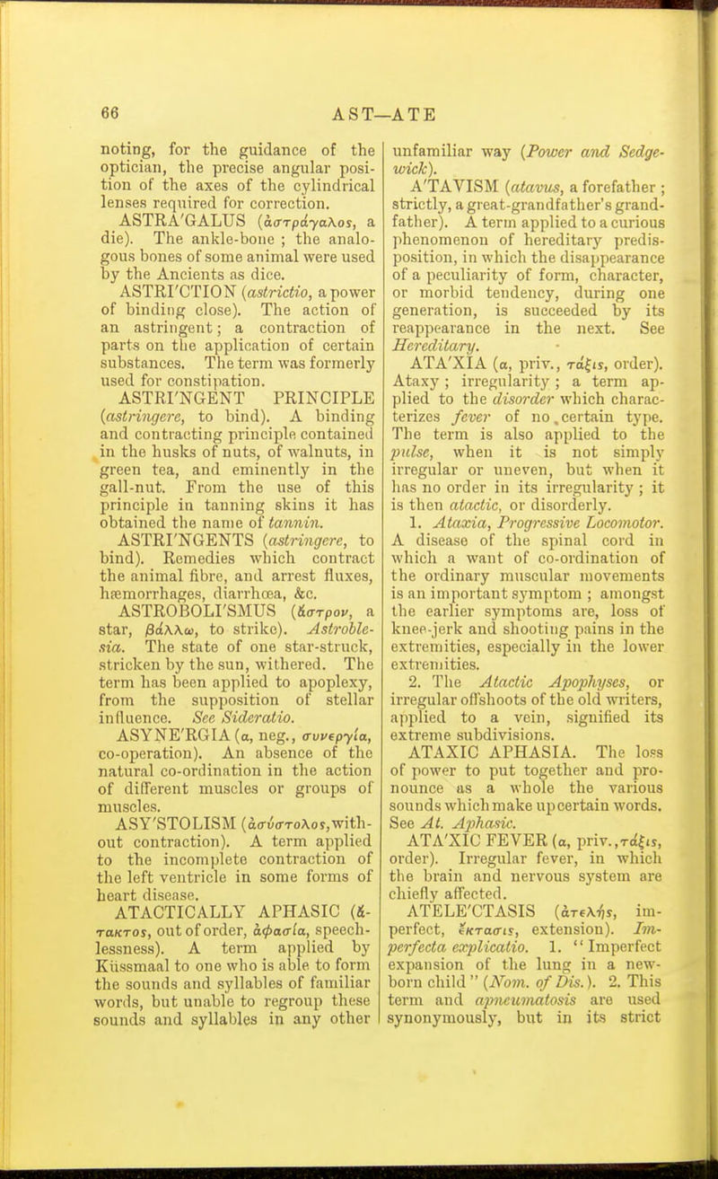 noting, for the guidance of the optician, the precise angular posi- tion of the axes of the cylindrical lenses required for correction. ASTRA'GALUS {aarpdyaXos, a die). The ankle-bone ; the analo- gous bones of some animal were used by the Ancients as dice. ASTRI'CTION (astrictio, a power of binding close). The action of an astringent; a contraction of parts on the application of certain substances. The term was formerly used for constipation. ASTRI'NGENT PRINCIPLE {astringere, to bind). A binding and contracting principle contained in the husks of nuts, of walnuts, in green tea, and eminently in the gall-nut. From the use of this principle in tanning skins it has obtained the name of tannin. ASTRI'NGENTS {astringere, to bind). Remedies which contract the animal fibre, and arrest fluxes, hemorrhages, diarrhoea, &c. ASTROBOLI'SMUS {Urpov, a star, jSaWo), to strike). Astrohle- sia. The state of one star-struck, stricken by the sun, withered. The term has been applied to apoplexy, from the supposition of stellar influence. See Sideratio. ASYNE'RGIA (a, neg., awepjla, co-operation). An absence of the natural co-ordination in the action of different muscles or groups of muscles. ASY'STOLISM (atnJa-roXoj,with- out contraction). A term applied to the incomplete contraction of the left ventricle in some forms of heart disease. ATACTICALLY APHASIC {&- raKTos, out of order, a(f>a(Tla, speech- lessness). A term applied by Kiissmaal to one who is able to form the sounds and syllables of familiar words, but unable to regroup these sounds and syllables in any other unfamiliar way {Power and Sedge- wick). A'TAVISM {atavus, a forefather ; strictly, a great-grandfather's grand- father). A term applied to a curious phenomenon of hereditary predis- position, in which the disappearance of a peculiarity of form, character, or morbid tendency, during one generation, is succeeded by its reappearance in the next. See Hereditary. ATA'XIA (a, priv., rafis, order). Ataxy; irregularity ; a term ap- plied to the disorder which charac- terizes fever of no,certain type. The term is also applied to the pulse, when it is not simply irregular or uneven, but when it has no order in its irregularity ; it is then atactic, or disorderly. 1. Ataxia, Progressive Locomotor. A disease of the spinal cord in which a want of co-ordination of the ordinary muscular movements is an important symptom ; amongst the earlier symptoms are, loss of knee-jerk and shooting pains in the extremities, especially in the lower extremities. 2. The Atactic Apophyses, or irregular oflshoots of the old wiiters, applied to a vein, signified its extreme subdivisions. ATAXIC APHASIA. The loss of power to put together and pro- nounce as a whole the various sounds which make up certain words. See At. A2}hasic. ATA'XIC FEVER (o, priv.,T<£fjs, order). Irregular fever, in which the brain and nervous system are chiefly affected. ATELE'CTASIS (oreA^s, im- perfect, (Kracris, extension). Im- perfecta explicatio. 1. Imperfect expansion of the lung in a new- born child  (iVom. of Dis.). 2. This term and apneutnatosis are used synonymously, but in its strict