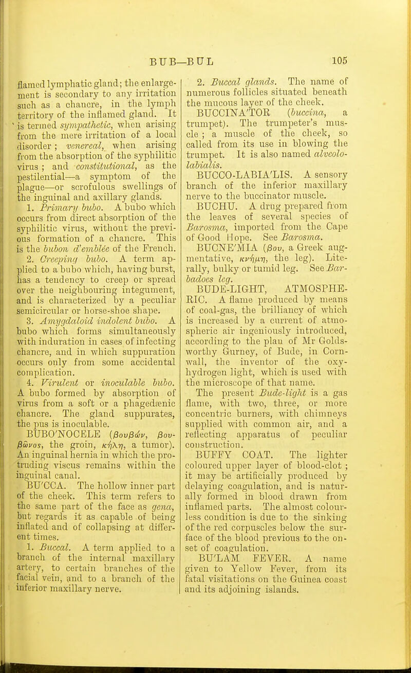 flamed lymphatic gland; the enlarge- ment is secondary to any irritation such as a chancre, in the lymph territory of the inflamed gland. It is termed sym2)athetic, when arising from the mere irritation of a local disorder; venereal, when arising from the absorption of the syphilitic virus ; and constitutional, as the pestilential—a symptom of the plague—or scrofulous swellings of the inguinal and axillary glands. 1. Primary bubo. A bubo which occurs from direct absorption of the syphilitic virus, without the previ- ous formation of a chancre. This is the bubon d'emblee of the French. 2. Crcepimi bubo. A term ap- plied to a bubo which, having burst, has a tendency to creep or spread over the neighbouring integument, and is chai'acterized bj' a peculiar semicircular or horse-shoe shape. 3. Amygdaloid indolent bubo. A bubo which forms simultaneously with induration in cases of infecting chancre, and in which suppuration occurs only fi'om some accidental complication. 4. Virulent or inoculablc bubo. A bubo formed by absorption of virus from a soft or a phagedfenic chancre. The gland suppurates, the pus is inoculable. BUBO'NOCELE {^ov^d>v, ^ov ^&vos, the groin, K-fi\r], a tumor). An inguinal hernia in which tlie pro- truding viscus remains within the inguinal canal. BU'CCA. The hollow inner part of the cheek. This term refers to the same part of the face as gena, but regards it as capable of being inflated and of collapsing at differ- ent times. 1. Buccal. A term applied to a branch of the internal maxilliuy arterj', to certain branches of the facial vein, and to a branch of tlie inferior maxillary nerve. 2. Buccal glands. The name of numerous follicles situated beneath the mucous layer of the cheek. BUCCINA'TOR {buccina, a trumpet). The trumpeter's mus- cle ; a muscle of the cheek, so called from its use in blowing the trumpet. It is also named alveola- labialis. BUCCO-LABIA'LIS. A sensory branch of the inferior maxillary nerve to the buccinator muscle. BUCHU. A drug prepared from the leaves of several species of Barosma, imported from the Cape of Good Hope. See Barosma. BUCNE'MIA Oou, a Greek aug- mentative, Kv-fjuri, the leg). Lite- rally, bulky or tumid leg. See Bar- badocs leg. BUDE-LIGHT, ATMOSPHE- mO. A flame produced by means of coal-gas, the brilliancy of which is increased by a current of atmo- spheric air ingeniously introduced, according to the plan of Mr Golds- wortliy Guruey, of Budc, in Corn- wall, the inventor of the oxy- hydrogen light, which is used with the microscope of that name. The present Bude-light is a gas flame, with two, three, or mofe concentric burners, with chimneys supplied with common air, and a reflecting apparatus of peculiar construction. BUFFY COAT. The lighter coloured upper layer of blood-clot; it may be artificially produced by delaying coagulation, and is uatur- all}' formed in blood drawn from inflamed parts. The almost colour- less condition is due to the sinking of the red corpuscles below the sur- face of the blood previous to the on- set of coagulation. BU'LAM FEVER-. A name given to Yellow Fever, from its fatal visitations on the Guinea coast and its adjoining islands.