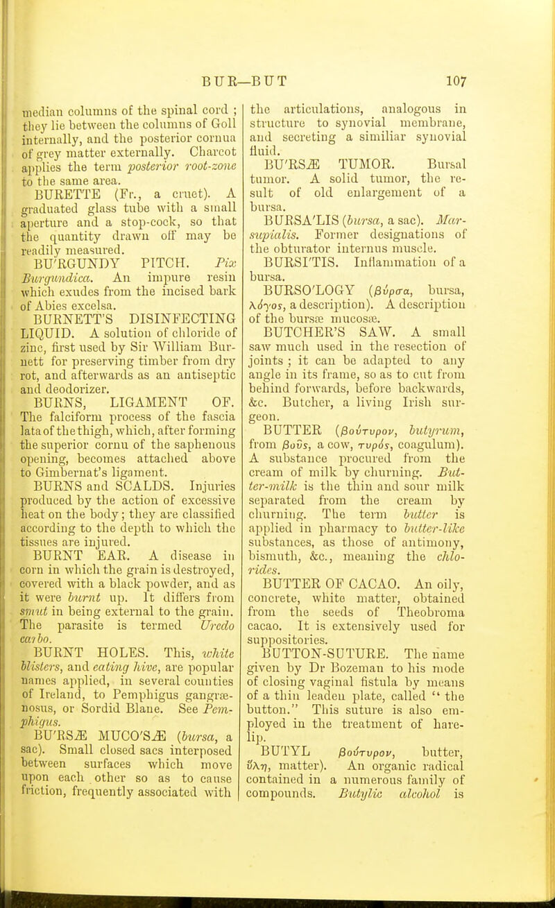 median columns of the spinal cord ; they lie between the columns of Goll internally, and the posterior cornua of grey matter externally. Charcot applies the term posterior root-zone to the same area. BURETTE (Fr., a cruet). A graduated glass tube with a small aperture and a stop-cock, so that the quantity drawn off may be readily measured. BU'RGUNDY PITCH. Fix B'urgundica. An impure resin which exudes from the incised bark of Abies excelsa. BURNETT'S DISINFECTING LIQUID. A solution of clilorido of zinc, first used by Sir William Bur- nett for preserving timber from dry rot, and afterwards as an antiseptic and deodorizer. BURNS, LIGAMENT OF. The falciform process of the fascia lata of the thigh, which, after forming the superior cornu of the saphenous opening, becomes attaclied above to Gimbernat's ligament. BURNS and SCALDS. Injuries produced by the action of excessive heat on the body; they are classified according to the depth to which the tissues are injured. BURNT EAR. A disease in corn in which the grain is destroyed, covered witli a black powder, and as it were bitimt up. It differs from smut in being external to the grain. The parasite is termed tlrcdo ca^bo. BURNT HOLES. This, icliitc hlislers, and eating hive, are popular names applied, in several counties of Ireland, to Pemphigus gangroe- Dosus, or Sordid Blaue. See Pcm- phiqus. BU'RSM MUCO'SiE {btcrsa, a sac). Small closed sacs interposed between surfaces which move upon each other so as to cause friction, frequently associated with the articulations, analogous in structure to synovial membrane, and secreting a similiar synovial fluid. BU'RSiE TUMOR. Bursal tumor. A solid tumor, the re- sult of old enlargement of a bursa. BURSA'LIS {bursa, a sac). Mar- supialis. Former designations of the obturator internus muscle. BURSITIS. Inflammation of a bursa. BURSO'LOGY {^vpcra, bursa, \6yos, a description). A description of the bursse mucosie. BUTCHER'S SAW. A small saw much used iu the resection of joints ; it can be adapted to any angle in its frame, so as to cut from behind forwards, before backwards, &c. Butcher, a living Irish sur- geon. BUTTER {^oirvpou, butyrum, from /3oSs, a cow, rvpSs, coagulum). A substance procured from the cream of milk by churning. But- ter-millc is the thin and sour milk separated from the cream by cliurning. The term hutler is applied in pharmacy to buttcr-likc substances, as those of antimony, bismuth, &c., meaning the chlo- rides. BUTTER OF CACAO. An oily, concrete, white matter, obtained from the seeds of Theobroma cacao. It is extensively used for suppositories. BUTTON-SUTURE. The name given by Dr Bozemau to his mode of closing vaginal fistula by means of a thin leaden plate, called  the button. This suture is also em- ployed in the treatment of hare- lip. BUTYL ^ovTvpov, butter, uAtj, matter). An organic radical contained in a numerous family of compounds. Butylio alcohol is
