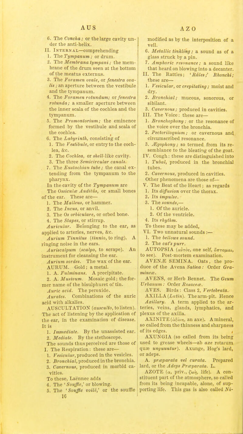 AUS AZO 6. The Concha; or the large cavity un- der the anti-helix. II. Internal—comprehending 1. The Tympanum ; or drum. 2. The Membrana tympani; the mem- brane of the drum seen at the bottom of the meatus externus. 3. The Foramen ovale, or fenestra ova- lis; an aperture between the vestibule and the tympanum. 4. The Foramen rotundum; or fenestra rotunda; a smaller aperture between the inner scala of the cochlea and the tympanum. 5. The Promontorium; the eminence formed by the vestibule and scala of the cochlea. I C. The Labyrinth, consisting of 1. The Vestibule, or entry to the coch- lea, &c. 2. The Cochlea, or jAeiMike cavity. 3. The three Semicircular canals. 7. The Eustachian tube; the canal ex- tending from the tympanum to the pharynx. In the cavity of the Tympanum are The OssicultE Audit&a, or small bones of the ear. These are— 1. The Malleus, or hammer. 2. The Incus, or anvil. 3. The Os orbiculare, or orbed bone. 4. The Stapes, or stirrup. Auricular. Belonging to the ear, as applied to arteries, nerves, &c. Aurium Tinnitus (linnio, to ring). A ringing noise in the ears. Auriscalpum (scalpo, to scrape). An instrument for cleansing the ear. Aurium sordes. The wax of the ear. AURUM. Gold; a metal. 1. A. Fulminans. A precipitate. 2. A. Musivum. Mosaic gold; the for- mer name of the bisulphuret of tin. Auric acid. The peroxide. Aurates. Combinations of the auric acid with alkalies. AUSCULTATION [ausculto, to listen). The act of listening by the application of the ear, in the examination of disease. It is 1. Immediate. By the unassisted ear. 2. Mediate. By the stethoscope. The sounds thus perceived are those of I. The Respiration: these are— 1. res(CM/n»-, produced in the vesicles. 2. Bronchial, produced in the bronchia. 3. Cavernous, produced in morbid ca- vities. To these, Laennec adds 4. The ' Souffle,' or blowing. 5. The 'Souffle voile,' or the souffle le modified as by the interposition of a veil. 6. Metallic tinkling; a sound as of a glass struck by a pin. 7. Amphoric resonance; a sound like that heard on blowing into a decanter. II. The Rattles; 'Rales;' Rhonchi; these are— 1. Vesicular, or crepitating; moist and dry. 2. Bronchial; mucous, sonorous, or sibilant. 3. Cavernous; produced in cavities. III. The Voice: these are— 1. Bronchophony; or the resonance of the voice over the bronchia. 2. Pectoriloquiim; or cavernous and circumscribed resonance. 3. jEgophony; so termed from its re- semblance to the bleati'ig of the goat. IV. Cough: these are distinguished into 1. Tubal, produced in the bronchial tubes. 2. Cavernous, produced in cavities. Other phenomena are those of— V. The Beat of the Heart; as regards 1. Its diffusion over the thorax. 2. Its impulse. 3. The sounds,— 1. Of the auricle. 2. Of the ventricle. 4. Its rhythm. To these may be added, VI. Two unnatural sounds :— 1. The bellows sound. 2. The cat's purr. AUTOPSIA (auTor, one self, Sirroiiai, to see). Post-mortem examination. AVENyE SEMINA. Oats , the pro- duce of the Avena Saliva: Order Gra- minece. AVENS, or Herb Bennet. The Geum Urbamim: Order Rosaceee. AVES. Birds : Class 2, Vertebrala. AXILLA {Latin). Thearm-pit. Hence Axillary. A term applied to the ar- teries, veins, glands, lymphatics, and plexus of the axilla. AXINITE(ufiV,i, an axe). Amineral, so called from the thinness and sharpness of its edges. , AXUNGIA (so called from its being used to grease wheels—ab axe rotarum quas unguuntur). Axunge, Hog's lard, or adeps. A. prfEparata vel curata. Prepared lard, or the Adeps Prtrparata. L. AZOTE (a, priv., life). A con- stituent part of the atmosphere, so called from its being incapable, alone, of sup- porting life. This gas is also called Ni-