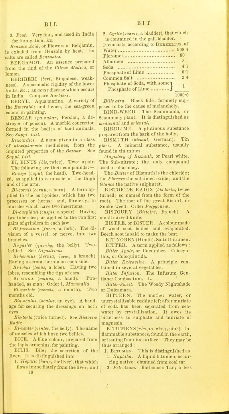 BIT 3. Fool. Very foul, and used in India for fumigation, &c. Benzoic Acid, or Flowers of Benjamin, is exhaled from Benzoin by heat. Its salts are called Benzoates. BERGAMOT. An essence prepared from the rind of the Citrus Medica, or lemon. BERIBERI {heri, Singalese, weak- ness). A spasmodic rigidity of the lower limbs, &c.; an acute disease which occurs in India. Compare Barbiers. BERYL. Aqua marina. A variety of i\ie Emerald; and hence, the sea-green colour in painting. BEZOAR (pa-zahar, Persian, a de- stroyer of poison). A morbid concretion formed in the bodies of land animals. See Suppl. List. Bezoardics. A name given to a class of alexipharmic medicines, from the imputed properties of the Bezoar. See Suppl. List. BI, BINUS (bis, twice). Two; apair. The following are their compounds:— Bi-ceps (caput, the head). Two-head- ed, as applied to a muscle of the thigh and of tlie arm. Bi-cornis {cornu, a horn). A term ap- plied to the OS hyoides, which has two processes or horns; and, formerly, to muscles which have two insertions. Bi-cuspidati [cuspis, a spear). Having two tubercles; as applied to the two first pairs of grinders in each jaw. Bi-furcation (furca, a fork). The di- vision of a vessel, or nerve, into two branches. Bi-gaster (yoo-ri/p, the belly). Two bellied. See Digastricus. Bi-hernius (hernia, tpvoc, a branch). Having a scrotal hernia on each side. Bi-lohus (lobus, a lobe). Having two lobes, resembling the tips of ears. Bi-MANA (manus, a hand). Two- handed, as man : Order 1, Mammalia. Bi-mcstris (mensis, a month). Two months old. Bin-oculus, (oculus, an eye). A band- age for securing the dressings on both eyes. Bis-torta (twice turned). See Bislorta; Radix. Bi-venter (venter, the belly). The name of muscles which have two bellies. BICE. A blue colour, prepared from the lapis armenius, for painting. BILIS. Bile; the secretion of the liver. It is distinguished into I. Hepatic (rjnap, the liver), that which flows immediately from the liver; and 19 2. Cystic (KvcTit, a bladder), that which is contained in the gall-bladder. It consists, according to Bebzelius, of Water 908-4 Picromel 80 Albumen 3 Soda 4-1 Phosphate of Lime 0-1 Common Salt 3-4 Phosphate of Soda, with someT ^ Phosphate of Lime J 1000-0 Bilis atra. Black bile; formerly sup- posed to be the cause of melancholy. BIND-WEED. The Scammonia, or Scammony plant. It is distinguished as medicinal and oriental, BIRDLIME. A glutinous substance prepared from the bark of the holly. BISMUTH (bismut, German). Tin glass. A mineral substance, usually found in tin mines. Mugislery of Bismuth, or Pearl white. The Sub-nitrate; the only compound used in pharmacy. The Butter of Bismuth is the chloride; the Flotvers the sublimed oxide; and the Glance the native sulphuret. BISTORTyE RADIX (bis torta, twice turned; so named from the form of the root). The root of the great Bistort, or Snake-weed: Order PolygonecB. BISTOURY (Bistoire, French). A small curved knife. BISTRE, or BISTER. A colour made of wood soot boiled and evaporated. Beech soot is said to make the best. BIT NOBEN (Hindu). Saltof bitumen. BITTER. A term applied as follows : Bitter Apple, or Cucumber. Colocyn- this, or Coloquintida. Bitter Extractive. A principle con- tained in several vegetables. Bitter Infusion. The Infusum Gen- tianae Com'positum. L. Bitter-Sweet. The Woody Nightshade or Dulcamara. BITTERN. The mother water, or uncrystallizable residue left after muriate of soda has been separated from sea- water by crystallization. It owes its bitterness to sulphate and muriate of magnesia. BITU'MENS (-Kirvixa, irirvv, pine). In- flammable substances, found in the earth, or issuing from its surface. They may be thus arranged: I. Bitumen. This is distinguished as 1. Naphtha. A liquid bitumen, occur- ring native; obtained from coal tar. 2. Petroleum. Barbadoes Tar; a less