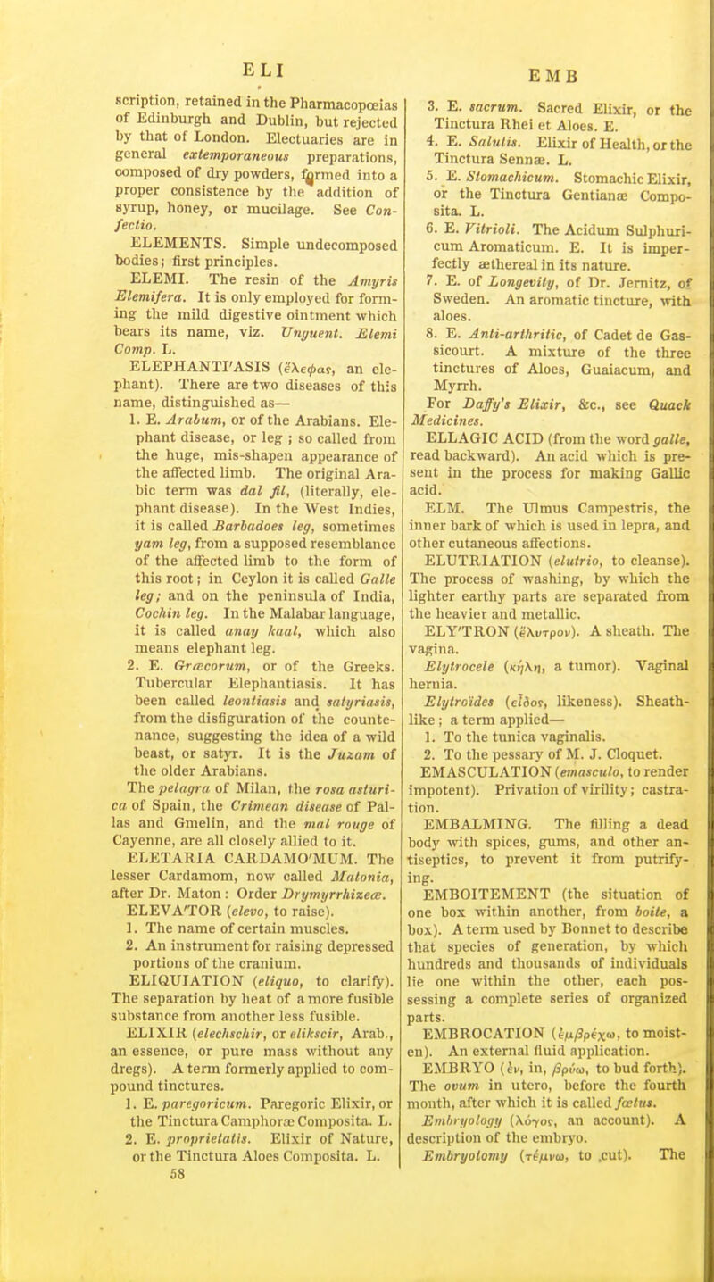 ELI scription, retained in the Pharmacopoeias of Edinburgh and Dublin, but rejected by that of London. Electuaries are in general extemporaneous preparations, composed of dry powders, ^rmed into a proper consistence by the addition of syrup, honey, or mucilage. See Con- fectio. ELEMENTS. Simple undecomposed bodies; first principles. ELEMI. The resin of the Amyris Elemifera. It is only employed for form- ing the mild digestive ointment which bears its name, viz. Unyuent. Elemi Camp. L. ELEPHANT!'ASIS (g\e0ar, an ele- phant). There are two diseases of this name, distinguished as— 1. E. Arabum, or of the Arabians. Ele- phant disease, or leg ; so called from the huge, mis-shapen appearance of the affected limb. The original Ara- bic term was dal fil, (literally, ele- phant disease). In the West Indies, it is called Barhadoes leg, sometimes yam leg, from a supposed resemblance of the aflected limb to the form of this root; in Ceylon it is called Galle leg; and on the peninsula of India, Cochin leg. In the Malabar language, it is called anay haul, which also means elephant leg. 2. E. Gracorum, or of the Greeks. Tubercular Elephantiasis. It has been called leontiasis and satyriasis, from the disfiguration of the counte- nance, suggesting the idea of a wild beast, or satyr. It is the Juiam of the older Arabians. The pelagra of Milan, the rosa asturi- ca of Spain, the Crimean disease of Pal- las and Gmelin, and the mal rouge of Cayenne, are all closely allied to it. ELETARIA CARDAMO'MUM. The lesser Cardamom, now called Malonia, after Dr. Maton : Order Drymyrrhizece. ELEVA'TOR (elevo, to raise). 1. The name of certain muscles. 2. An instrument for raising depressed portions of the cranium. ELIQUIATION (eliquo, to clarify). The separation by heat of a more fusible substance from another less fusible. ELIXIR (eZec/wcAir, or elikscir, Arab., an essence, or pure mass without any dregs). A tenn formerly applied to com- pound tinctures. 1. E. paregoricum. Paregoric Elixir, or the Tinctura Camphorac Composita. L. 2. E. proprietalis. Elixir of Nature, or the Tinctura Aloes Composita. L. 58 EMB 3. E. sacrum. Sacred Elixir, or the Tinctura Rhei et Aloes. E. 4. E. Salulis. Elixir of Health, or the Tinctura Sennse. L. 5. E. Stomachicum. Stomachic Elixir, or the Tinctura Gentiana; Compo- sita. L. 6. E. Vilrioli. The Acidum Sulphnri- cum Aromaticum. E. It is imper- fectly aethereal in its nature. 7. E. of Longevity, of Dr. Jemitz, o*' Sweden. An aromatic tincture, ■»yith aloes. 8. E. Anli-arlhritic, of Cadet de Gas- sicourt. A mixture of the three tinctures of Aloes, Guaiacum, and Myrrh. For Daffy's Elixir, &c., see Quack Medicities. ELLAGIC ACID (from the word galle, read backward). An acid which is pre- sent in the process for making Gallic acid. ELM. The Ulmus Carapestris, the inner bark of which is used in lepra, and other cutaneous afl'ections. ELUTRIATION (elutrio, to cleanse). The process of washing, by which the lighter earthy parts are separated from the heavier and metallic. ELY'TRON (gXuTpov). A sheath. The vagina. Elytrocele (ki;\(i> a tumor). Vaginal hernia. Elylro'ides {eliot, likeness). Sheath- like ; a term applied— 1. To the tunica vaginalis. 2. To the pessary of M. J. Cloquet. EMASCULATION (emasculo, to render impotent). Privation of virility; castra- tion. EMBALMING. The filling a dead body %vith spices, gums, and other an- tiseptics, to prevent it from putrify- ing. EMBOITEMENT (the situation of one box within another, from boite, a box). A terra used by Bonnet to describe that species of generation, by which hundreds and thousands of indiWduals lie one within the other, each pos- sessing a complete series of organized parts. EMBROCATION (fju/3pex<o, to moist- en). An external fluid application. EMBRYO {hv, in, /Sp.'-w, to bud forth). The ovum in utero, before tlie fourth month, after which it is called/a?/Mi. Embryology (\670r, an account). A description of the embryo. Embryotomy (renvw, to .cut). The