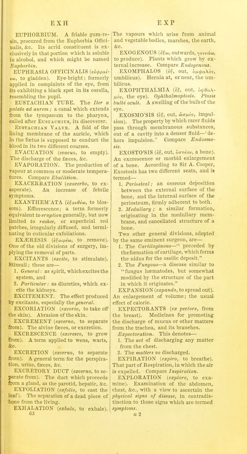 EXH EXP EUPHORBIUM. A friable gum-re- sin, procured from the Euphorbia Offici- nalis, &c. Its acrid constituent is ex- clusively in that portion which is soluble in alcohol, and which might be named Eupliorbiu. EUPHRASIA OFFICINALIS {ei^pal- va, to gladden). Eye-bright; formerly applied in complaints of the eye, from its exhibiting a black spot in its corolla, resembling the pupil. EUSTACHIAN TUBE. The Iter a palato ad aurem; a canal which extends from the tympanum to the pharynx, called after Eustachius, its discoverer. Eustachian Valve. A fold of the lining membrane of the auricle, which in the foetus is supposed to conduct the blood in its two ditferent courses. EVACUATION {evacuo, to empty). The discharge of the fceces, &c. EVAPORATION. The production of vapour at common or moderate tempera- tures. Compare Ebullition. EXACERBATION (exacerbo, to ex- asperate). An increase of febrile symptoms. EXANTHEM'ATA (efai/fieu, to blos- som). Efflorescence; a term formerly equivalent to eruption generally, but now limited to rashes, or superficial red patches, irregularly diffused, and termi- nating in cuticular exfoliations. EXiERESIS (tfaipeo), to remove). One of the old divisions of surgery, im- plying the removal of parts. EXCITANTS (excito, to stimulate). Stimuli; these are— 1. General: as spirit, which excites the system, and 2. Particular: as diuretics, which ex- cite the kidneys. EXCITEMENT. The effect produced by excitants, especially the general. EXCORIATION {excorio, to take off the skin). Abrasion of the skin. EXCREMENT (excerno, to separate from). The alvine fteces, or excretion. EXCRESCENCE {excresco, to grow from). A term applied to wens, warts, &c. EXCRETION {excerno, to separate from). A general term for the perspira- tion, urine, faeces, &c. EXCRETORY DUCT {excerno, to se- parate from). The duct which proceeds from a gland, as the parotid, hepatic, &c. EXFOLIATION (exfolio, to cast the leaf). The separation of a dead piece of bone from the living. EXHALATION {exhalo, to exhale). 63 The vapours which arise from animal and vegetable bodies, marshes, the earth, &c. EXOGENOUS (gfo), outwards, yevvd(a, to produce). Plants which grow by ex- ternal increase. Compare Endotjenous. EXOMPHALOS (ef, out, hn^a\6^, umbilicus). Hernia at, or near, the um- bilicus. EXOPHTHALMIA (ef, out, InjieaX- fioi, the eye). Ophthalmoptosis. Ptosis bulbi oculi. A swelling of the bulb of the eye. EXOSMO'SIS (cf, out, («<7/io?, impul- sion). The property by which rarer fluids pass through membranous substances, out of a cavity into a denser fluid—' de- hors impulsion.' Compare Endosmo- sis. EXOSTO'SIS (ef, out, ua-reov, a bone). An excrescence or morbid enlargement of a bone. According to Sir A. Cooper, Exostosis has two different seats, and is termed— 1. Periosteal; an osseous deposition between the external surface of the bone, and the internal surface of the periosteum, firmly adlierent to both. 2. Medullary; a similar formation, originating in the medullary mem- brane, and cancellated structure of a bone. Two other general divisions, adopted by the same eminent surgeon, are— 1. The Cartilaginous— preceded by the formation of cartilage, which forms the nidus for the ossific deposit. 2. The Fungous—a disease similar to fungus hsematodes, but somewhat modified by the structure of the part in which it originates. EXPANSION {expando, to spread out). An enlargement of volume; the usual effect of caloric. EXPECTORANTS {ex pectore, from the breast). Medicines for promoting the discharge of mucus or other matters from the trachea, and its branches. Expectoration. This denotes— 1. The act of discharging any matter from the chest. 2. The matters so discharged. EXPIRATION {expiro, to breathe). That part of Respiration, in which the air is expelled. Compare Inspiration. EXPLORATION {explore, to exa- mine). Examination of the abdomen, chest, &c., vrith a view to ascertain the physical signs of disease, in contradis- tinction to those signs which are termed symptoms. G 2