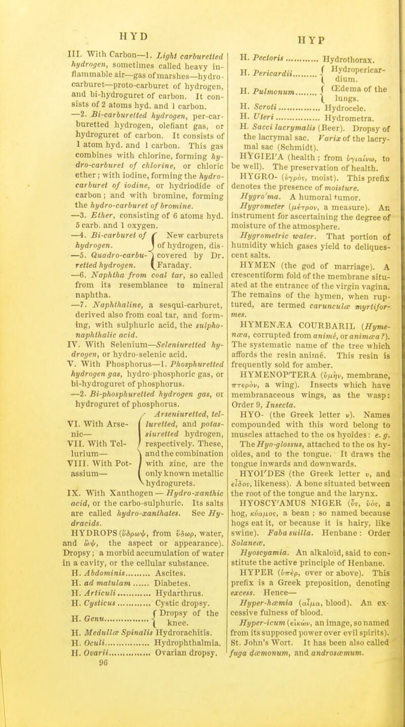 HYP III. With Carton—1. Light carburetled hydrogen, sometimes called heavy in- flammable air—gas of marshes—hydro ■ carburet—proto-carhuret of hydrogen, and bi-hydroguret of carbon. It con- sists of 2 atoms hyd. and 1 carbon. —2. Bi-carburelted hydrogen, per-car- buretted hydrogen, defiant gas, or hydroguret of carbon. It consists of 1 atom hyd. and 1 carbon. This gas combines with chlorine, forming hy- dro-carburet of chlorine, or eliloric ether; with iodine, forming the hydro- carburet of iodine, or hydriodide of carbon; and with bromine, forming tlie hydro-carburet of bromine. —3. Ether, consisting of 6 atoms hyd. 5 carb. and 1 oxygen. —i. Si-carburet of t New carburets hydrogen. \ of liydrogen, dis- —5. Quadro-carbu-^ covered by Dr. retted hydrogen. (^Faraday. —6. Naphtha from coal tar, so called from its resemblance to mineral naphtha. —7. Naphthaline, a sesqui-carburet, derived also from coal tar, and form- ing, with sulphuric acid, the sulpho- naphthalic acid. IV. With Selenium—Seleniuretted hy- drogen, or hydro-selenic acid. V. With Phosphorus—^1. Phosphuretted hydrogen gas, hydro-phosphoric gas, or bi-hydroguret of phosphorus. —2. Bi-phosphuretted hydrogen gas, or hydroguret of phosphorus. Arseniuretled, iel- VI. With Arse- j lurelted, and polas- nic— I siuretted hydrogen, VII. With Tel- / respectively. These, lurium— \ and the combination VIII. With Pot- i mth zinc, are the assium— I only known metallic Vhydrogurets. IX. With Xanthogen — Hydro-xanthic acid, or the carbo-sulphuric. Its salts are called hydro-xanthales. See Hy- dracids. HYDROPS (uapw>t, from li^Mp, water, and w-ii, the aspect or appearance). Dropsy; a morbid accumulation of water In a cavity, or the cellular substance. H. Abdominis Ascites. H. ad maiulam Diabetes. H. Articuli Hydarthrus. H. Cysticus Cystic dropsy. TT ^ f Dropsy of the H. Medulla Spinalis Hydrorachitis. H. Oculi Hydrophthalmia. H. Ovarii Ovarian dropsy. 96 II. Pectoris Hydrothorax. H. Pericardii / ydropcricar- ( dmm. H. Pulmonum / ^Idema of the (. lungs. H. Scroti Hydrocele. H. Vteri Hydrometra. H. Sacci lacrymalis (Beer). Dropsy of the lacrymal sac. Varix of the lacry- mal sac (Schmidt). HYGIEI'A (health ; from iiftaivi^, to be well). The preservation of health. HYGRO- (u7p6f, moist). This prefix denotes the presence of moisture. Hygro'ma. A humoral tumor. Hygrometer {fierpov, a measure). An instrument for ascertaining the degree of moisture of the atmosphere. Hygrnmetric water. That portion of humidity which gases yield to deliques- cent salts. HYMEN (the god of marriage). A crescentiform fold of the membrane situ- ated at the entrance of the virgin vagina. The remains of the hymen, when rup- tured, are termed carunculce myrtifor- mes. HYMEN^A COURBARIL [Hyme- neea, corrupted immanime, OT animeea?). The systematic name of the tree which affords the resin anime. This resin is frequently sold for amber. HYMENOP'TERA (vijl},v, membrane, TTTepoi/, a wing). Insects which have membranaceous wings, as the wasp: Order 9, Insecta. HYO- (the Greek letter v). Names compounded with this word belong to muscles attached to the os hyoides: e. g. The Hyo-glossus, attached to the os hy- oides, and to the tongue. It draws the tongue inwards and downwards. HYOI'DES (the Greek letter v, and eido!, likeness). A bone situated between the root of the tongue and the larj'nx. HYOSCY'AMUS NIGER (Sr, tir, a hog, Ki/a/ior, a bean ; so named because hogs eat it, or because it is hairy, like swine). Faba suilla. Henbane: Order Solanea. Hyoscyamia. An alkaloid, said to con- stitute the active principle of Henbane. HYPER (uirep, over or above). This prefix is a Greek preposition, denoting excess. Hence— Hyper-h(Emia (ai/ua, blood). An ex- cessive fulness of blood. Hyper-icum (eiKwv, an image, so named from its supposed power over evil spirits). St. Jolin's Wort. It has been also called fuga dtcmonum, and androsamum.