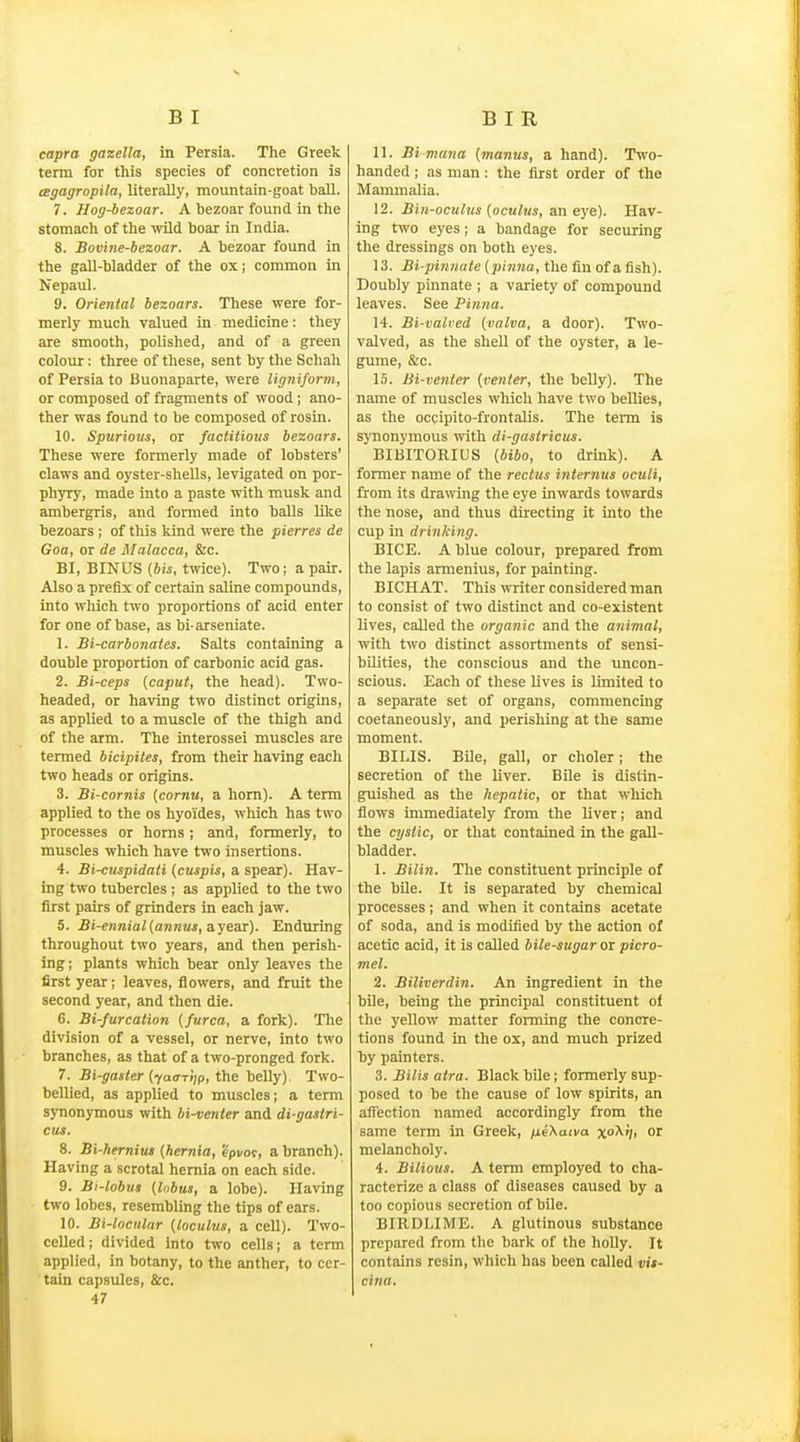 capra gazella, in Persia. Tlie Greek term for tliis species of concretion is cegagropila, literally, mountain-goat baU. 7. Hog-bezoar. A bezoar found in the stomach of the vnld boar in India. 8. Bovhie-bezoar. A bezoar found in the gaU-bladder of the ox; common in Nepaul. 9. Oriental bezoars. These were for- merly much valued in medicine: they are smooth, polished, and of a green colour: three of these, sent by the Schah of Persia to Buonaparte, were ligniform, or composed of fragments of wood; ano- ther was found to be composed of rosin. 10. Spuriovs, or factitious bezoars. These were formerly made of lobsters' claws and oyster-sheUs, levigated on por- phyry, made into a paste with musk and ambergris, and formed into halls lilce bezoars ; of this kind were the pierres de Goa, or de Malacca, &c. BI, BINUS {bis, twice). Two; a pair. Also a prefix of certain saline compounds, into which two proportions of acid enter for one of base, as bi-arseniate. 1. Bi-carbonates. Salts containing a double proportion of carbonic acid gas. 2. Bi-ceps {caput, the head). Two- headed, or having two distinct origins, as applied to a muscle of the thigh and of the arm. The interossei muscles are termed bicipites, from their having each two heads or origins. 3. Bi-cornis {cornu, a horn). A term applied to the os hyoides, which has two processes or horns ; and, formerly, to muscles which have two insertions. 4. Bi-tuspidati {cuspis, a spear). Hav- ing two tubercles ; as applied to the two first pairs of grinders in each jaw. 5. Bi-ennial{annus, ayeai). Enduring throughout two years, and then perish- ing; plants which bear only leaves the first year; leaves, flowers, and fruit the second year, and then die. 6. Bi-furcaiion {furca, a fork). The division of a vessel, or nerve, into two branches, as that of a two-pronged fork. 7. Bi-gasier (faaTtjp, the belly). Two- bellied, as applied to muscles; a term synonymous with bi-venter and di-gasiri- cus. 8. Bi-hernius {hernia, '4pvor, a branch). Having a scrotal hernia on each side. 9. Bi-lobus {Inbus, a lobe). Having two lobes, resembling the tips of ears. 10. Bi-loculnr {loculus, a cell). Two- celled; divided into two cells; a term applied, in botany, to the anther, to cer- tain capsules, &c. 47 11. Bi mana {manus, a hand). Two- handed ; as man: the first order of the Mammalia. 12. Biii-oculus {oculus, a.n ey&). Hav- ing two eyes; a bandage for securing the dressings on both eyes. 13. Bi-jiinnate {pinna, the fin of a fish). Doubly pinnate ; a variety of compound leaves. See Pinna. 14. Bi-valred {valva, a door). Two- valved, as the shell of the oyster, a le- gume, &c. 15. Bi-venter {renter, the belly). The name of muscles which have two bellies, as the occipito-frontaUs. The term is synonymous with di-gastricus. BIBITORIUS {bibo, to drink). A former name of the rectus internus oculi, from its drawing the eye inwards towards the nose, and thus directing it into the cup in drinking. BICE. A blue colour, prepared from the lapis armenius, for painting. BICHAT. This writer considered man to consist of two distinct and co-existent lives, called the organic and the animal, with two distinct assortments of sensi- bilities, the conscious and the uncon- scious. Each of these lives is limited to a separate set of organs, commencing coetaneously, and perishing at the same moment. BILIS. Bile, gall, or choler; the secretion of the liver. Bile is distin- guished as the hepatic, or that which flows immediately from the liver; and the cystic, or that contained in the gall- bladder. 1. Bilin. The constituent principle of the bile. It is separated by chemical processes; and when it contains acetate of soda, and is modified by the action of acetic acid, it is called bile-sugar or picro- mel. 2. Biliverdin. An ingredient in the bUe, being the principal constituent oi the yellow matter forming the concre- tions found in the ox, and much prized by painters. 3. Bilis atra. Black bile; formerly sup- posed to be the cause of low spirits, an affection named accordingly from the same term in Greek, /leXaii/a xo^'/i or melancholy. 4. Bilious. A term employed to cha- racterize a class of diseases caused by a too copious secretion of bile. BIRDLIME. A glutinous substance prepared from the bark of the holly. It contains resin, which has been called vit- cina.