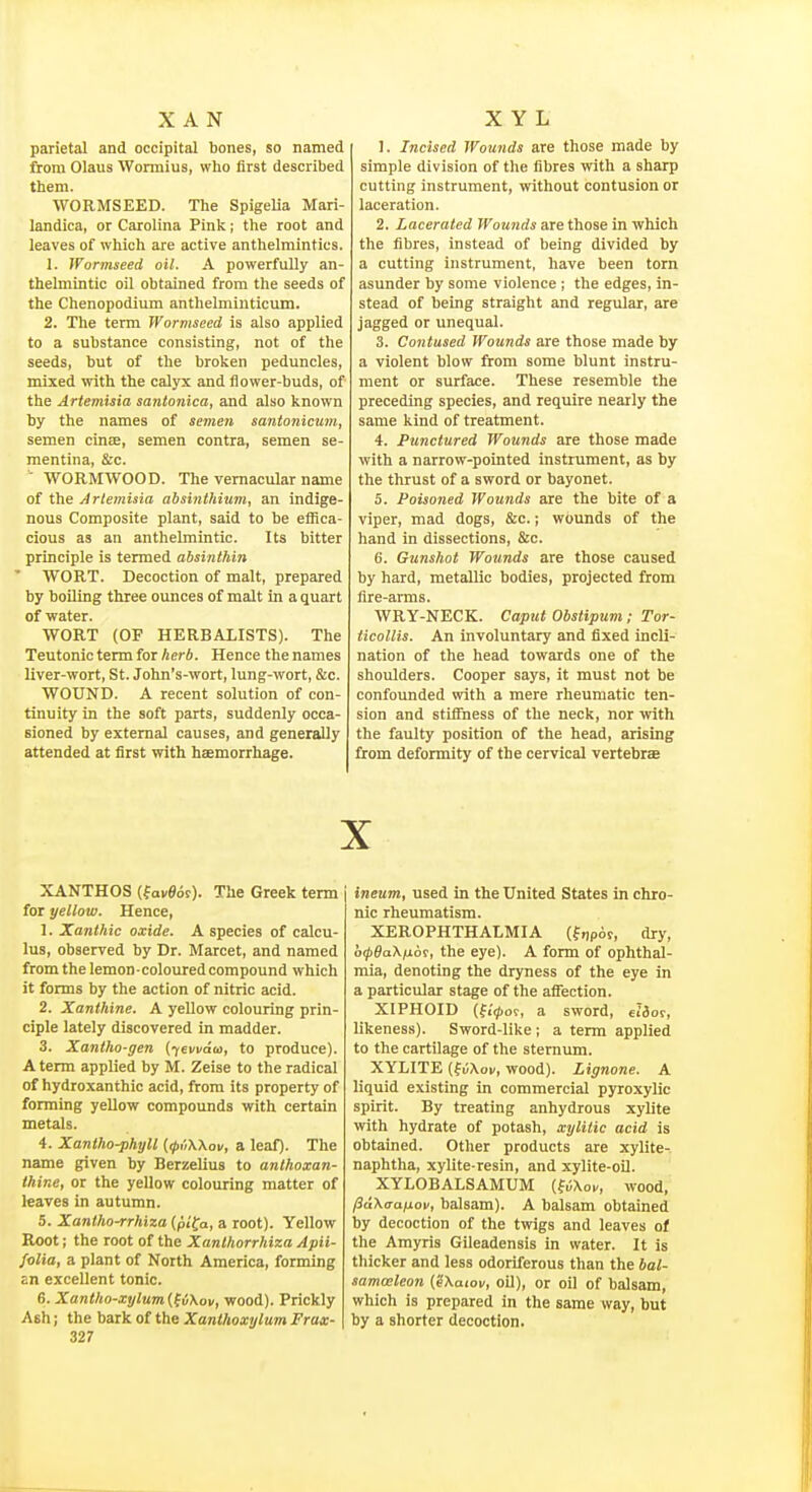 parietal and occipital bones, so named from Olaus Wormius, who first described them. WORMSEED. The Spigelia Mari- landica, or Carolina Pink; the root and leaves of which are active anthelmintics. 1. Wormseed oil. A powerfully an- thelmintic oil obtained from the seeds of the Chenopodium anthelminticum. 2. The term Wormseed is also applied to a substance consisting, not of the seeds, but of the broken peduncles, mixed with the calyx and flower-buds, of the Artemisia santonica, and also known by the names of semen santonicum, semen cina, semen contra, semen se- mentina, &c. ' WORMWOOD. The vernacular name ot itie Artemisia absinthium, an indige- nous Composite plant, said to be effica- cious as an anthelmintic. Its bitter principle is termed absinthin WORT. Decoction of malt, prepared by boiling three ounces of malt in a quart of water. WORT (OF HERBALISTS). The Teutonic term for herb. Hence the names liver-wort, St. John's-wort, lung-wort, &c. WOUND. A recent solution of con- tinuity in the soft parts, suddenly occa- sioned by external causes, and generally attended at first with hasmorrhage. 1. Incised Wounds are those made by simple division of the fibres with a sharp cutting instrument, without contusion or laceration. 2. Lacerated Wounds are those in which the fibres, instead of being divided by a cutting instrument, have been torn asunder by some violence ; the edges, in- stead of being straight and regular, are jagged or unequal. 3. Contused Wounds are those made by a violent blow from some blunt instru- ment or surface. These resemble the preceding species, and require nearly the same kind of treatment. 4. Punctured Wounds are those made with a narrow-pointed instrument, as by the thrust of a sword or bayonet. 5. Poisoned Wounds are the bite of a viper, mad dogs, &c.; wounds of the hand in dissections, &C. 6. Gunshot Wounds are those caused by hard, metallic bodies, projected from flre-arms. WRY-NECK. Caput Obstipum; Tor- ticollis. An involuntary and fixed incli- nation of the head towards one of the shoulders. Cooper says, it must not be confoimded with a mere rheumatic ten- sion and stiffness of the neck, nor with the faulty position of the head, arising from deformity of the cervical vertebrae X XANTHOS (favgof). The Greek term for yellow. Hence, 1. Xanthic oxide. A species of calcu- lus, observed by Dr. Marcet, and named from the lemon-coloured compound which it forms by the action of nitric acid. 2. Xanthine. A yellow colouring prin- ciple lately discovered in madder. 3. Xantho-gen {lemdw, to produce). A term applied by M. Zeise to the radical of hydroxanthic acid, from its property of forming yellow compounds with certain metals. 4. Xantho-phyll (<pii\\oii, a leaf). The name given by Berzelius to anlhoxan- thine, or the yellow colouring matter of leaves in autumn. 5. Xantho-rrhiza {pi^a, a root). Yellow Root; the root of the Xanthorrhiza Apii- folia, a plant of North America, forming sn excellent tonic. 6. Xantho-xylum{(6\ov, wood). Prickly Ash; the bark of the Xanthoxylum Frax- 327 ineum, used in the United States in chro- nic rheumatism. XEROPHTHALMIA (fopor, dry, otp9a\fj.6i, the eye). A form of ophthal- mia, denoting the dryness of the eye in a particular stage of the affection. XIPHOID (f<'0of, a sword, likeness). Sword-like ; a term applied to the cartilage of the sternum. XYLITE (fuXoK, wood). Lignone. A liquid existing in commercial pyroxylic spirit. By treating anhydrous xylite with hydrate of potash, xylitic acid is obtained. Other products are xylite- naphtha, xylite resin, and xylite-cil. XYLOBALSAMUM {fvXov, wood, fidXcafiov, balsam). A balsam obtained by decoction of the twigs and leaves of the Amyris Gileadensis in water. It is thicker and less odoriferous than the bal- samceleon (IXaiov, oil), or oil of balsam, which is prepared in the same way, but by a shorter decoction.