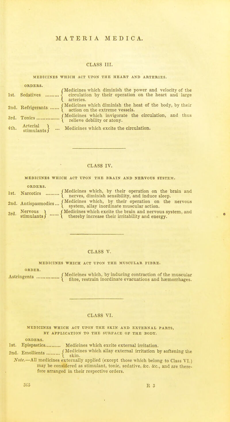 CLASS nr. MEDICINES WHICH ACT UPON THE HEART AND AMERIES. ORDERS. /■Medicines which diminish the power and velocity of the 1st. Sedatives J circulation by their operation on the heart and large I arteries. n A T) fo /Medicines which diminish the heat of the body, by their ^nd. Kelngerants | ^^^^^^ extreme vessels. „ . Tnr.-^ /Medicines which invigorate the circulation, and thus jra. ionics relieve debility or atony. stimulants 1 ■ ^^'li'^infis which excite the circulation. CLASS IV. HEDICINES WHICH ACT UPON THE BRAIN AND NERVOUS SYSTEM. 1st. Narcotics /Medicines which, by their operation on the brain and \ nerves, diminish sensibility, and induce sleep. 2nd. Antispasmodics. Nervous I 3rd. stimulants / /Medicines which, by their operation on the nervous ■ \ system, allay inordinate muscular action. /Medicines which excite the brain and nervous system, and ' t thereby increase their irritability and energy. CLASS V. MEDICINES WHICH ACT UPON THE MUSCULAR FIBRE. ORDER. Astrineents { Medicines which, by inducing contraction of the muscular ° \ fibre, restrain inordinate evacuations and haemorrhages. CLASS VI. 1st. 2nd. MEDICINES WHICH ACT UPON THE SKIN AND EXTERNAL PARTS, BY APPLICATION TO THE SURFACE OF THE BODY. ORDERS. Epispastics Medicines which excite external Irritation. Emollients /Medicines which allay external irritation by softening the l skin. Note.—All medicines externally applied (except those which belong to Class VI.) may be considered as stimulant, tonic, sedative, &c. &c., and are there- fore arranged in their respective orders.