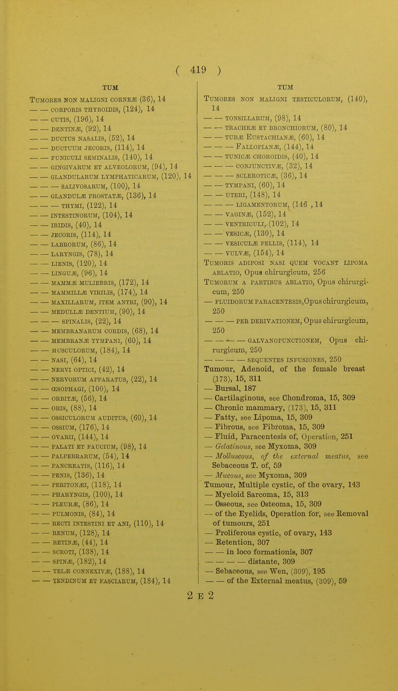 TUM TUMORES NON MALIGNI CORNEiB (36), 14 CORPORIS THTROIDIS, (124), 14 CUTIS, (196), 14 DENTINiE, (92), 14 DUCTUS NASALI3, (52), 14 — — DUCTUUM JECORIS, (114), 14 FUNICULI SEMINALIS, (140), 14 GINGIVARUM ET ALVEOLORUM, (94), 14 GLANDULARUM LYMPHATICARUM, (120), 14 SALTVOSARUM, (100), 14 GLANDULiE PROSTATiE, (136), 14 THYMI, (122), 14 rCfTESTINORUM, (104), 14 IRIDIS, (40), 14 JECORIS, (114), 14 LABRORUM, (86), 14 LARYNGIS, (78), 14 LIENIS, (120), 14 LINGUA, (96), 14 MAMMiE MULIEBRIS, (172), 14 mammilm; virhjs, (174), 14 maxillarum, item antri, (90), 14 medulla dentium, (90), 14 spinalis, (22), 14 membranarum cordis, (68), 14 membrane ttmpani, (60), 14 MascuLORUM, (184), 14 NASI, (64), 14 NERVI OPTICI, (42), 14 NERVORUM APPARATUS, (22), 14 (ESOPHAGI, (100), 14 ORBITiE, (56), 14 ORIS, (88), 14 OSSICULORUM AUDITUS, (60), 14 ossiuM, (176), 14 OVARH, (144), 14 PALATI ET FAUCIUM, (98), 14 PALPEBRARUM, (54), 14 PANCREATIS, (116), 14 PENIS, (136), 14 PERITONiEI, (118), 14 PHARYNQIS, (100), 14 PLEURiE, (86), 14 PULMONIS, (84), 14 RECTI INTESTINI ET ANI, (110), 14 RENUM, (128), 14 RETINiB, (44), 14 SCROTI, (138), 14 spiNiE, (182), 14 TELiB CONNEXIViB, (188), 14 TENDDSUM ET FASCIAEUM, (184), 14 2 TUM TUMORES NON MALIGNI TESTICULORUM, (140), 14 TONSILLARUM, (98), 14 TRACHEA ET BRONCHIORUM, (80), 14 TUBiB EuSTACHIANiE, (60), 14 FALLOPIANiE, (144), 14 TUNICiB CHOROIDIS, (40), 14 CONJUNOTIViE, (32), 14 SCLEROTICiB, (36), 14 TYMPANI, (60), 14 UTERI, (148), 14 LIGAMENTORUM, (146 , 14 VAGINiB, (152), 14 VENTRICULI, (102), 14 VESICiE, (130), 14 VESICULiB FELLIS, (114), 14 VULViE, (154), 14 TUMORIS ADIPOSI NASI QUEM VOCANT LIPOMA ABLATIO, Opus cMrurgicum, 256 TUMORUM A PARTIBUS ABLATIO, OpuS chil-urgi- cum, 250 — FLUiDORUM PARACENTESis,Opuschirurgicum, 250 PER DERIVATIONEM, Opus chiruTgicum, 250  GALVANOPUNCTIONEM, OpuS cM- rurgicum, 250 SEQUENTES INFUSIONES, 250 Tumour, Adenoid, of the female breast (173), 15, 311 — Bursal, 187 — Cartilaginous, see Chondroma, 15, 309 — Chronic mammary, (173), 15, 311 — Fatty, see Lipoma, 15, 309 — Fibrous, see Fibroma, 15, 309 — Fluid, Paracentesis of, Operation, 251 — Gelatinous, see Myxoma, 309 — Molluscous, of the external meatus, see Sebaceous T. of, 59 — Mucous, see Myxoma, 309 Tumour, Multiple cystic, of the ovary, 143 — Myeloid Sarcoma, 15, 313 — Osseous, see Osteoma, 15, 309 — of the Eyelids, Operation for, see Eemoval of tumours, 251 — Proliferous cjrstic, of ovary, 143 — Eetention, 307 in loco formationis, 307 distante, 309 — Sebaceous, see Wen, (309), 195 of the External meatus, (309), 59 E 2