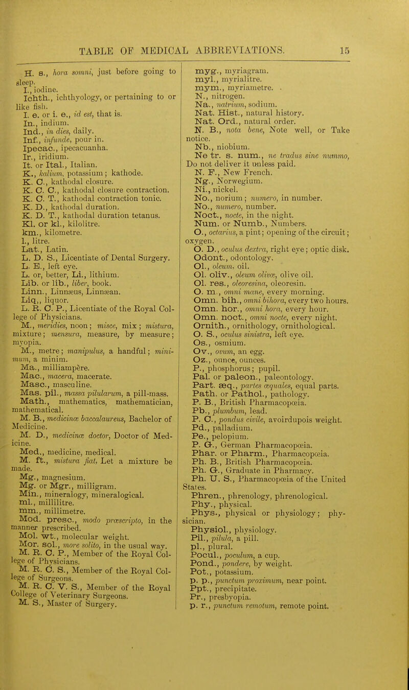 H. s., hora somni, just before going to sleep. I. , iodine. Ichth., ichthyology, or pertaining to or like fish. I. e. or i. e,, id est, that is. In., indium. Ind., in dies, daily. Inf., infunde, pour in. Ipecac, ipecacuanha. Ir., iridium. It. or Ital., Italian. K., kalium, potassium; kathode. K. C, kathodal closure. K. C. C, kathodal closure contraction. K. O. T., kathodal contraction tonic. K. D., katliodal duration. K.. D. T., kathodal duration tetanus. Kl. or kl., kilolitre, km., kilometre. 1., litre. Lat., Latin. L. D. S., Licentiate of Dental Surgery. L. B., left eye. L. or, better, Li., lithium. Lib. or lib., liber, book. Linn., Linnjeus, Linnseau. Liq,, liquor. L. E.. C. P., Licentiate of the Royal Col- lege of Physicians. M.., meridies, noon; misce, mix; mistura, mixture; rnensura, measure, by measure; myopia. M., metre; manipulm, a handful; mini- mum, a minim. Ma., milliamp&re. Mac, macera, macerate. Masc, masculine. Mas. pil., massa pilularum, a pill-mass. Math., mathematics, mathematician, mathematical. M. B., medicince baccalaureus, Bachelor of Medicine. M. D., medicincE doctor, Doctor of Med- icine. Med., medicine, medical. M. ft., mistura fiat, Let a mixture be made. Mg., magnesium. Mg. or Mgr., milligram. Min., mineralogy, mineralogical. ml., millilitre. mm., millimetre. Mod. presc, mode proesmpto, in the manner prescribed. Mol. wt., molecular weight. Mor. sol., more solito, in the usual way. M. R. C. P., Member of the Royal Col- lege of Physicians. M. R. C. S., Member of the Royal Col- lege of Surgeons. M. R. C. V. S., Member of the Royal ♦allege of Veterinary Surgeons. M. S., Master of Surgery. myg., myriagram. myl., myrialitre. mym., myriametre. . N., nitrogen. Na., natrium, sodium. Nat. Hist., natural history. Nat. Ord., natural order. N. B., nota bene. Note well, or Take notice. Nb., niobium. Ne tr. s. num., ne Iradus sine nummo. Do not deliver it unless paid. N. F., New French. Ng., Norwegium. Ni., nickel. No., norium ; numero, in number. No., numero, number. Noct., node, in the night. Num. or Numb., Numbers. O., octarius, a pint; opening of the circuit; oxygen. 0. D., oculus dextra, right eye; optic disk. Odont., odontology. Ol., oleum, oil. 01. oliv., oleum olivoe, olive oil. Ol. res., oleoresina, oleoresin. O. m., omni mane, every morning. Omn. bih., omni bihora, every two hours. Omn. hor., om?u hora, every hour. Omn. noct., omni node, every night. Ornith., ornithology, ornithological. O. S., oculus sinistra, left eye. Os., osmium. Ov., ovum, an egg. Oz., ounce, ounces. P., phosphorus; pupil. Pal. or paleon., paleontology. Part. 8Bq., partes cequales, equal parts. Path, or Pathol., pathology. P. B., British Pharmacopoeia. Pb., plumbum, lead. P. C., pondus civile, avoirdupois weight. Pd., palladium. Pe., pelopium. P. Or., German Pharmacopoeia. Phar. or Pharm., Pharmacopoeia. Ph. B., British Pharmacopoeia. Ph. G., Graduate in Pharmacy. Ph. U. S., Pharmacopoeia of the United States. Phren., phrenology, phrenological. Phy., physical. _ Phys., physical or physiology; phy- sician. Physiol., physiology. PH., pilula, a pill, pi., plural. Pocul., poculum, a cup. Pond., pondere, by weight. Pot., potassium. p. p., punctum proximum, near point. Ppt., precipitate. Pr., presbyopia. p. r., pundum remotum, remote point.