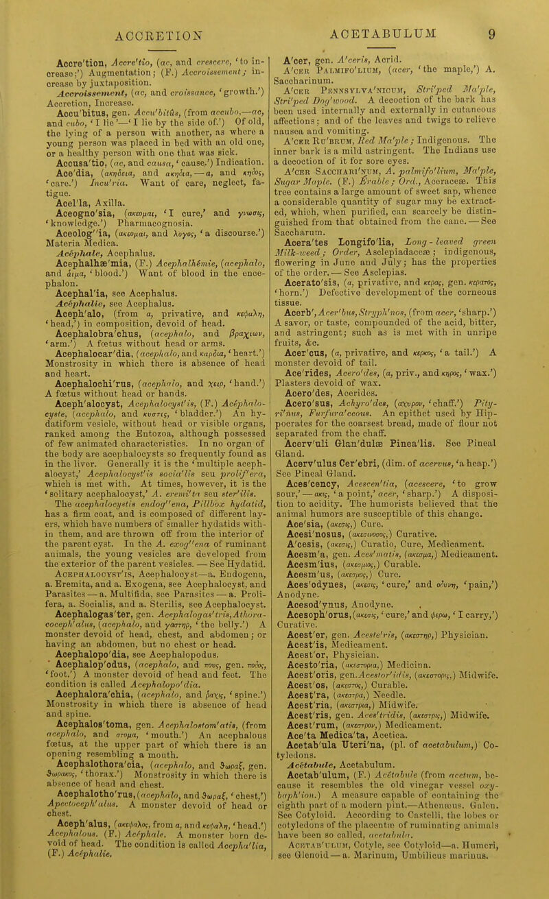 Accre'tion, Accre'tio, (ae, and ereneere, 'to in- crease;') Augmentation; [F.) Accroiimeinent; in- crease by juxtaposition. Aceraissetnent, {nc, and croissunce, 'growth.') Accretion, Increase. Aocu'bitUS, gen. AccH'bMs, (from accttbo,—ao, and cnbo, ' I lie'—' I lie by tlie side of.') Of old, the lying of a person with another, as where a young person was placed in bed with an old one, or a healthy person with one that was sick. Accusa'tio, {<ic, and causa,' cause.') Indication. Ace'dia, {aKtjSeia, and aKi)6ia, — a, and kv^i;, 'care.') Incu'riu. Want of care, neglect, fa- tigue. Acel'la, Axilla. Aceogno'sia, {oKcofiai, 'I cure,' and yuuat;, 'knowledge.') Pharuiacognosia. Aceologia, (asto^ai, and \oyog, 'a discourse.') Materia Medica. A.ce2>hale, Acephalus. Acephallise'mia, (F.) Acephalhimie, {ncephalo, and (5i/ia, ' blood.') Want of blood in the ence- phalon. Acephal'ia, see Acephalua. A.ccphalie, see Acephalus. Aceph'alo, (from a, privative, and Ke<pa\ri, 'head,') in composition, devoid of head. Acephalobra'clius, {acephalo, and ISpaxK^v, 'arm.') A foetus without head or arms. Acephalocar'dia, (acephalo, and xufiSia,'heart.') Monstrosity in which there is absence of head and heart. AcephalocM'ruB, (acephalo, and x^ip, 'hand.') A foetus without head or hands. Aceph'alocyst, Acephalocyst'is, (F.) Acfphalo- cyste, (acephalo, and kvotis, ' bladder.') An hy- datiform vesicle, without head or visible organs, ranked among the Entozoa, although possessed of few animated characteristics. In no organ of the body are acephalocysts so frequently found as in the liver. Generally it is the ' multiple aceph- alocyst,' Acephalocyst' 18 socia'lis seu prolif era, which is met with. At times, however, it is the 'solitary acephalocyst,' A. eremi'ta seu ster'ilis. The acephalocyst!s endogena. Pillbox hydatid, has a firm coat, and is composed of different laj'- ers, which have numbers of smaller hydatids with- in them, and are thrown off from the interior of the parent cyst. In the A. exogeiia of ruminant animals, the 3'oung vesicles are developed from the exterior of the parent vesicles. — See Hydatid. Acephalocyst'is, Acephalocyst—a. Endogena, a. Eremita, and a. Exogena, see Acephalocyst, and Parasites — a. Multifida, see Parasites — a. Proli- fera, a. Socialis, and a. Sterilis, see Acephalocyst. Acephalogas'ter, gen. Acephalogas'tris,Athura- coceph'alus, (acephalo, and yamnp, 'the belly.') A monster devoid of head, chest, and abdomen; or having an abdomen, but no chest or head. Acephalopo'dia, see Acephalopodus. Acephalop'odus, (acephalo, and mv^, gen. noA);, 'foot.') A monster devoid of head and feet. The condition is called Acephalopo'dia. Acephalora'cMa, (acephalo, and ^axi;, 'spine.') Monstrosity in which there is absence of head and spine. Acephalos'toma, gen. Aeephalostom'atis, (from ncephalo, and arti/ia, 'mouth.') An acephalous foetus, at the upper part of which there is an opening resembling a mouth. Acephalothora'cia, (acephalo, and Supaf, gon. ^upaxo;, 'thorax.') Monstrosity in which there is absence of head and chest. Acephalotho'rus, (r(ce;)A,rt;o, and $u>pa^,' chest,') Apectoceph'alus. A monster devoid of head or chest. Aceph'alus, {aKvjioKoq, from a, andw/joXi?, 'head.') Acephalous. (F.) Acrphale. A monster born de- void of head. The condition is called Accpha'Ua, (F.) Acephalie, A'cer, gen. A'ceris, Acrid. A'CER Palmipo'lium, {acer, 'the maple,') A. Saccharinum. A'cEU Pennsy-lva'nicum, Stri'ped J\fa'ple, Stri'ped Dorj'ioood. A decoction of the bark has been used internally and externally in cutaneous affections; and of the leaves and twigs to relievo nausea and vomiting. A'CBR Ra'BRDM, lied Ma'pie; Indigenous. The inner bark is a mild astringent. The Indians use a decoction of it for sore eyes. A'cer Sacchari'num, A. palmifo'lium, Ma'ple, Sugar Maple. (F.) £rahle ; Ord., Acaraceaei. This tree contains a large amount of sweet sap, whence a considerable quantity of sugar may be extract- ed, which, when purified, can scarcely be distin- guished from that obtained from the cane, — See Saccharum. Acera'tes Longifo'lia, Long - leaved green Milk-weed; Order, Asclepiadacese; indigenous, flowering in June and July; has the properties of the order.— See Asclepias. Aoerato'sis, (a, privative, and xcpas, gen. Kcparo;, 'horn.') Defective development of the corneous tissue. Kc&lV,Acer'bus,Stryph'no8, (from acer, 'sharp.') A savor, or taste, compounded of the acid, bitter, and astringent; such as is met with in unripe fruits, <fcc. Acer'cus, (a, privative, and ctpicof, ' a tail.') A monster devoid of tail. Ace'rides, Acero'des, (a, priv., and «i;pos,' was.') Plasters devoid of wax. Acero'des, Acerides. Acero'sus, Achyro'des, {axvpov, 'chaff.') Pity- ri'nus, Furfura'ceous. An epithet used by Hip- pocrates for the coarsest bread, made of flour not separated from the chaff. Aoerv'uli Glan'dulss Pinea'lis. See Pineal Gland. Acerv'ulus Cer'ebri, (dim. of acervus, 'aheap.') See Pineal Gland. Aces'cency, Acescen'tia, (aeescere, 'to grow sour,' — aids, ' a point,'ocec, 'sharp.') A disposi- tion to acidity. The humorists believed that the animal humors are susceptible of this change. Ace'sia, (oKems,) Cure. Acesi'nosus, (tucroiiwof,) Curative. A'cesis, (mcais,) Curatio, Cure, Medicament. Aoesm'a, gen. Aces'mntis, (aKcafia,) Medicament. Acesm'ius, (aKtaino^,) Curable. Acesm'us, (amiiag,) Cure. Aces'odynes, (a^uif, 'cure,' and o^vvrj, 'pain,') Anodyne. Acesod'ynus, Anodyne. Acesoph.'orus, (owffij,' cure,' and ^epu,' I carry,') Curative. Acest'er, gen. Aceste'ris, {axtarrip,) Physician. Acest'is, Medicament. Acest'or, Physician. Acesto'ria, ((iKtmopm,) Medicina. Acest'oris, gon.Aceslor'idIs, (axttrropiq,) Midwife. Acest'os, (uKtaTOi,) Curable. Acest'ra, (aKcarpa,) Needle. Acest'ria, (aKcarpia,) Midwife. Acest'ris, gen. Acea'tridie, (oKcarpi?,) Midwife. Acest'rum, (aKurrpov,) Medicament. Ace'ta Medica'ta, Acetica. Acetab'ula TJteri'na, (pi. of acetahuhm,)' Co- tyledons. Acetnbule, Acetabulum. Acetab'ulum, (F.) Acetabule (from ncetmn, be- cause it resembles the old vinegar vessel oxy- bnph'ion.) A measure capable of containing the eighth part of a modern pint.—Athenanis. Galen. See Cotyloid. According to Castclli, the lobes or cotyledons of the placentio of rumiunting animals have been so called, acelabnla. Ackt.ab'ulum, Cotylc, see Cotyloid—a. Humeri, see Glenoid — a. Marinum, Umbilicus mariuua.