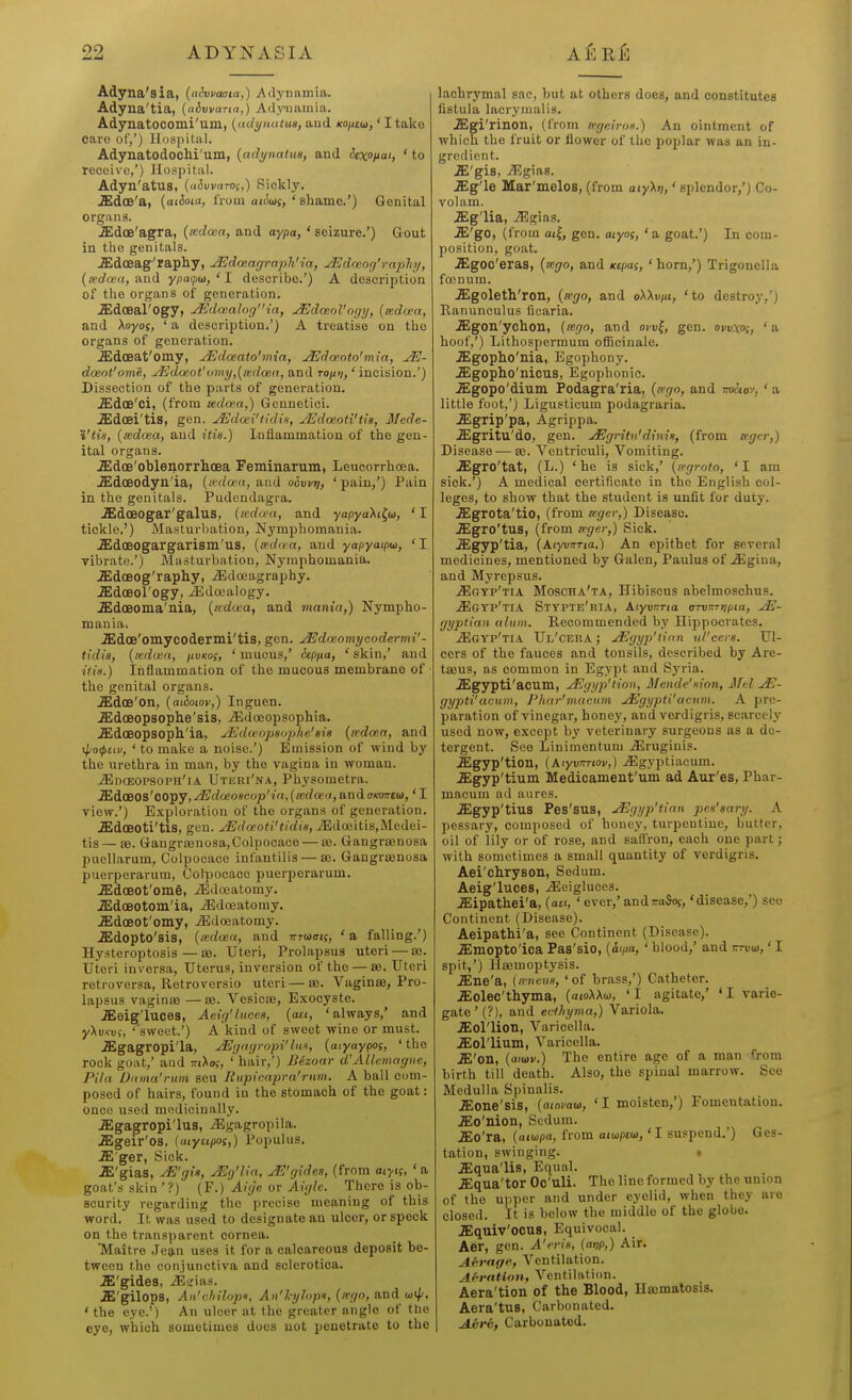 Adyna'sia, (aSwaaia,) Ailynnmia. Adyna'tia, {niwami,) Adynamia. Adynatocomi'um, {adyuatua, and KOjicu),' I tako care of,') Hospital. Adynatodochi'uin, {achjnatus, and Jcc/'a'j ' to recoivo,') Hospital. Adyn'atus, {adwaroq,) Sickly. .Xdce'a, {aiioia, from aiciujf, * sliamc.') Genital organs. .SldoB'agra, {itda^a, and aypa, ' seizure.') Gout in tho genitals. .ffidoeag'raphy, ^doeagrnpli'ia, JEdosog'rapJiij, (sedoea, and ■yi)a<p<a, ' I describe.') A description of the organs of generation. .ffidoearogy, JEda:alogia, ^dceoVoriy, {lediea, and Xoyof, ' a description.') A treatise on the organs of generation. .ffidoeat'omy, JEdoeato'mia, ^dcnoto'min, JE- dceot'ome, JEdoeot'omy,[ip.dcea, and to//v> ' incision.') Dissection of the parts of generation. .Sdoe'ci, (from mdoea,) Gennetici. .Sldoei'tis, gen. ^doei'tidin, yEdveoti'tis, Mede- Vtis, [mdcea, and itis.) Inflammation of the gen- ital organs. .ffidoe'cblenorrhoea Feminarum, Leucorrhoea. .ffidceodyn'ia, (a.'f/ccct, and oiuvi?, 'pain,') Pain in the genitals. Pudendagra. ^dcBOgar'galuS, (arftcre, and yapya\i{,ui, ' I tickle.') Masturbation, Nymphomania. .ffidoeogargarism'us, {sndtra, and yapyatpw, 'I vibrate.') Masturbation, Nymphomania. .ffidceog'rapliy, iEdoeagraphy. .ffidoeorogy, j3i)docalogy. .SldcBoma'aia, {icdoea, and mania,) Nympho- mania. .ffildoe'omycoderini'tis, gen. JEdoeomycodermi'- tidia, {xdiea, ixvko;, ' mucus,' Sip/ia, ' skin,' and itia.) Inflammation of the mucous membrane of the genital organs. .ffidoe'on, (miotov,) Inguen. -Edoeopsophe'sis, ^doeopsophia. .ffidoeopsoph'ia, yEdwopaophe'sis {mdma, and \po<pew, ' to make a noise.') Emission of wind by the urethra in man, by the vagina in woman. .^DasopsoPH'iA Uteri'na, Physometra. MdL<SOS'oO'pj,^dceo8(:op'in,{mdoe(i,&ndaK(mcu), '1 view.') Exploration of the organs of generation. .ffidoeoti'tis, gen. ^(/a'o^^■'</rfls,-^doeiti8,Medei- tis — 88. Gangrasnosa.Golpocace — aj. Gangrenosa puellarum, Colpocaco infantilis — a). Gangrenosa puerperarum, Colpocace puerperarum. JEdceot'ome, iEdreatomy. .Edoeotom'ia, .^doeatomy. JEdoeot'omy, ^dceatomy. .ffidopto'sis, (xdcea, and TTTuai;, ' a falling.') Hysteroptosis—aa. Uteri, Prolapsus uteri — a3. Uteri inversa. Uterus, inversion of the — as. Uteri retroversa. Retroversio uteri—SB. Vaginae, Pro- lapsus vaginas —se. Vesicte, Exocyste. .ffieig'Iuces, Aeig'luces, (ati, 'always,' and yXuvu{, ' sweet.') A kind of sweet wine or must. .ffigagropi'la, jEyagropVIm, (oiyaypoj, 'the rock goat,' and otXo;, ' hair,') Bizoar d'Allemagiie, Pila D'lma'rum seu Rupieapra'riim. A ball com- posed of hairs, found in the stomach of the goat: once used medicinally. .ffigagropi'lus, ^Egagropila. .ffigeir'os, (aiytipoi,) Populus. .ffi'ger, Sick. .ffi'gias, ^E'gia, JSg'lia, jE'gides, (from aiyn, ' a goat's skin ' 1) (F.) Auje or Aigle. There is ob- scurity regarding the precise meaning of this word. It was used to designate an ulcer, or speck on the transparent cornea. Maitre Jean uses it for a calcareous deposit be- tween the conjunctiva and sclerotica. .ffi'gides, iEirias. Sl'gilops, An'chilopa, An'lcylopn, (ifgo, and wi/', ' the eye.') An ulcer at the greater angle of the eye, which sometimes docs not penetrate to the lachrymal sac, but at others does, and constitutes fistula laerymalis. .ffigi'rinon, (from irgeiroa.) An ointment of which the fruit or flower of the poplar was an in- gredient. JS'gis, iEgias. ^g'le Mar'melos, (from aiy\ri,' splendor,') Co- volam. .ffig'lia, ^gias. M'^O, (from ail, gen. aiyof, 'a goat.') In com- position, goat. .Egoo'eras, {xgo, and xtpaj, 'horn,') Trigouella foenum. JEgoletli'ron, {etgo, and oXKvui, 'to destroy,') Ranunculus ficaria. .ffigon'yohon, (ago, and oi'u|, gen. ovvxo;, 'a hoof,') Lithospermum ofiicinale. .ffigopho'iiia, Egophony. .ffigopho'nicus, Egophonic. .ffigopo'dium Podagra'ria, {irgo, and Tmiio-j, ' a little foot,') Ligusticum podagraria. .ffigrip'pa, Agrippa. .ffigritu'do, gen. ^gritn'dmia, (from ecgcr,) Disease—ae. Vcntriculi, Vomiting. iEgro'tat, (L.) 'he is sick,' (rrgroto, 'I am sick.') A medical certificate in the English col- leges, to show that the student is unfit for duty. .ffigrota'tio, (from seger,) Disease. .ffilgro'tus, (from teger,) Sick. .ffigyp'tia, {Atyvnria,) An epithet for several medicines, mentioned by Galen, Paulus of .Sgina, and Myrepsus. jEgtp'tia Moscha'ta, Hibiscus abelmoschus. .^gyp'tia Stypte'ria, AiyvKTta oTVJTTijpio, gyptian alum. Recommended by Hippocrates. .SIgyp'tia Ul'cera; jEgyp'tian ul'cera. Ul- cers of the fauces and tonsils, described by Are- tseus, as common in Egypt and Syria. .Egypti'aOTim, ^gyp'tion, Mende'sion, Jlfel gypti'acum, Phar'macum ^gypti'acum. A pre- paration of vinegar, honej', and verdigris, scarcely used now, except by veterinary surgeons as a de- tergent. See Linimentum iEruginis. .ffigyp'tion, {KiyvTmov,) ^gyptiacum. .ffigyp'tium Medicament'um ad Aur'es, Phar- macum nd aures. .ffigyp'tius Pes'sus, ^gyp'tian pes'eary. A pessary, composed of honey, turpentine, butter, oil of lily or of rose, and saffron, each one part; with sometimes a small quantity of verdigris. Aei'chryson, Sedum. Aeig'luces, ^eigluces. JEipathei'a, (act, 'ever,'andrroSof, 'disease,') see Continent (Disease). Aeipathi'a, see Continent (Disease). iEmopto'ica Pas'sio, {aina, ' blood,' and rrvw,' I spit,') Haemoptysis. -Ene'a, (irueus, 'of brass,') Catheter. .Eolec'thyma, (awXAu, ' I agitate,' ' I varie- gate' (?), and eethyma,} Variola. .ffiol'lion, Varicella. .ffiol'lium, Varicella. .£'011, (aiuv.) The entire age of a man from birth till death. Also, the spinal marrow. See Medulla Spinalis. ^one'sis, (amvau), 'I moisten,') Fomentation. .ffio'nion, Sedum. JEo'ra, (aiupa, from atupeo),'I suspend.') Ges- tation, swinging. > .ffiqua'lis, Equal. .ffiqua'tor Oc'uli. The line formed by the union of the upper and under eyelid, when they are closed. It is below the middle of the globe. .ffiquiv'ocus, Equivocal. Aer, gen. A'eris, (atip,) Air. Aerage, Ventilation. Arrntion, Vcntilatiim. Aera'tion of the Blood, Ha3matosis. Aera'tus, Carbonated. A6re, Carbonated.