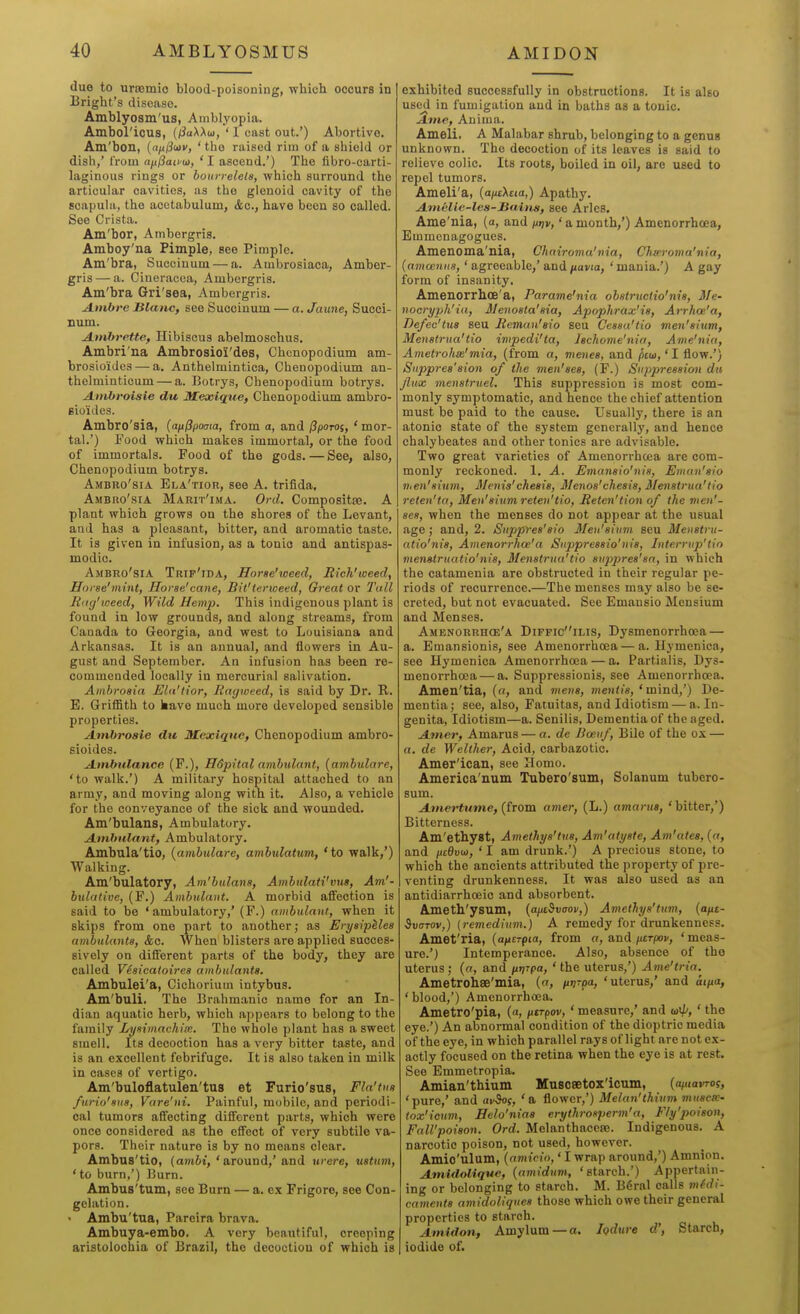 due to urromio blood-poisoning, which occurs in Bright's disease. Amblyosm'us, Amblyopia. Amboricus, (/JaXAu, ' 1 east out.') Abortive. Am'bon, {a^^uiv, ' the raised rim of a shield or dish,' from an^aivia, 'I ascend.') The fibro-carti- laginous rings or hoitrrelels, which surround the articular cavities, as the glenoid cavity of the scapula, the acetabulum, &c., have been so called. See Crista. Am'bor, Ambergris. Amboy'na Pimple, see Pimple. Am'bra, Succinum — a. Ambrosiaca, Amber- gris— a. Cineracca, Ambergris. Am'bra Gri'sea, Ambergris. A.ntbre JBlanc, see Succinum — a. Jaune, Succi- num. A.nibrette, Hibiscus abelmoschus, Ambri'na Ambrosioi'des, Chcnopodium am- brosioides — a. Anthelmintica, Chenopodium an- thelminticum — a. Botrys, Chenopodium botrys. JLntbroisie du Mexique, Chenopodium ambro- gio'ides. Ambro'sia, (a^/S/wia, from a, and (Jporoi, ' mor- tal.') Food which makes immortal, or the food of immortals. Food of the gods.—See, also, Chenopodium botrys. Ambro'sia Ela'tior, see A. trifida. Ambro'sia Marit'ima. Onl. Composite. A plant which grows on the shores of the Levant, and has a pleasant, bitter, and aromatic taste. It is given in infusion, as a tonio and antispas- modic. Ambro'sia Tkif'ida, Horse'loeed, Itich'weed, Horae'ttiint, Horse'cane, Bit'terioeed, Great or Tall Riig'weed, Wild Hemp. This indigenous plant is found in low grounds, and along streams, from Canada to Georgia, and west to Louisiana and Arkansas. It is an annual, and flowers in Au- gust and September. An infusion has been re- commended locally iu mercurial salivation. Ambrosia Ela'tior, Ragweed, is said by Dr. R. E. Griffith to kave much more developed sensible properties. Amhroaie du Mexiqne, Chenopodium ambro- sioides. Ambulance (F.), Hdpital nmhulant, [amhulare, 'to walk.') A military hospital attached to an army, and moving along with it. Also, a vehicle for the conveyance of the sick and wounded. Am'bulans, Ambulatory. A.tnbiilant, Ambulatory. Ambala'tio, {amhulare, amhulatum, 'to walk,') Walking. Am'bulatory, Am'hulans, Amhulati'vus, Am'- btdatiue, (F.) Ambtdant. A morbid affection is said to be ' ambulatory,' (F.) ambulant, when it skips from one part to another; as Eryaipiles ambulants, &c. When blisters are applied succes- sively on difierent parts of the body, they are called VSaieatoires ambulants. Ambulei'a, Cichorium intybus. Am'buli. The Brahmanic name for an In- dian aquatic herb, which appears to belong to the family Lysimachiie. The whole plant has a sweet smell. Its decoction has a very bitter taste, and is an excellent febrifuge. It is also taken in milk in cases of vertigo. Am'buloflatulen'tus et Furio'sus, Fla'tus furio'sus, Vare'ni. Painful, mobile, and periodi- cal tumors affecting different parts, which were once considered as the effect of very subtile va- pors. Their nature is by no means clear. Ambus'tio, (am6i,'around,'and were, ustum, 'to burn,') Burn. Ambus'tum, see Burn — a. ex Frigore, see Con- gelation. • Ambu'tna, Pareira brava. Ambuya-embo. A very beautiful, creeping aristolochia of Brazil, the decoction of which is exhibited successfully in obstructions. It is also used in fumigation and in baths as a tonic. A.me, Auima. Ameli. A Malabar shrub, belonging to a genus unknown. The decoction of its leaves is said to relieve colic. Its roots, boiled in oil, are used to repel tumors. Ameli'a, (a/aXcm,) Apathy. A.melie-les-]iai}i8, see Aries. Ame'nia, (a, and iu)v,' a month,') Amenorrhoea, Emmcnagogues. Amenoma' nia, Chairoma'nia, Chseroma'nia, (amcenus, ' agreeable,' and /lavia, ' mania.') A gay form of insanity, Amenorrlioe'a, Parame'nia obstruetio'nis. Me- nocryph'ia, Alenosta'sia, Apophrax'is, Arrhoe'a, Defec'tus seu Reviun'sio seu Cessu'tio men'sium, Menstrua'tio impedi'ta, Ischome'nia, Ame'nia, Ametrohx'mia, (from a, menes, and ptw,'! flow.') Suppres'aion of the men'ses, (F.) Suppiression du flux mensfruel. This suppression is most com- monly symptomatic, and hence the chief attention must be paid to the cause. Usually, there is an atonic state of the system generally, and hence chalybeates and other tonics are advisable. Two great varieties of Amenorrhcea are com- monly reckoned. 1, A. Emansio'nis, Eman'sio ihen'sium, 3Ienis'cheaia, Menoa'chesia, Menstrua'tio reten'ta, Meu'aiumreten'tio, Reten'tion of the nieu'- aea, when the menses do not appear at the usual age; and, 2. Supprea'aio Meu'aium seu Menstru- atio'nis, Amenorrhoe'a Siippreaaio'nia, Interrup'tio menatruatio'nis, Menstrua'tio aupprea'sa, in which the catamenia are obstructed in their regular pe- riods of recurrence.—The menses may also be se- creted, but not evacuated. See Emansio Mensium and Menses. Amenorrhce'a Diffioilis, Dysmenorrhoea — a. Emansionis, see Amenorrhoea — a. Hymenica, see Hymenica Amenorrhoea — a. Partialis, Dys- menorrhoea— a. Suppressionis, see Amenorrhoea. Amen'tia, (a, and mens, iiientis, 'mind,') De- mentia; see, also, Faiuitas, and Idiotism — a. In- genita, Idiotism—a. Senilis, Dementia of the aged. A-tner, Amarus — a. de Doeuf, Bile of the ox — a. de Welther, Acid, carbazotic. Amer'ican, see Homo. America'num Tubero'sum, Solanum tubero- sum. Amertume, {{tovh amer, (L.) a7narus, 'bitter,') Bitterness. Am'ethyst, Amethya'tua, Am'atyate, Am'atee, {a, and ntQvia, ' I am drunk.') A precious stone, to which the ancients attributed the property of pre- venting drunkenness. It was also used as an antidiarrhoeic and absorbent. Ameth'ysum, (a/itSuoov,) Amethya'tum, (afit- Svanv,) (remedium.) A remedy for drunkenness. Amet'ria, {aiicrpia, from a, and fitrpov, ' meas- ure.') Intemperance. Also, absence of the uterus; (a, and itr/^pa, 'the uterus,') Ame'tria. Ametrohae'mia, (a, iirirpa, 'uterus,' and ai/»a, 'blood,') Amenorrhoea. Ametro'pia, («, fitrpov, ' measure,' and wxp, ' the eye.') An abnormal condition of the dioptric media of the eye, in which parallel rays of light are not ex- actly focused on the retina when the eye is at rest. See Emmetropia. Amian'thium Muscsetox'icum, (ofuavTOf, 'pure,' and av&os, 'a flower,') Melan'thium muaca- tox'icum, Helo'niaa erythroaperm'a, Fly'poison, Fall'poiaon. Ord. Melanthaceaj. Indigenous. A narcotic poison, not used, however. Amio'ulum, {amicio,' I wrap around,') Amnion. Amidolique, (amidum, 'starch.') Appertain- ing or belonging to starch. M. B6ral calls tnfdi- caments amidoliques those which owe their general properties to starch. Amldon, Amylum — a, hdure d', Starch, iodide of.