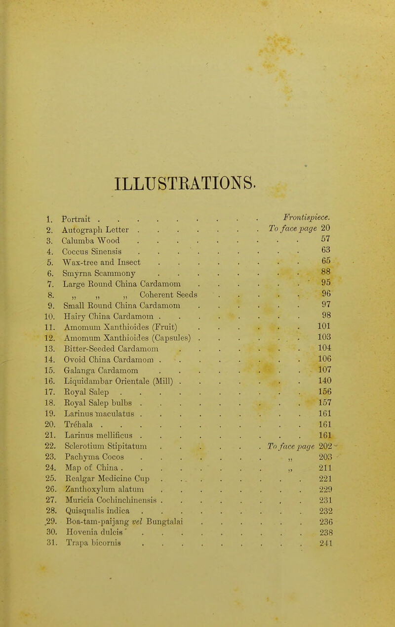 ILLUSTRATIONS. 1. Portrait 2. Autograph Letter . . . . 3. Calumba Wood , . . , 4. Coccus Sinensis . . . . 5. Wax-tree and Insect 6. Smyrna Scammony 7. Large Round China Cardamom 8. „ „ „ Coherent Seeds 9. Small Round China Cardamom 10. Hairy China Cardamom . 11. Amomum Xanthioides (Fruit) 12. Amomum Xanthioides (Capsules) 13. Bitter-Seeded Cardamom 14. Ovoid China Cardamom . 15. Galanga Cardamom 16. Liquidambar Orientale (Mill) . 17. Royal Salep .... 18. Royal Salep bulbs . 19. Larinus inaculatus . 20. Trehala 21. Larinus mellificus . 22. Sclerotium Stipitatum 23. Pachyma Cocos 24. Map of China .... 25. Realgar Medicine Cup 26. Zanthoxylum alatum 27. Muricia Cochinchinensis . 28. Quisqualis indica 29. Boa-tam-paijang vel Bungtalai 30. Hovenia dulcis... 31. Trapa bicornis Frontispiece. To face page 20 67 63 65 88 . ■ 95 96 97 98 101 . . 103 104 106 . . 107 140 156 157 161 161 161 To face paye 202 • 203 211 221 229 231 232 236 238 241