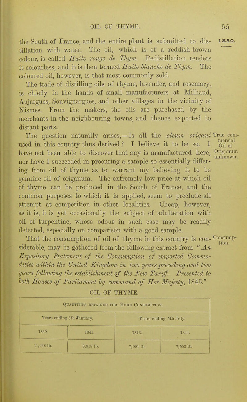 the South of France, and the entire plant is submitted to dis- isso. tillation with water. The oil, which is of a reddish-brown colour, is called Euile rouge de Tliym. Eedistillation renders it colourless, and it is then termed SiiiU Uanche de Thym. The coloured oil, however, is that most commonly sold. The trade of distilling oils of thyme, lavender, and rosemary, is chiefly in the hands of small manufacturers at Milhaud, Aujargues, Souvignargues, and other villages in the vicinity of Nismes. From the makers, the oils are purchased by the merchants in the neighbouring towns, and thence exported to distant parts. The question naturally arises,—Is all the oleum origani True com- used in this country thus derived ? I believe it to be so. I oil of have not been able to discover that any is manufactured here, Ongn™™ , unkuown. nor have I succeeded m procuring a sample so essentially dmer- ing from oil of thyme as to warrant my believing it to be genuine oil of origanum. The extremely low price at which oil of thyme can be produced in the South of France, and the common purposes to which it is applied, seem to preclude all attempt at competition in other locaKties. Cheap, however, as it is, it is yet occasionally the subject of adulteration with oil of turpentine, whose odour in such case may be readily detected, especially on comparison with a good sample. That the consumption of oil of thyme in this country is con- siderable, may be gathered from the following extract from  An Expository Statement of the Consumption of imported Commo- dities within the United Kingdom in two years preceding and two years following the establishment of the Neio Tariff. Presented to both Houses of Parliament by command of Her Majesty, 1845. OIL OF THYME. Quantities retaiked for Home Consumption. Years ending 5th Jauuaiy. Years ending 5th July. 18.39. 1841. 1843. 1S44. n,938 lb. 8,818 11). 7,091 lb. 7,553 lb.