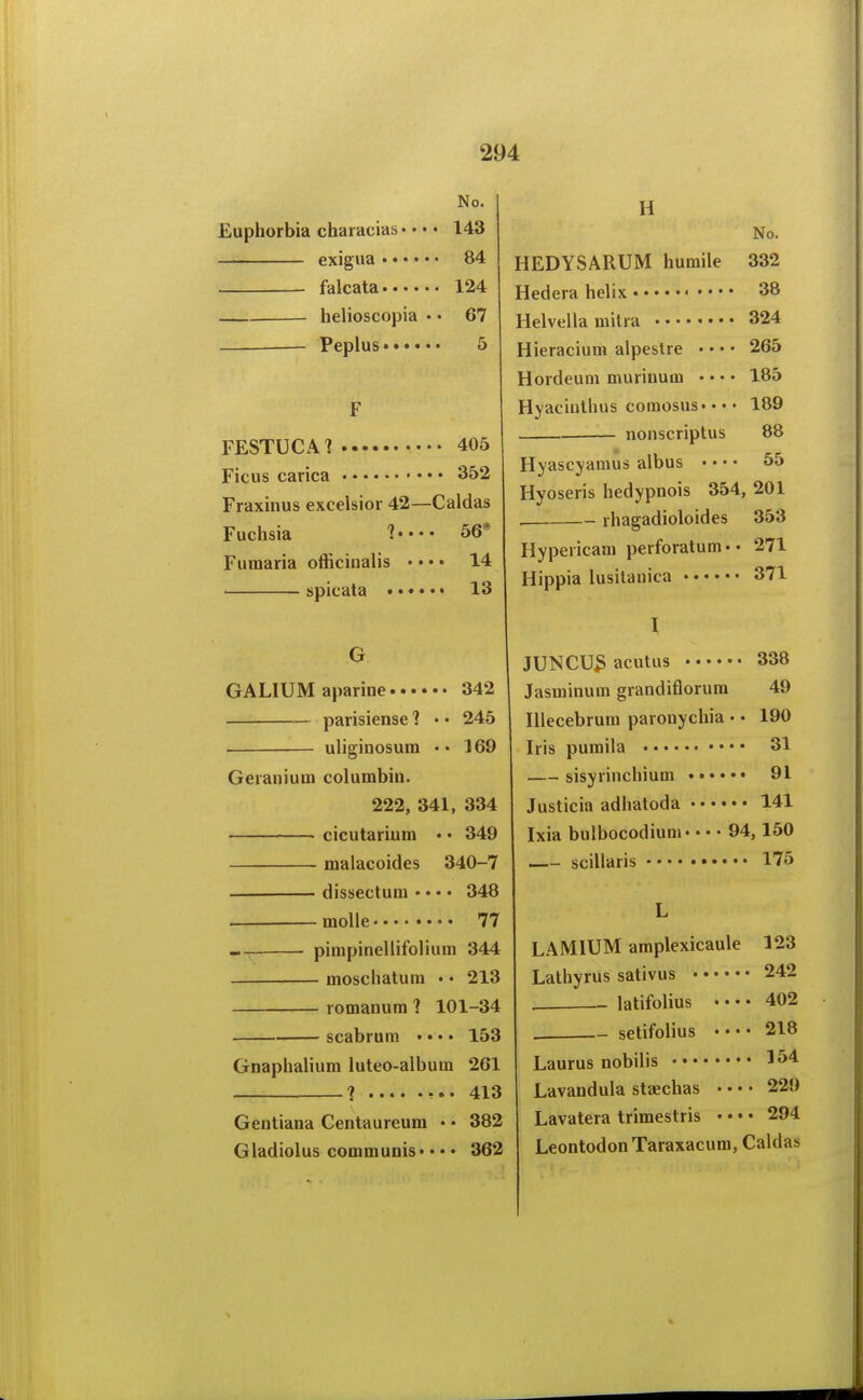 No. Euphorbia characias • • • • 143 exigua 84 falcata 124 helioscopia • • 67 Peplus 5 FESTUCA? 405 Ficus carica 352 Fraxinus excelsior 42—Caldas Fuchsia 7 • • • • 56* Fumaria officinalis • • • • 14 spicata 13 G GALIUM aparine ■ parisiense uliginosum 342 245 169 Geranium columbin. 222, 341, 334 cicutarium • • 349 malacoides 340-7 dissectuni • • • • 348 moUe 77 pimpinellifolium 344 moschatum • • 213 romanura ? 101-34 scabrum • • • • 153 Gnaphalium luteo-album 261 1 413 Gentiana Centaureum • • 382 Gladiolus communis • • • • 362 H No. HEDYSARUM huraile 332 Hedera helix .. • • 38 Helvella mitra 324 Hieracium alpestre • • • • 265 Hordeum murinum 185 Hyaciulhus comosus-• •' 189 nonscriptus 88 Hyascyamus albus • • • • 55 Hyoseris hedypnois 354, 201 . rhagadioloides 353 Hypericaai perforatum • • 271 Hippia lusitanica 371 I JUNCU3act»s 338 Jasminum grandiflorura 49 lUecebrum paronychia • • 190 Iris pumila .... 31 sisyrinchium • 91 Justicia adhatoda 141 Ixia bulbocodiuni' • • • 94,150 scillaris 175 LAMIUM amplexicaule 123 Lathyrus sativus 242 . latifolius •••• 402 setifolius • • • • 218 Laurus nobilis 1^4 Lavandula staechas • • • • 229 Lavatera trimestris • • • • 294 Leontodon Taraxacum, Caldas