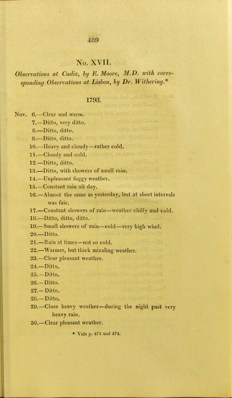 No. XVII. Ohservations at Cadiz, hy E. Moore, M.D. with corre- sponding Observations at Lisbon, by Dr. Withering,* 1793. Nov. 6,—Clear and warm. 7. —Ditto, very ditto. S.—Ditto, ditto. 8. —Ditto, ditto. 10. —Heavy and cloudy—rather cold. 11. —Cloudy and cold. 12. —Ditto, ditto. 13. —Ditto, with showers of small raitt. 14. —Unpleasant foggy weather, 15. —Constant rain all day. 16. —Almost the same as yesterday, but at short intervals was fair. 17. —Constant showers of rain—weather chilly and cold. 18. —Ditto, ditto, ditto. 19. —Small showers of rain—cold—very high wind. 20. —Ditto, 21. —Rain at times—not so cold. 22. —Warmer, but thick mizzling weather. 23. —Clear pleasant weather. 24. —Ditto. 25. —Ditto. 26. —Ditto. 27 — Ditto. 28. —Ditto. 29. —Close heavy weather—during the night past very heavy rain. 30. —Clear pleasant weather. * Vide p. 472 and 474.
