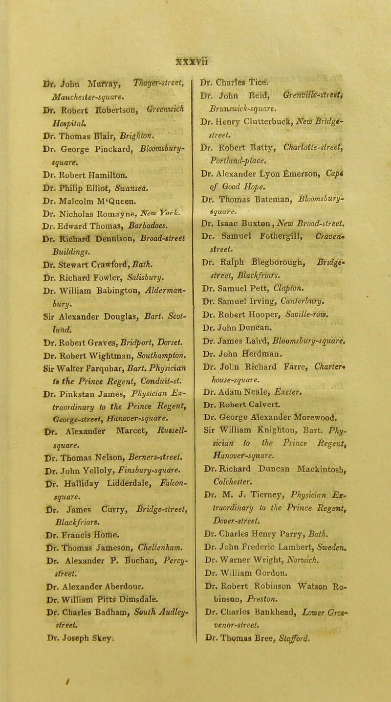 Dr. John Murray, Thayer-street, Manchester-square. Dr. Robert Robertson, Greenwich Hospital, Dr. Thomas Blair, Brighton. Dr. George Pinckard, Bloomsbury- square. Dr. Robert Hamilton. Dr. Philip Elliot, Swansea. Dr. Malcolm M'Queen. Dr. Nicholas Romayne, New York. Dr. Edward Thomas, Barbadoes. Dr. Richard Dennison, Broad-street Buildings. Dr. Stewart Crawford, Bath. Dr. Richard Fowler, Salisbury. Dr. William Babington, Alderman- bury. Sir Alexander Douglas, Bart. Scot- land. Dr. Robert Graves, Bridport, Dorset. Dr. Robert Wightman, Southampton. Sir Walter Farquhar, Bart. Physician to the Prince Regent, Conduit-st. Dr. Pinkstan James, Physician Ex- traordinary to the Prince Regent, George-street, Hanover-square. Dr. Alexander Marcet, Russell- square. Dr. Thomas Nelson, Berners-street. Dr. John Yelloly, Finsbury-square. Dr. Halliday Lidderdale, Falcon- square. Dr. James Curry, Bridge-street, Blackfriars. Dr. Francis Home. Dr. Thomas Jameson, Cheltenham. Dr. Alexander P. Buchan, Percy- street. Dr. Alexander Aberdour. Dr. William Pitts Dimsdale. Dr. Charles Badham, South Audley- slreet. Dr. Joseph Skey. Dr. Charle9 Tice. Dr. John Reid, Grenville-street, Brunswick-sq uare. Dr. Henry Clutterbuck, New Briilgt- slreet. Dr. Robert Batty, Charlotte-street, Portland-place. Dr. Alexander Lyon Emerson, Capt of Good Hope. Dr. Thomas Bateman, Bloomsbury- square. Dr. Isaac Buxton,New Broad-street. Dr. Samuel Fothergill, Craven' street. Dr. Ralph Blegborough, Bridge* street, Blackfriars. Dr. Samuel Pett, Clapton. Dr. Samuel Irving, Canterbury. Dr. Robert Hooper, Saville-row. Dr. John Duncan. Dr. James Laird, Bloomsbury-square. Dr. John Herdman. Dr. Jol:n Richard Farre, Charter* house-square. Dr. Adam Neale, Exeter. Dr. Robert Calvert. Dr. George Alexander Morewood. Sir William Knighton, Bart. P%- sician to the Prince Regent, Hanover-square. Dr. Richard Duncan Mackintosh, Colchester. Dr. M. J. Tierney, Physician Ex* iraordihary to the Prince Regent, Dover-street. Dr. Charles Henry Parry, Bath. Dr. John Frederic Lambert, Sweden. Dr. Warner Wright, Norwich. Dr. William Gordon. Dr. Robert Robinson Watson Ro- hinson, Preston. Dr. Charles Bankhead, Lower Gret- venor-slreet. Dr. Thomas Bree, Stafford.