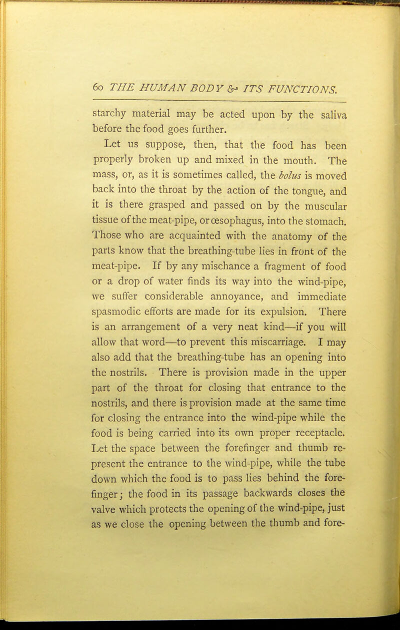 starchy material may be acted upon by the saHva before the food goes further. Let us suppose, then, that the food has been properly broken up and mixed in the mouth. The mass, or, as it is sometimes called, the bolus is moved back into the throat by the action of the tongue, and it is there grasped and passed on by the muscular tissue of the meat-pipe, or oesophagus, into the stomach. Those who are acquainted with the anatomy of the parts know that the breathing-tube lies in front of the meat-pipe. If by any mischance a fragment of food or a drop of water finds its way into the wind-pipe, we suffer considerable annoyance, and immediate spasmodic efforts are made for its expulsion. There is an arrangement of a very neat kind—if you will allow that word—to prevent this miscarriage. I may also add that the breathing-tube has an opening into the nostrils. There is provision made in the upper part of the throat for closing that entrance to the nostrils, and there is provision made at the same time for closing the entrance into the wind-pipe while the food is being carried into its own proper receptacle. Let the space between the forefinger and thumb re- present the entrance to the wind-pipe, while the tube down which the food is to pass Ues behind the fore- finger; the food in its passage backwards closes the valve which protects the opening of the wind-pipe, just as we close the opening between the thumb and fore-