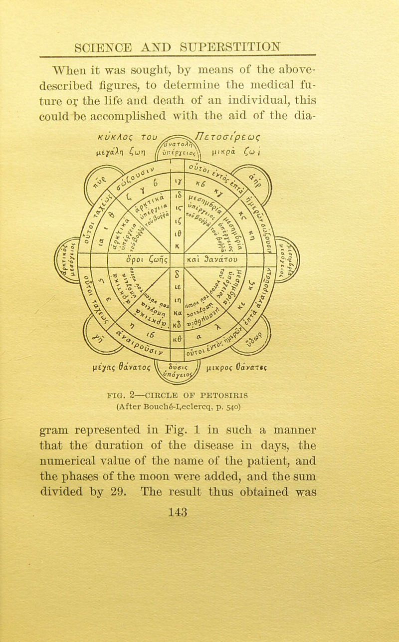 When it was sought, by means of the above- described figures, to determine the medical fu- ture ox the life and death of an individual, this could be accomplished with the aid of the dia- FIG. 2—CinCLE OF PET0SIKI8 (After Bouchg-lYCclercq, p. 540) gram represented in Fig. 1 in such a manner that the duration of the disease in days, the numerical value of the name of the patient, and the phases of the moon were added, and the sum divided by 29. The result thus obtained was