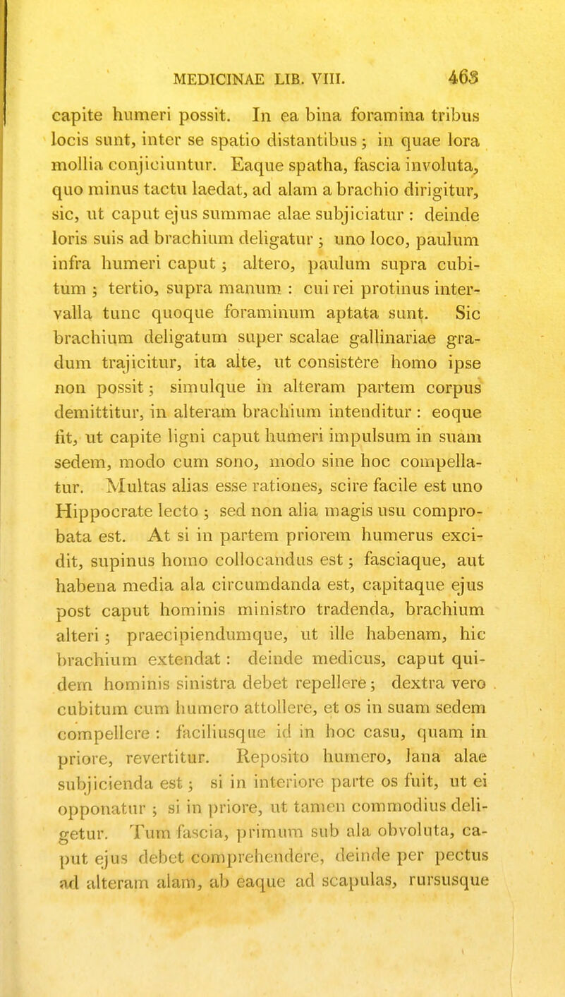 capite humeri possit. In ea bina foramina tribus locis sunt, inter se spatio distantibus; in quae lora mollia conjieiuntur. Eaque spatha, fascia involuta, quo minus tactu laedat, ad alam a brachio dirigitur, sic, ut caput ejus summae alae subjiciatur : deincle loris suis ad brachium deligatur; uno loco, paulum infra humeri caput; altero, paulum supra cubi- tum ; tertio, supra manum : cui rei protinus inter- valla tunc quoque foraminum aptata sunt. Sic brachium deligatum super scalae gallinariae gra- dum trajieitur, ita alte, ut consistere homo ipse non possit; simulque in alteram partem corpus demittitur, in alteram brachium intenditur : eoque tit, ut capite ligni caput humeri impulsum in suam sedem, modo cum sono, modo sine hoc compella- tur. Multas alias esse rationes, scire facile est uno Hippocrate lecto ; sed non alia magis usu compro- bata est. At si in partem priorem humerus exci- dit, supinus hoino collocandus est; fasciaque, aut habena media ala circumdanda est, capitaque ejus post caput hominis ministro tradenda, brachium alteri ; praecipiendumque, ut ille habenam, hic brachium extendat: deinde medicus, caput qui- dem hominis sinistra debet repellere; dextra vero cubitum cum humero attollere, et os in suam sedem compellere : faciliusque id in hoc casu, quam in priore, revertitur. Reposito humero, Jana alae subjicienda est; si in interiore parte os fuit, ut ei opponatur ; si in priore, ut tamen commodius cleli- cetur. Tum fascia, primum sub ala obvoluta, ca- put ejus debct comprehendere, deinde per pectus ad alteram alam, ab eaque ad scapulas, rursusque