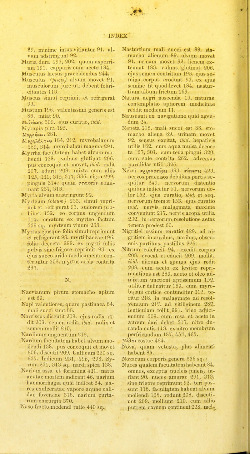 -m INDEX 89. rninime intus vitiantur 91. al- vuiii adstringunt 92. Muria dura 193, 202; quam asperri- ma 191. capparis cum aceto 184. Musculus laesus praecidendus 244. Musculus (iiiscis) alvuin movet 91. museulorum jure uti debent febri- citantcs 113. Muscus siniul repriniit et refrigerat . 93. Mustum 196. valentissimi generis est 86. intlat90. lluiflatK 309. ejus curatio, ibid. Myrapia pira 195. hlvf//.y>cio\i 281. Ai v^dxans 184,212. myrobalanum 2fc>9, 314. myrobalani magina 291. Myrrha faeultatein habetalvum tno- lieudi 138. vulnus glutinat 206. pus concoquit et movct, tbid. rodit 207. adurit 208. mixta cum aliis ■ 125, 221, 315,317, 336. nigra 299. pinguis 314.' quam oT<tx.vw nomi- nant 231, 313. Myrta alvum adstringunt 92. Myrteuni foleumj 233. simul repri- niit et refrigerat 93. sudoreui pro- liibet 132. eo corpus ungendura 114. ceratum ex myrteo factum 339 sq. myrteum vinum 233. Myrtus ejusque folia simul reprimunt et refrigerant 93. myrti baccae 196. folia decocta 299. ex myrti foliis pulvis sine frigore reprimit 93. ex ejus succo arida medicamenta con- teruntur 302. myrtus arida contrita 287. N, Naevianum pirum stomacho aptum . est 89. Napi valentiores, quam pastinaca S4. inali succi sunt 88. Narcissus discutit 209. ejns radix rq- dit 208. semen rodit, ibicl. radix et semen mollit 210. Nardinum unguentum 212. Nardum facultatem liabet alvum mo- liendi 138. pus concoquit et movet 206. diseutit 209. Gallicum230 sq. 235. Indicum 251, 296, 298. Sy- rum 231, 313 sq. nardi spica 138. Naiiuin ossa et foramina 421. nares acutae mortem indicant 46. narium liaemorrhagia quid indicet 54. na- res exulceratae vaporc aquae cali- dac fovendae 318. narium curta- rtra> chirurgia 370. Naso fcabto medendi ratio 440 sq» Nasturtium mali succi cst 88. sta- macho alieuum 89. alvum movet 91. urinam movet 92. lienein ex- tenuat 183. vulnus glutinat 206. ejus semen contritum 193. ejus se- mina corpus erodunt 93. ex ejus semine fit quod levet 184. nastur- tium album frietum 169. Natura aegri noscenda 13, naturae contemplatio aptiorem medicinae reddit medicuin 11. Nauseanti ex navigatione quid agen- dum 24. Nepe.ta218. mali succi est 88. sto- macho aliena 89. urinam movet 92. sensus excitat, ibid. hepaticis utilis 182. cum aqua mulsa decoc- ta 167, 301. cum teda pingui 320. cum sale contrita 262. adversus parulidas utib:v326. Nervi x^ifiuarripti 383. <maw£j 423. nervos praecisos debilitas partis se- quitur 249. nervorum disteutio quibus indicetur51. nervorum do- lor 152. ejus curatio, ibid. et seq. nervorum tremor 153. ejus curatio ibid. nervis malagmata maxime conveniunt 217. nervis acopa utilia 232. in nervorum rcsolutione aetas tenera prodest 60. Nigritiei ossium curaticr 429. ad nt- gritiem in auribus, naiibus, obsco- enis partibus, pastillus 226. Nitrum calefacit 94. exedit corpus 208. evocat et educit 209. mollit, ibid. nitrunv et spuina ejus rodit 2.0S. cum aceto ex leviter repri- nientibus est 289. aceto et oleo ad- mixtum unctioni aptissiinum 152. utiliter delingitur 169. cum myTO- balani cortice contunditur 212. te- rltur 218. in malagmate ad resbl- vendum 217. ad vitiliginem 282. lenticulam tollit 291. irino adjici- endum 309. cum rosa et aceto in aurem dari debet 317. nitro du- randa cutis 113. exnitro membrum perfricandum 187, 457, 465. NoSai costae 424. Nova, quam vetusta, plus alimenti habent 85. Noxarum corporis gencra 236 sq. • Nuces qualem facultatem habeant S4. omnes, exceptis nucleis piueis, in- flant90. nuces amarae 291, 313.. sine frigore reprimunt 93. teri pos- sunt 118. facultatem habent alvum moliendi 138. rodunt,208. discuti- unt 209. moUiunt 210. uum allio putrem carncm contincut22S. »cl-_