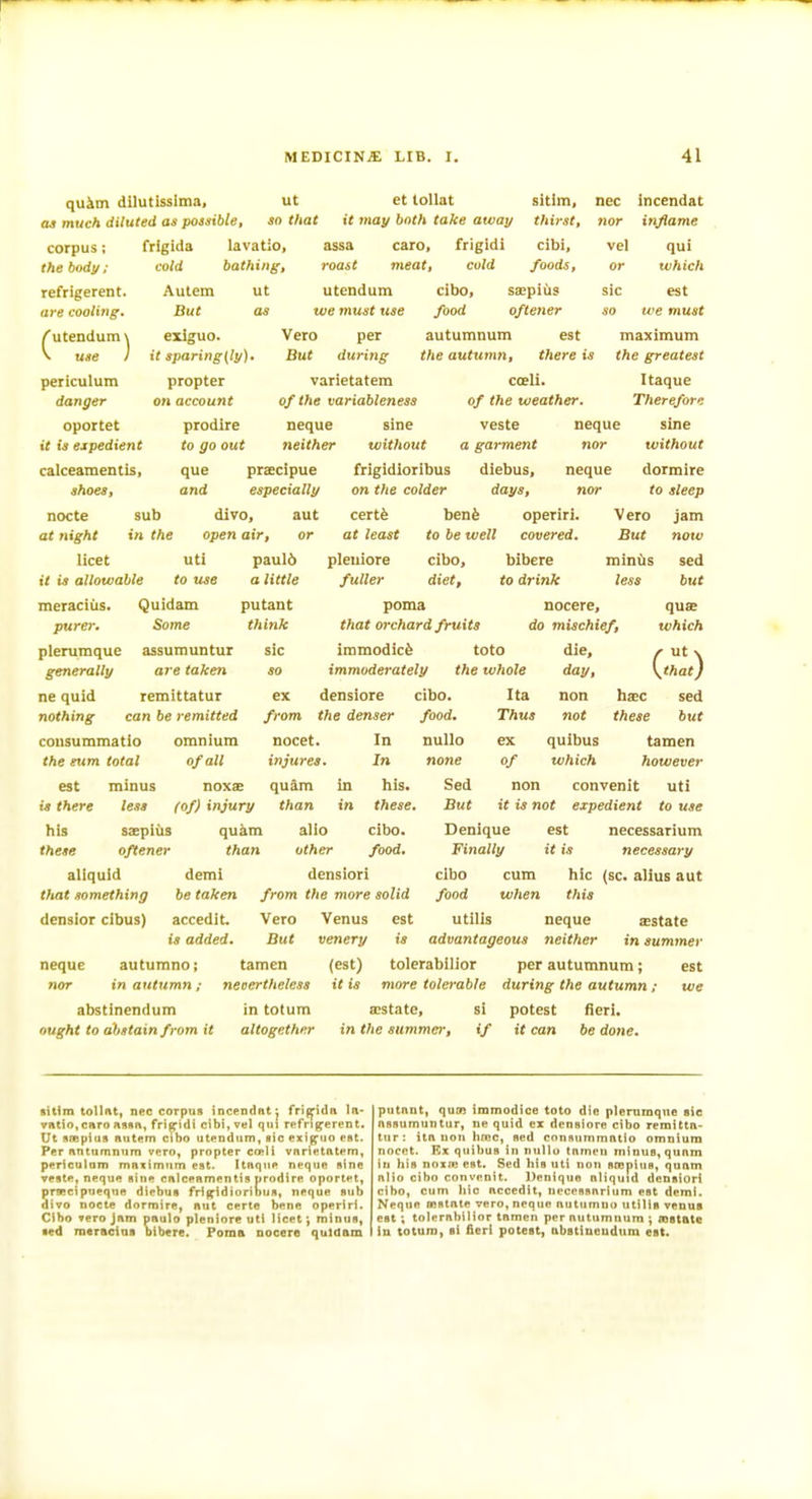 quim dilutisslma, oj much diluted as possible, frigida lavatio, cold bathing, Autem ut But as corpus ; the body : refrigerent. are cooling. ( utendum \ V use I periculum danger oportet it is expedient calceamentis, shoes, nocte sub at night in the licet ut et tollat sitim, nec incendat so that it may both take away thirst, ?ior infiame assa caro, frigidi cibi, vel qui roast meat, cold foods, or which exlguo. it sparing(ly). propter on account prodire to go out que and praecipue especially divo, aut open air, or uti paul6 utendum cibo, sspiiis sic est we must use food oftener so we must Vero per autumnum est But during the autumn, there is varietatem coeli. of the variableness of the weather. sine veste neque without a garment nor frigidloribus diebus, neque on the colder days, nor certfe bent operiri. Vero at least to be well covered. But pleuiore cibo, blbere minds sed neque tieither maximum the greatest Itaque Therefore sine tvithout dormire to sleep jam noiv to use it is allowable Quidam Some a little meraciiis. guidam putant purer. Some think plerumque assumuntur sic generally are taken so ne quid remittatur ex nothing can be remitted from cousummatio omnium nocet. the sum total of all injures. est minus noxse quam in is there less (of) injury than in his saepiiis qu&m alio these oftener than other aliquid demi densiori that something be taken from the more solid densior cibus) accedit. Vero Venus est is added. But venery is neque autumno; tamen nor in autumn; nevertheless qus which r Utx \that) sed but fuller diet, to drink less but poma nocere, that orchard fruits do mischief, immodicfe toto die, immoderately the whole day, densiore cibo. Ita non bxc the denser food. Thus not these In nullo ex quibus tamen none of which however Sed non convenit uti But it is not expedient to use Denique est necessarium Finally it is necessary cibo cum hie (sc. alius aut food wlien this utilis neque sestate advantageous neither in summer (est) tolerabilior per autumnum; est it is more tolerable during the autumn; we In his. these. cibo. food. abstinendum ought to abstain from it in totum altogether ajstate, in the summer, SI if potest it can fieri. be done. sitim tolint, nec corpus incendntj frij^idti In- vntio.cttro assn, frigidi cibi, vel qui refrip^erent. Ut sfBpiiis nutem cibo utendum, sic exiffuo eat. Per ntitumniim vero, propter ca»li vnrietatem, periculam maximum est. Itnqtie neque sine veste, neque sine cnlcenmentis prodire oportet, prsecipueque diebus frif^idiorious, neque sub divo nocte dormire, nut certe bene operiri. Cibo vero Jam pnulo pteniore uti licet; minus, •ed meracius bibere. Poma nocere quidam putant, qutn immodice toto die plemmqne sic nsflumuntur, ue quid ex densiore cibo remitta- tur; itn noti hfuc, sed cousummatio omnium nocpt. Kx quibus in nullo tamen minus, quam in bis noxn; est. Sed his uti non sronius, quam alio cibo convenit. Denique nliquid densiurl cibo, cum liic accedit, necessarium est demi. Neque sestate vero, neque autumno utilis venus est ; tolerabilior tamen per autumnum ; instate in totura, si fieri potest, ubstiueudum est.