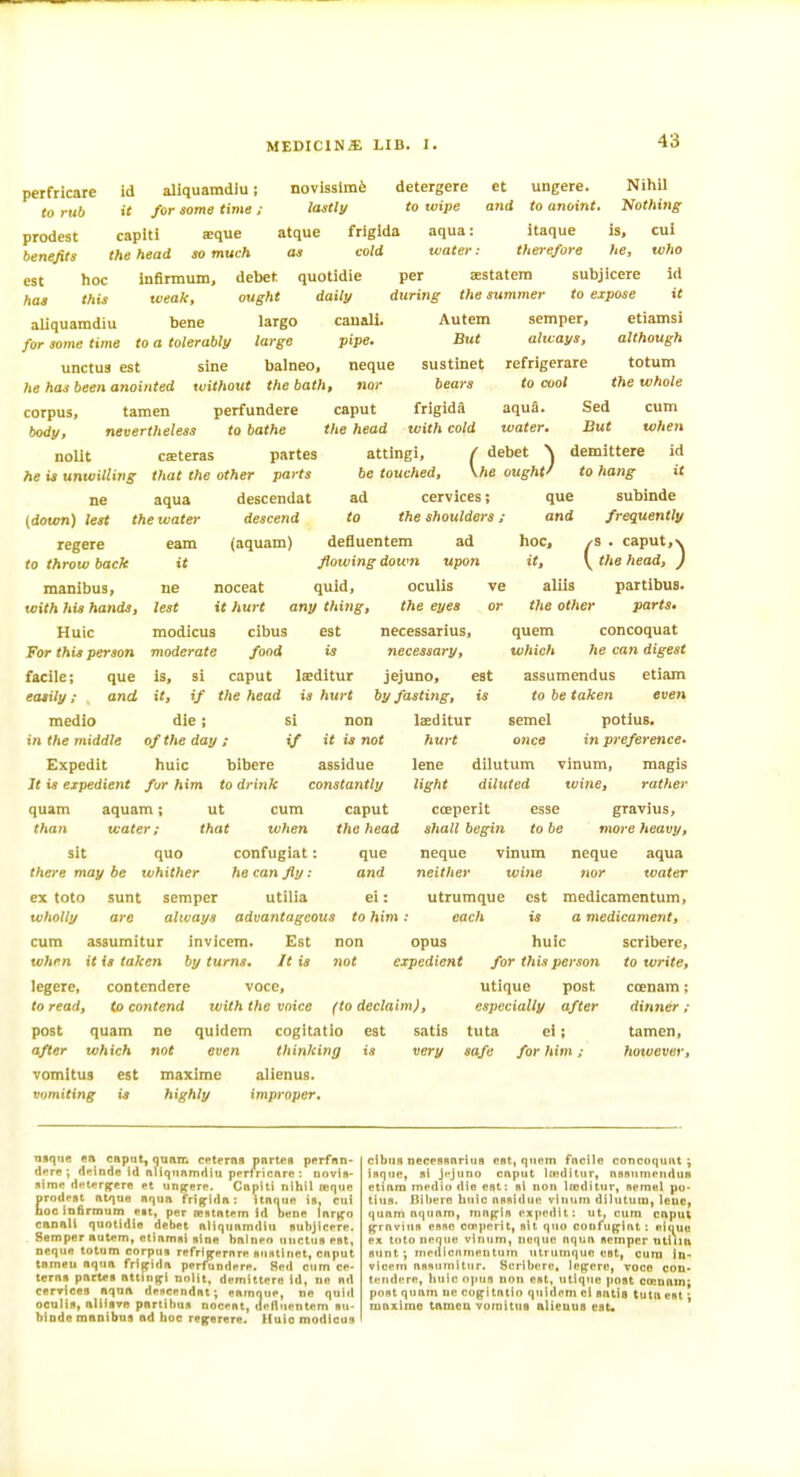 pcrfricare id aUquamdlu; novisslmi detergere et ungere. Nihil to rub it for some time; lastly to wipe and to anoint. Nothing prodest capiti ffique atque friglda aqua: itaque is, cui benefits the head so much as cold water: therefore he, who hoc Infirmum, debet quotidie per aestatera subjicere id est haa this daily during the summer canali. pipe. Autem But sustinet bears frigida tvith cold to expose it semper, etiamsi ahvayst although refrigerare totum to cool the whole aquS. Sed cum water. But when debet N demittere id weak, ought aliquamdiu bene largo for some time to a tolerably large unctua est sine balneo, neque he has been anointed without the bath, nor corpus, tamen perfundere caput body, nevertheless to bathe the head nolit caeteras partes attingi, he is unwilling that the other parts be touched, \he ought^ to hang it ne aqua descendat ad cervices; que subinde descend to the shoulders: and frequently (9 . caput,\ the head, ) alils partibus. the other parts. concoquat he can digest assumendus etiam to be taken even semel potius, once in preference. (down) lest the water regere to throw back earn it manibus, with his hands, Huic For this person facile; que easily; and medio in the middle ne lest modicus moderate is, it. flowing down upon noceat quid, oculis ve it hurt any thing, the eyes or cibus est necessarius, food is necessary, si caput laeditur jejuno, est if the head is hurt by fasting, is quem which die ; of the day; si if Expcdit huic bibere Jt is expedient fur him to drink quam aquam; ut cum than water; that when non it is not assidue constantly caput the head sit quo confugiat: there may be whither he can fly: ex toto sunt semper utilia wholly are always advantageous to him cum assumitur invicem. Est non que and ei: laeditur hurt lene dilutum light diluted cceperit esse shall begin to be neque vinum neither wine vinum, wine, magis rather gravius, more heavy, neque aqua nor water utrumque : each opus est medicamentum, is a medicament. when it is taken by turns. It is legere, contendere voce, to read, to contend with the voice (to declaim), post quam ne quidem cogitatio est satis after which not even thinking is very vomltus est maximc alienus. vomiting is highly improper. huic scribere, not expedient for this person to write, utique post ccenam; especially after dinner; tuta ei; tamen, safe for him; however. nsqnc eft capHt, quam ceterns pnrtca pfrfnn- d*!re ; delnde Id nliqttnmdiu pprlricnr«: novis- sime ili't'^rifere et unifere. Cnpiti nihil nsque rodeBt ntquft nqun frifyidft; itnqiie is. cui ocingrnium eit, per ffistntem id bene Inrjfo cannil quotidie debet nliqunmdiu eulijicere. Semper nutem, etinmei sine bnltieo unctiiB est, neque totum corpnn refrlj^ernre Riintinct, cnput t»meu oquft frl^idn perfundere. Sed cum cc- tern» piirt«» Bttinffi nolil, demittere id, ne nd cerTices nquft deitcendnt ■, enmnue, no quid oculifl, ftliisve partibus nooent, uefluentem ru- blnde mnnibas ad hoc reg-arere. Huio modicus cibus necesnnrius est, quem fncilc concoqunt ; inqne, si jfjuuo cnput iteditur, nasiimendua etinm medio die est: si non Iroditur, semel po- tius. Biliero huic nssidue vinum dilutum, leue, qunm nqiinm, muf^is expedit: ut, cum cnput f^rnvius esse cceperit, sit quo cunfuf^iut : eiquu ex tftto neque vinum, neque nqun semper utilln sunt ; inedicnmenturn utrumque est, cura in- vicem nssiimitiir. Scribere, Ie[jpere, voce con- tendere, Iiuic opus nou est, utique post cceunm; post qunm ne cogitntio quidem ci sntis tutu est; maxime tamen voraitua alieuus eat.