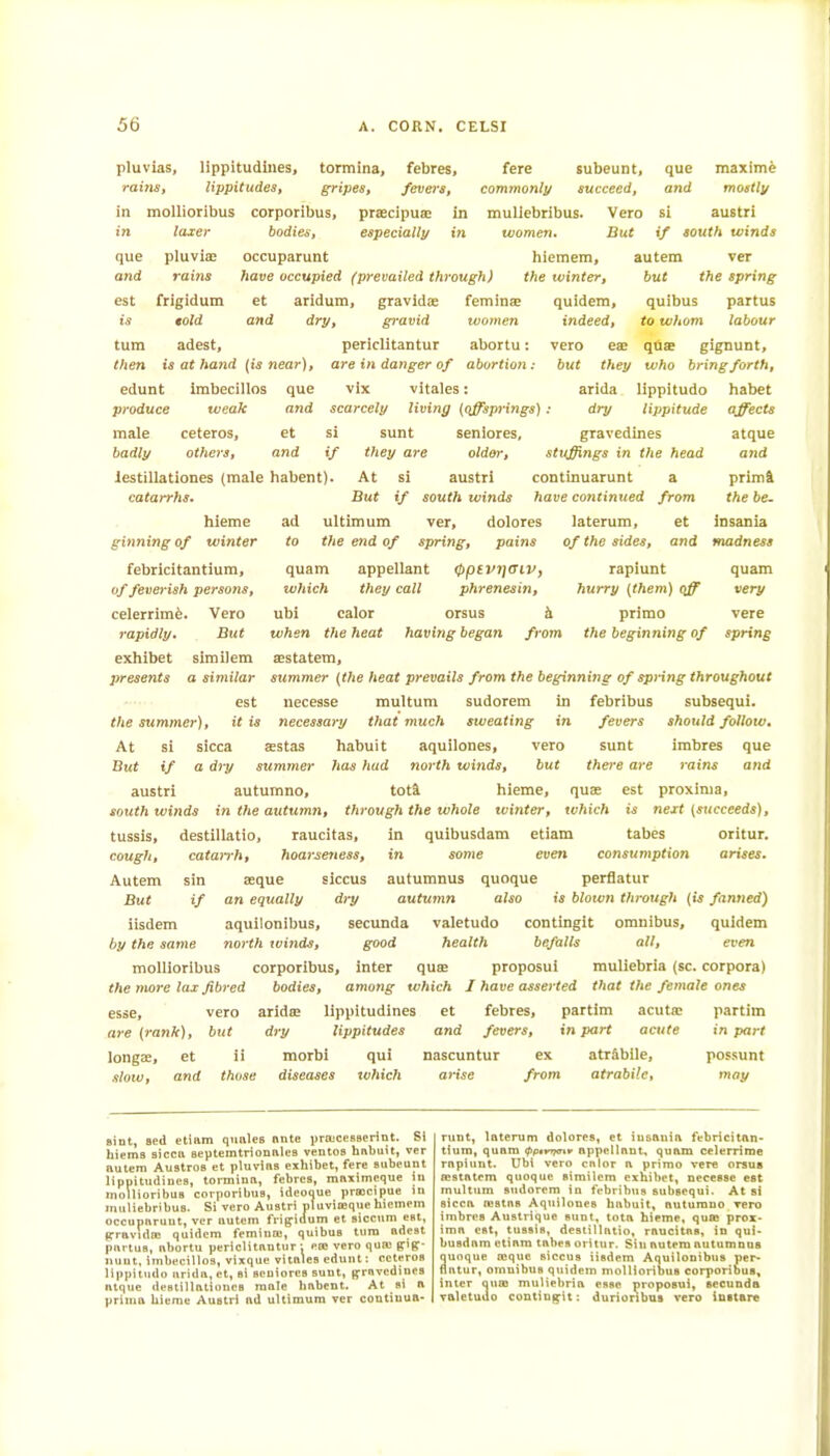 pluvias, lippitudiiies, tormina, febres, fere subeunt, que maxime rains, ItppitudeSt gripes^ fevei'Sy commonly succeed, and mostly in moUioribus corporibus, praecipua:! in muliebribus. Vero si austri in laxer que and IS pluviae rains frigidum told adest. bodies, especially in women. But if south winds occuparunt hiemem, autem ver have occupied (prevailed through) the winter, et aridum, gravidae femina; quidem and dry, gravid ivomen turn adest, periclitantur abortu: then is at hand (is near), are in danger of abortion: edunt imbecillos que vlx vltales: produce weak and scarcely living (offsprings) but the spring quibus to whom partus labour male ceteros, et si badly others, and if lestillationes (male habent). catarrhs. hieme ginning of winter febricitantiura, of feverish persons, celerrimfe. Vero rapidly. But exhibet similem presents a similar est the summer), it is At si sicca sunt they are At si indeed, vero eae qOae gignunt, but they who bring forth, arida lippitudo habet dry lippitude gravedines stuffings in the head continuarunt a But if south winds have continued from ad ultimum ver, dolores laterum, et insania to the end of spring, pains of the sides, and madness appellant they call ubi calor orsus h. when the heat having began from Eestatem, summer (the heat prevails from the beginning of spring throughout necesse multum sudorem in febribus subsequi. necessary that much sweating in fevers should follow. sestas habuit aquilones, vero sunt imbres que quam which seniores, older, austri (PptvijtTiv, phrenesin. affects atque and prim Si the be- rapiunt quam hurry (them) qff very primo vere the beginning of spring But if a dry summer has hud north winds, but there are rains and austri autumno, toti hieme, qua: est proxinia, south winds in the autumn, through the whole winter, which is next (succeeds), tussis, destillatio, raucitas, in quibusdam etiam tabes oritur. cough, catan-h, hoarse7iess, in iome even consumption arises. Autem sin seque siccus autumnus quoque perflatur But if an equally dry autumn also is blown through (is fanned) iisdem aquilonibus, secunda valetudo contingit omnibus, quidem by the same north winds, good health befalls all, even mollioribus corporibus, inter quse proposui muliebria (sc. corpora) the more lax fibred bodies, among which I have asserted that the female ones esse, vero aridas lippitudines et febres, partim acuta; partim are (rank), but dry lippitudes and fevers, in part acute in part longae, et ii morbi qui nascuntur ex atrSbile, possunt sloiv, and those diseases which arise from atrabile, may siut, sed etiam qiiales nnte yroocesserint. SI biems sicca aeptemtrionalcB ventos habuit, ver autem Austros et pluvias exhibet, fere subeunt lippitudines, tormina, febres, maximeque in inollioribua corporibus, ideoque prajcipue in muliebribus. Si vero Austri pf uvioeque hiemem occuparuut, ver autem frigidum et siccum est, ffravulnj quidem feminoj, quibus turn adest partus, abortu periclitantur; eee vero quaj giff- iiunt, imbecillos, vixque vitales edunt: ceteros lippitudo arida,et, si seniores sunt, pcrnvedinea atque destillationes male babent. At si ft prima hieme Austri nd ultimum ver ootttinua- runt, laterum dolores, et iusnnin febricitan- tium, quam tpp^vrrnv appellant, quam celerrime rapiunt. Ubi vero calor a primo vere orsus aiatatcm quoque eimilcm exhibet. Decease eat multum atidorem iu febribus aubsequi. At si sicca nistas Aquilones habuit, autumno Tero imbrea Austrique sunt, tota hieme, qufls prox- ima est, tussia, destillatio, raucitas, in qui- busdam etiam tabes oritur. Sin autem autumnus Suoque a3quc aiccua iisdem Aquilonibus per- atur, omnibua quidem mollioribua corporibus, inter Quas muliebria esse proposui, aecunda Talctudo contingit: duriorlbns vero initftT«