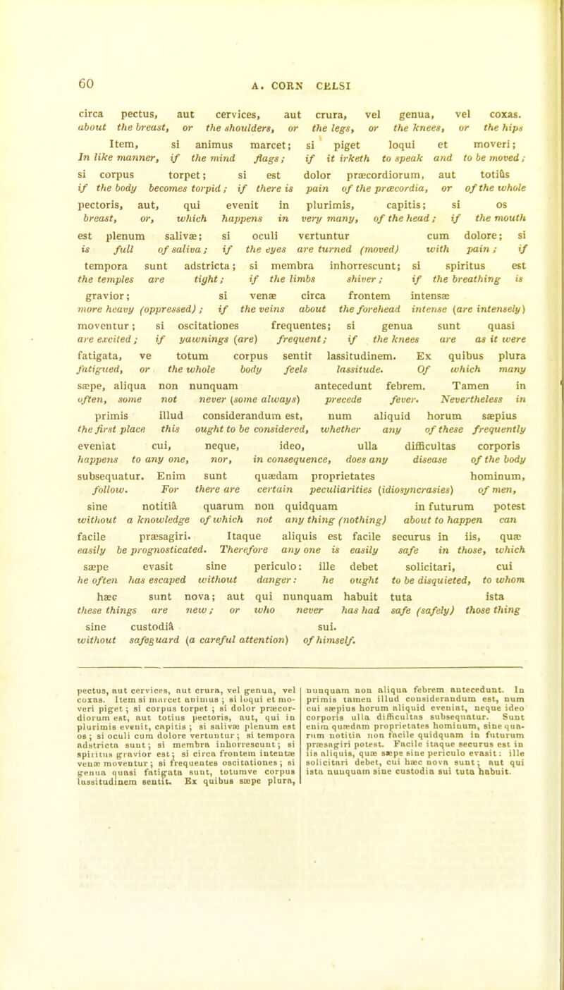 circa pectus, aut cervices, aut crura, vel genua, vel coxas. about the breastf or the shoulders, or the legs, or the knees, or the hips Item, si animus In like manner, if the mind si corpus torpet; marcet; flags; si est if the body becomes torpid; if there is pectoris, aut, qui evenit in breast, or, which happens in est plenum salivae; si oculi is full of saliva; if tempora sunt adstricta; the temples are tight; gravior; si venae Tnore heavy (oppressed) ; if the veins moveutur; si oscitationes frequentes are excited; if yawnings (are) frequent; fatigata, ve totum corpus sentit fatigued, or the whole body feels si piget loqui et moveri j if it irketh to speak and to be moved; dolor praecordiorum. aut totitts pain of the praicordia, or of the whole plurimis, capitis; si OS very many, of the head ; if the mouth vertuntur the eyes are turned (moved) si membra inliorrescunt; if the limbs circa about shiver ; frontem the forehead si if lassitudinem. lassitude. genua the knees antecedunt febrem. Tamen precede fever. Nevertheless in considerandum est, uum aliquid horum saepius ought to be considered, whether any of these frequently S£cpe, aliqua non nunquam often, some not never (some always) primis illud the first place this eveniat cui, happens to any one, subsequatur. Enim follow. For sine notiti^ witltout a knowledge of which facile pr«sagiri. Itaque aliquis est facile easily be prognosticated. Therefore any one is easily S£epe evasit sine periculo: ille debet he often has escaped without danger: he ought haee sunt nova; aut qui nunquam habuit these things are new; or who never has had sine custodi^ sui. without safeguard (a careful attention) of himself. cum dolore; si with pain; if si spiritus est if the breathing is intensae intense (are intensely) sunt quasi are as it were Ex quibus plura Of which many ~ in Deque, nor, sunt thei'e are quarum ideo, uUa difficultas corporis in consequence, does any disease of the body queedam proprietates hominum, certain peculiarities (idiosyncrasies) of men, non quidquara in futurum potest not any thing (nothing) about to happen can securus in iis, qufe safe in those, which solicitari, cui to be disquieted, to whom tuta ista safe (safely) those thing pectus, aut cervices, nut crura, vel gfenua, vel coxas. Item si innrcet uniuius ; si luqui et mo- veri piget ; si corpus torpet ; si dolor prajcor- dioi'um est, aut totiua pectoris, nut, qui iu plurimis eveuit, capitis ; si salivai plenum est OS; si oculi cum (iolore vertuutur; si tempora adstricta sunt; si membra iuborrescunt; si spiiitus g-i avior est j si circa frontem iutentaj veuiE moveutur ; si trequeutes oscitatioues ; si (^enua quasi fatio^ata sunt, toturave corpus lussitudmera seutit. Ex quibus swpe plura. uuuquain uou aliqua febrem autecedunt. In primis tamen illud cousideraudum est, num cui eaipius borum aliquid evenint, neque ideo corporis uUa difficultns subsequatur. Sunt enim qu:ednm proprietates hominum, sinequa* rum uotitia non facile quidquam in futurum prn>sn^iri potest. Facile itn(^ue securus est in lis ntiquis, quo; SKpe sine periculo evasit; ille solicitari debet, cui hxc nova sunt: nut qui ista uuuquam sine custodia sui tuta nabuit.