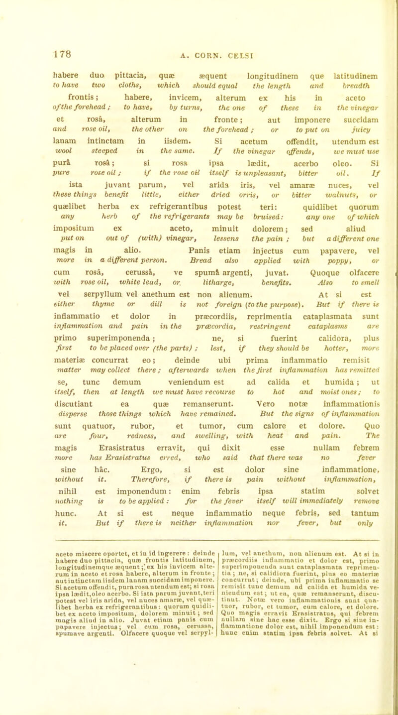 habere duo to have two frontis; D/the forehead et a7id lanam wool pui& pure ista these thingi quaelibet any impositum put on quae which losa, rose oilt intinctam steeped T0»^; rose oil ; juvant benefit herba ex herb of ex pittacia, cloths^ habere, to havSt alterum in the other on in iisdera. in the same. aequent longitudinem should equal the length invicem, alterum ex his b</ turns, the one of these que and in rosa the rose oH parum, little, vel either refrigerantibus potest the refrigerants may be aceto, minuit fronte; aut the forehead ; or Si acetum // the vinegar ipsa la!dit, itself is unpleasant, arida iris, vel dned orris, or teri: imponere to put on oifendit, offends, acerbo bitter amarae bitter litharge. m in the out of (with) vinegar, lessens magis in alio. Panis etiam Tnore in a different person. Bread also cum rosa, cerussi, ve spum& argenti with rose oil, white lead, or vel serpyllum vel anethum est either thyme or dill is infiammatio et dolor inflammation and pain primo superimponenda; first to be placed over (the parts) ; materiae concurrat eo; deinde matter may collect there; afterwards when se, tunc demum veniendum est itself, then at length we m^lst have recourse discutiant ea quie remanserunt. disperse those things which have remained. sunt quatuor, rubor, et tumor. latitudinem breadth aceto the vinegar succidam juicy utendum est we must use oleo. Si oil. If nuces, vel walmtts, or quidlibet quorum any one of which sed aliud but a different one cum papavere, vel with poppy, or Quoque olfacere Also to smell non alienum. At si est not foreign (to the purpose). But if thei e is prsECordiis, reprimentia cataplasmata sunt prtEcordia, restringent cataplasms are ne, si fuerint calidora, plus lest, if they should be hotter, mom ubi prima inflamraatio remisit the first inflamnuition has remitted ad calida et humida; ut to hot and Vero not8B But the signs cum calore et bruised ; dolorem; the paiji ; injectus applied , juvat. benefits. magis more sine without nihil nothing hunc. it. four, redness, and swelling, with heat and Erasistratus erravit, qui dixit esse has Erasistratus erred, who said that there was h^c. it. est is At But Ergo, Therefore, imponendum: to be applied : si est if there is SI if enim for neque neither dolor pain est there is febris the fever infiammatio inflammation sme without ipsa statim itself will immediately moist ones; to inflammation is of inflammation dolore. Quo pain. The uullam febrem no fever inflammatione, itiflammation, solvet remove neque nor febris, fever. sed but tantum only aceto miscere oportet, et in id ingerere : delude habere duo pittsciu, quro froutia Iiititudiuem, lougpitudiueinque ajqueut^'ex bis iuvicem nlte- rura iu aceto et rosa habere, alterum in fronte ; aut intiuctnm iisdera launra succidam impouere. Si acetum oiTeudi t, pura rosa utendum est; si rosii ipsa losditfOleo ncerbo. Si ista parum juvant,teri fiotest Tel iris arida, vel nuces ainariw, vel quie- ibet herba ex refrig-erantibus: quorum quidli- bet ex aceto impositum, dolorem minuit ; sed inug:i8 aliud in alio. Juvat etiam pauis cum papavere injectus; vel cum rosa, cerussu, spumave urgcuti. Olfacere quoque vel serpyl- lum, vel nnethuni, non alienum est. At si in pra'cordiis iuHitnimatio et dolor est, primo superimponenda sunt cataplasmata reprimen- tia ; ne, si cntidiora fuerint, plus eo material concurrat; delude, ubi prima infiammatio se remisit tunc demum ad cnlida et humida ve- niendum eat; ut ea, quaj remanserunt, discu- tiant. Nota: vero iutlammatiouis sunt qua- tuor, rubor, et tumor, cum calore, el dolore. Quo magpis erravit KrasistratuB, qui febrem nullum sine hac esse dixit. Er^o si sine in- flammatione dolor est, nihil imponendum est: hunc enim statim ipsa febris solvet. At si