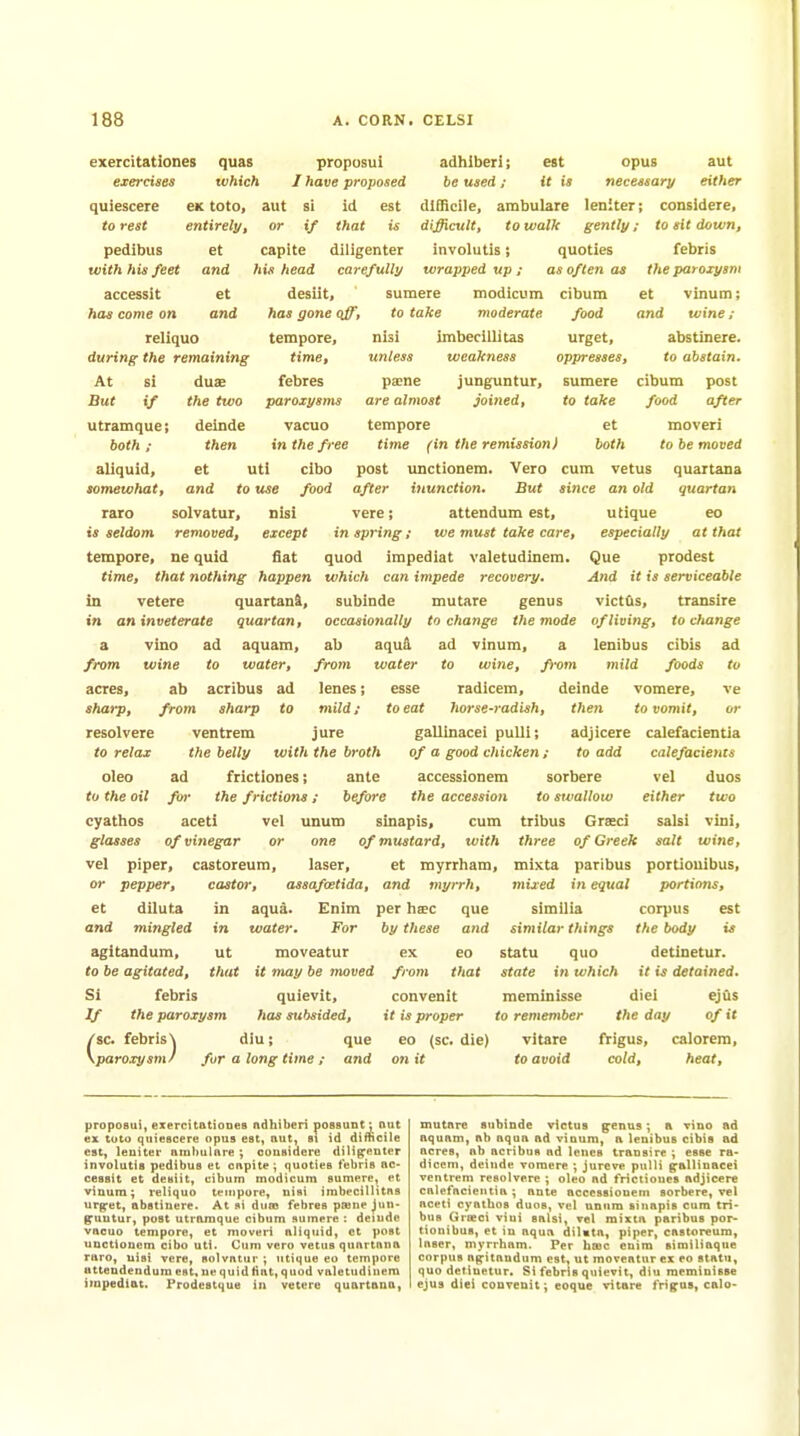 exercitationes quas exercises which quiescere ck toto, to rest entirely, pedibus et with his feet and accessit et hoi come on and reliquo during the remaining At si duse But if the two utramque; deinde both ; then aliquid, et uti tomewhat, and to use raio solvatur, nisi is seldom removed, except adhiberi; est opus aut be used; it is necessary either difficile, ambulare leniter; considere, difficult, to walk gently; to sit down, proposui / have proposed aut si id est or if that is capita dlligenter involutis i quoties his head carefully wrapped up ; as often as desilt, sumere modicum cibum has gone qff, to take moderate nisi unless pa;ne are almost tempore, time, febres paroxysms vacuo in the free cibo food vere; in spring ; food urget, oppresses, jmbecillitas weakness junguntur, sumere joined, to take tempore et time (in the remission) both post unctlonem. Vero cum vetus after inunction. But since an old febris the paroxysm et vinum; and wine ; abstinere. to abstain. cibum post food after moveri to be moved quartana quartan attendum est, we must take care. eo at that tempore, ne quid flat quod impediat valetudinem. time, that nothing happen which can impede recovery. in vetere quartani, subinde mutare genus in an inveterate a vino ad aquam, from wine to water, acres, ab acrlbus ad sharp, from sharp resolvere to relax oleo quartan. to utique especially Que prodest And it is serviceable victOs, transire of living, to change lenibus cibis ad mild foods to occasionally to change the mode ab aqud ad vinum, a from water to wine, fivm lenes; esse radlcem, deinde vomere, ve mild; to eat horse-radish, then to vomit, or ventrem jure gallinacei pulli; adjlcere calefacientia the belly with the broth of a good chicken ; to add calefacients ad frictlones; ante accessionem sorbere vel duos to the oil cyathos glasses vel piper; or pepper, et diluta and mingled agitandum, to be agitated. Si febris If the paroxysm two for the frictions; before the accession to swallow either aceti vel unum sinapis, cum tribus Grsci salsi vini, of vinegar or one of mustard, with three of Greek salt wine, castoreum, laser, et myrrham, mixta paribus portiouibus, mixed in equal portions. castor, assafostida, and myrrh, in aqua. Enim per haec que tn water. ut that For and (sc. febris N paroxysm) by these moveatur ex eo it may be moved from that quievit, convenit has subsided, it is proper diu; que eo (sc. die) for a long time ; and on it similia similar things statu quo state in which est meminisse to remember vitare to avoid corpus the body is detinetur. t7 u detained. diei ejas the day of it frigus, calorera, cold, heat. proposui, exercitatioues ndhiberi posaunt: nut ex tuto quiescere opus est, nut, si id dinicile est, leniter arobulftre ; couaidere diligrenter involutta pedibus et cnpite; quotiea febria nc- cessit et desiit, cibum modicum sumere, et viaum; reliquo tempore, nini imbecillitns urp-et, abstinere. At si duas febrea pajne ^un- f^uutur, post utramque cibum sumere : delude vacuo tempore, et moveri aliquid, et post unctiouem cibo uti. Cum vero vetus quartana raro, uiai vere, solvatur ; utique eo tempore utteudendumeat,uequidtiat,quod valetudiuem impediat. Frodestque in vetere quartona, mutare subinde vlctus ^enus; a vino ad aquam, ab aqua ad vinum, a lenibus cibis ad acres, ah acribua ad lenes Iranaire ; esse ra- dicem, deinde vomere ; jureve puUi g:allinacei ventrem resolvere ; oleo ad frictiouea ndjicere calefacientia ; ante accessionem aorbere, vel aceti cyatbos duos, vel unum sinapis cum tri- bus Grteci vini aalsi, vol mixta paribua por* tiouibua, et in aqu.i dilvta, piper, castoreum, laaer, myrrham. Per hsac enim eimiliaqne corpus ng:itandum cat, ut moveatur ex eo statu, quo detinetur. Si febris quievit, diu roeminiase ejus diei couveuit; eoque vitare friffus, calo-