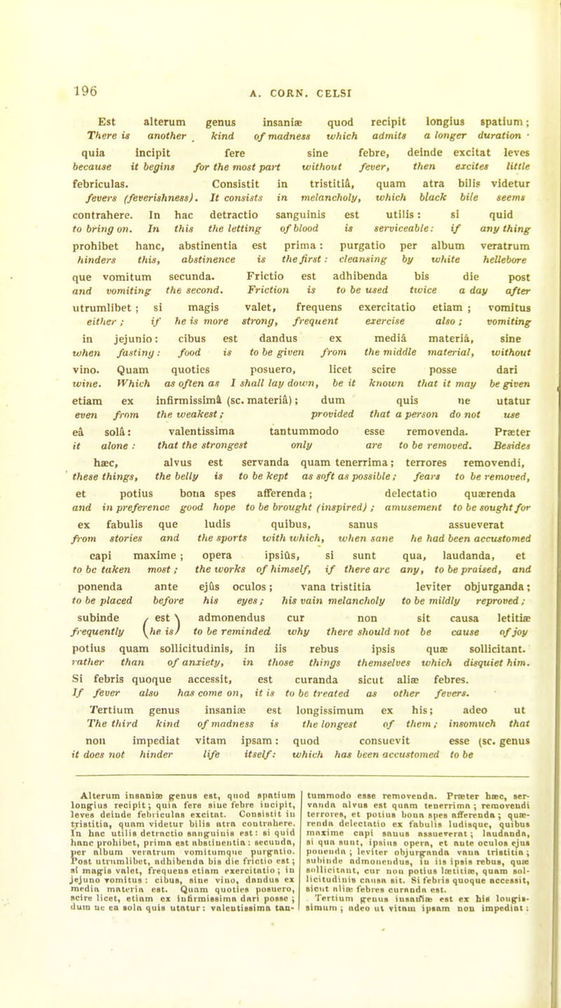 Est alterum genus insaniae quod recipit longius spatium; There is another kind of madness which admits a longer duration' quia Incipit fere sine febre, delude excitat levcs because it begins for the most part without fever, then excites little febriculas. Consistit fevers (feverishness), It consists contrahere. In hac detractio to bring on. In this the letting prohibet hanc, abstinentia est hinders this, abstinence is vomitum secunda. Frictio vomiting the second. Friction que and sanguinis of blood est tristit!^, melancholy, est quam which atra bilis videtur black bile seems utilis: si quid serviceable: if any thing prima: purgatio per album veratrura the first: cleansing by white hellebore adhibenda bis die post a day after to be used tivice utrumlibet ; either ; magis he is more in when vino. wine. etiam even jejunio: fasting: Quam tVhich ex from ea sola: it alone ■■ valet, frequens strong, frequent cibus est dandus ex food is to be given from quoties posuero, licet as often as I shall lay down, be it infirmissiml (sc. materid); dum the weakest; provided valentissima tantummodo that the strongest only alvus est the belly is exercitatio exercise media the middle scire known etiam j also; materia, material, posse that it may quis ne that a person do not esse removenda. are to be removed. servanda quam tenerrima; terrores removendi, to be kept as soft as possible; fears to be removed. vomitus vomiting sine without dari 6e given utatur use Prseter Besides haec, these things, et potius bona spes afferenda; delectatio qusrenda and in preferenoc good hope to be brought (inspired) ; amusement to be sought for que and ex fabulis fi-om stories cap! maxime to be taken ponenda to be placed subinde frequently potius quam most ; ante before ( \he IS/ assueverat he had been accustomed qua, laudanda, et ony, to be praised, and leviter objurganda; to be mildly reproved ; sit causa letitue ludis quibus» sanus the sports with which, zvhen sane opera ipsiCis, si sunt the works of himself, if there are ejCis oculos; vana tristltia his eyes; 7iisvain melancholy admoDendus cur non to be reminded why there should not be cause of joy sollicitudinis, in iis rebus ipsis quse solIicitaDt. tlwse things themselves whicfi disqtiiet him. est curanda sicut alice febres. // fever also has come oti, it is to be treated as other fevers. Tertium genus insanife est longissimura ex his; adeo ut The third kind of madness is the longest of them; insomuch that nou impediat vitam ipsam: quod consuevit esse (sc. genus it does not hinder life itself: which has been accustomed to be rather than of anxiety, SI febris quoque accessit. Alterum insaniCQ penus est, qiiod spatium lonpius recipit; quia fern siue fehre iucipit, leves delude febiiculnB excitnt. Consistit in tristitia, quam videtur bilis atra coutnihtre. In hac utilia detractio snnguiuia eat: si quid )iauc prohibet, prinin est abstiuentia: secuudn, per album vcratrum vomltumque purgatio. Post utrumlibet, adhibrnda bis die fnctio vst; si mag-is valot, frequeus etiam exercitatio; iu jejuno romitus : cibus, siue vino, daiidus ex rafdia materia est. Quam quoticn posuero, Rclre licet, etiam ex iiitirmiBsima dari posse ; dum uu ea sola quis utntur: valeutissima tan- tummodo esse removenda. Prreter hac, ser- vanda alvus est quam troerrima ; removeudi terrores, et potius buna spes affen^iida ; quae- renda delectatio ex fabulis ludisque, quibus maxime capi sauus assueverat; laudanda, si qua aunt, ipsius opera, et aute oculos ejus ponenila ; leviicr objurganda vaua tristitia; subinde adinonendus, tu lis ipsis rebus, qufe fiollieittint, cur nou potius tcetiiiic, quam soU licitudiiiis causn sit. Si febris quoque accessit, siciit alia- febres curaodfi est. Tertium g-fuus iusaiTia) est cx his loiig-ii- simum ; ndeo ut vitam ipsam non impediat: