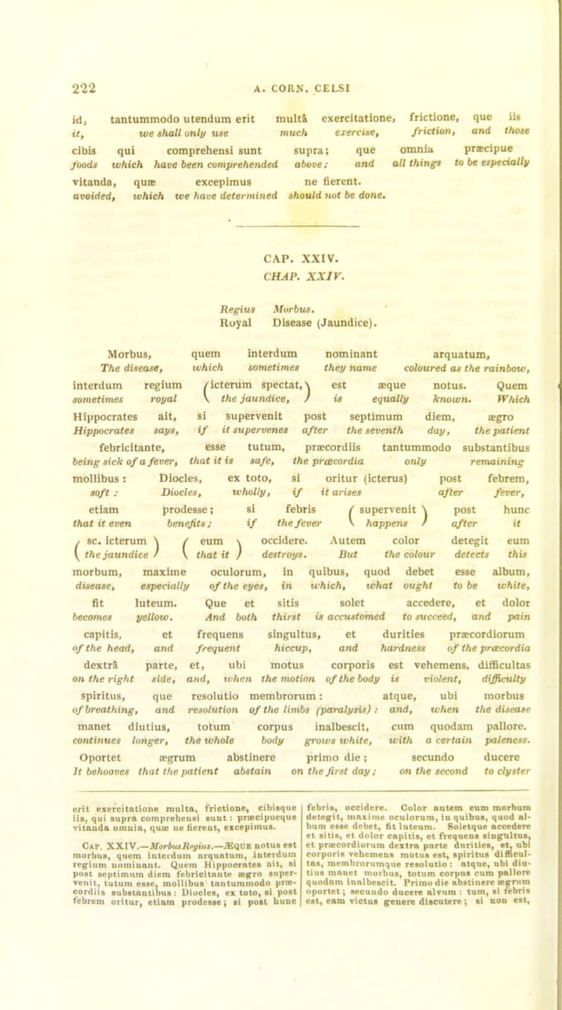 id, tantummodo utendum erit multi exercltatione, frictione, que iis it, tve shall unti/ use much eiercUe, friction, and those cibis qui comprehensi sunt supra; que omnia pracipue foods which have been comprehended above; and all things to be especially vitanda, quae cxcepimus ne fierent. avoided, which we liave determined should not be done. CAP. XXIV. CHAP. xxir. Regius Royal Morbus, Disease (Jaundice) Morbus, The disease, interdum regium sometimes royal Hippocrates ait, Hippocrates says, febricitante, being sick of a fever, mollibus: Diodes soft : Diodes. quern which Interdum sometimes arquatum, coloured as the rainbow. /icterum spectat,\ V the jaundice, ) notus. known, Quem Which SI supervenit if it supervenes esse tutum, that it is safe, ex toto, wholly, if the preBcordia only si oritur (icterus) etiam that it even prodesse; benefits ; (sc. icterum N / the jaundice ) \ morbum, maxime Autem But especially luteum. yellow. et and disease, fit becomes capitis, nf the head, dextrS on the right spiritus, of breathing, manet diutius, continues longer, si febris if thefever eum \ occidere. that it ) destroys. oculorum, in quibus, of the eyes, in which. Que et sitis And both thirst singultus, et nominant they name est £eque is equally post septimum diem, aegro after the seventh day, the patient praecordiis tantummodo substantibus retnaining post febrem, after fever, post hunc after it detegit eum detects this esse album, to be white, solet accedere, et dolor 15 accttstomed to succeed, and pain durities prajcordiorum it arises (supervenit \ happens ' color the colour quod debet what ought frequens frequent hiccup, and hardness of the prcecordia et, ubi motus corporis est vehemens, difficultas and, when the motion of the body is violent, difficulty resolutio membrorum: atque, ubi morbus resolution of the limbs (paralysis): and, when the disease totum corpus inalbescit, cum quodam pallore. t?ie whole body grows white, with a certain paleness. Oportet ipgrum abstinere primo die; secundo ducere It behooves that the patient abstain on the first day; on the second to clyster parte, side, que and erit exercltatione multa, frictioDO, cibisqtie iis, qui supra compreheuBi suut: prajcipueque vitanda omnia, quo^ ue tiereut, Hxcepimus. C*r. XXlV.—MarbiuRfsiiis.—MliVZ notuo est morbus, quem interdum nrqufttuni, interdum repium uomiQaut. Quem Hippoorates ait, si post septimum diem febricitante mfcro super- venit, tutum esse, mollibus tantummodo prro- cordiis substantibus: Diodes, ex toto, at post febrem oritur, etiam prodesse; si post hunc febris, occidere. Color nutem eum raorbam detegit, mnxinie oculorum, in quibus, quod al- bum esse debet, tit luteum. Soletque accedere et sitis, et dolor capitis, et frequens singultus, et priccordiorum dextra parte durities, et, ubi corporis vehemens motus est, spiritus dimeul- tas, raembrorumque resolutio: atque, ubi diu- tius manet morbus, totum corpus cum pallore quodam inalbescit. Primo die abstinere icf mm oportet; secundo ducere alvum : tum, si tebris est, cam victus g^cuerc discutere; si oon est,